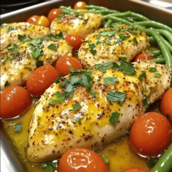 - Chicken and Marinade Components - 4 boneless, skinless chicken breasts - 2 tablespoons olive oil - 2 lemons (zested and juiced) - 4 garlic cloves, minced - 1 teaspoon dried oregano - 1 teaspoon dried thyme - 1 teaspoon dried basil - Salt and pepper to taste The star of this dish is the chicken. Boneless, skinless chicken breasts cook quickly and soak up the flavors well. The marinade combines bright lemon, garlic, and herbs. This mixture adds a zesty kick that makes each bite delightful. - 1 cup cherry tomatoes, halved - 1 cup green beans, trimmed The cherry tomatoes burst with flavor, and the green beans add crunch. They cook alongside the chicken, soaking up the lemony essence. This balance of flavors creates a fresh and tasty meal that will impress anyone. - Fresh parsley, chopped (for garnish) Fresh parsley adds a pop of color and a hint of earthiness. It brightens the dish and makes it look beautiful. You can sprinkle it on top just before serving for a perfect finish. For the complete cooking guide, check the Full Recipe to bring this dish to life. First, gather your chicken breasts. Four boneless, skinless pieces work best. Rinse them under cold water and pat them dry with paper towels. This step is key for a nice sear later. Place the chicken in a large mixing bowl. Make sure you have enough space for the marinade too. Now, let’s make the flavorful marinade. In the same bowl, add two tablespoons of olive oil. Then, zest and juice two lemons. The lemon adds a bright taste. Next, mince four garlic cloves and toss them in. For the herbs, add one teaspoon each of dried oregano, thyme, and basil. Finally, season with salt and pepper. Use a whisk to mix everything until it's well combined. This marinade is packed with flavor! After marinating, it's time to cook. Preheat your oven to 400°F (200°C). Place the marinated chicken in a large oven-safe skillet. Pour any leftover marinade over the chicken. Now, add one cup of halved cherry tomatoes and one cup of trimmed green beans around the chicken. Drizzle a bit more olive oil on the veggies and sprinkle with salt and pepper. Put the skillet in the oven and bake for 25-30 minutes. The chicken should reach an internal temperature of 165°F (75°C). The veggies will be tender and fragrant. Once done, take the pan out and let it rest for a few minutes. Garnish with fresh parsley for a pop of color. You can find the full recipe at the beginning of this article. Enjoy your meal! To cook the best chicken, start with fresh breasts. Marinating is key for flavor. I recommend marinating for at least 15 minutes. For deeper taste, let it sit longer in the fridge. Always check the chicken's internal temperature. It should reach 165°F (75°C) for safety. Let the chicken rest after baking. This helps keep it juicy and tender. Use fresh herbs when possible. They add vibrant taste. If using dried herbs, remember they are more potent. For this recipe, I like to use oregano, thyme, and basil. Mix them well in the marinade. The lemon juice brightens the flavors. Try to chop herbs finely to release their oils. This leads to a more intense taste in your dish. For a beautiful presentation, serve directly from the pan. Add a sprinkle of fresh parsley on top. This not only adds color but also freshness. Pair the dish with a side like couscous or quinoa. These grains soak up the zesty lemon juices well. You can also serve it with a crisp salad for a light meal. For more ideas and tips, check the Full Recipe. {{image_2}} You can switch up the vegetables for more flavor. Try bell peppers, zucchini, or asparagus. These veggies roast well and add color to the dish. You can also mix in some baby spinach for added nutrition. Just toss them in with the chicken, and they will cook nicely. While baking is the classic method, you can grill this dish too. Just marinate the chicken as before. Then, grill it over medium heat for 6-7 minutes on each side. You could also use a slow cooker. Cook the chicken on low for 4-6 hours for a tender texture. Each method gives a unique taste and feel to the meal. Want to boost the flavor? Add some red pepper flakes for heat. A splash of white wine in the marinade can deepen the taste. You can also use fresh herbs like rosemary or dill instead of dried. Each tweak helps bring out the fresh, bright notes of lemon and herb. For a fun twist, try adding a teaspoon of honey for a sweet touch. I love to enjoy One-Pan Lemon Herb Chicken for days. To store leftovers, let the chicken cool first. Place it in an airtight container. Add the vegetables too. This helps keep the flavors fresh. Store it in the fridge for up to 3 days. If you need to keep it longer, freezing is a great option. When you’re ready to eat, reheating is simple. Take the chicken and veggies out of the fridge. You can reheat them in the oven. Set your oven to 350°F (175°C). Place the dish in the oven for about 15-20 minutes. You want it hot all the way through. You can also use a microwave. Heat in short bursts, checking often. If you want to freeze this meal, it’s easy! Wrap the chicken and veggies tightly. Use plastic wrap or foil, then place them in a freezer bag. Label the bag with the date. You can freeze it for up to 3 months. When you’re ready to enjoy it, thaw overnight in the fridge. Reheat it as mentioned before. This meal stays tasty even after freezing! You’ll find the full recipe helpful for making this dish. I recommend marinating the chicken for at least 15 minutes. This short time lets the flavors soak in. If you have more time, marinate it in the fridge for up to two hours. The longer you marinate, the more flavorful the chicken will be. Just be careful not to marinate too long; the acid from the lemon can make the chicken tough. Yes, you can use bone-in chicken thighs. They add a rich flavor to the dish. Just remember that bone-in chicken takes longer to cook than breasts. You will need to bake them for about 10-15 minutes longer. Always check the internal temperature; it should reach 165°F (75°C) for safety. One-Pan Lemon Herb Chicken pairs well with many sides. You can serve it with couscous or quinoa to soak up those tasty juices. A fresh green salad with lemon vinaigrette complements the dish, too. Roasted potatoes or crusty bread are also great options. These sides balance the lemony flavors and make your meal complete. For the full recipe, check out the detailed instructions above. This blog post covers the key ingredients, step-by-step cooking instructions, and helpful tips for making One-Pan Lemon Herb Chicken. We talked about prepping chicken, creating a tasty marinade, and cooking it perfectly in the oven. You learned how to enhance flavors with herbs and the best ways to serve it. Remember, this dish is flexible. You can change veggies, try new cooking methods, or store leftovers easily. I hope you feel excited to create your own delicious meal!