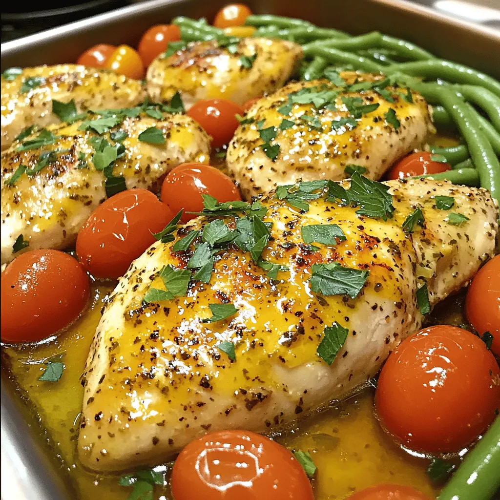 - Chicken and Marinade Components - 4 boneless, skinless chicken breasts - 2 tablespoons olive oil - 2 lemons (zested and juiced) - 4 garlic cloves, minced - 1 teaspoon dried oregano - 1 teaspoon dried thyme - 1 teaspoon dried basil - Salt and pepper to taste The star of this dish is the chicken. Boneless, skinless chicken breasts cook quickly and soak up the flavors well. The marinade combines bright lemon, garlic, and herbs. This mixture adds a zesty kick that makes each bite delightful. - 1 cup cherry tomatoes, halved - 1 cup green beans, trimmed The cherry tomatoes burst with flavor, and the green beans add crunch. They cook alongside the chicken, soaking up the lemony essence. This balance of flavors creates a fresh and tasty meal that will impress anyone. - Fresh parsley, chopped (for garnish) Fresh parsley adds a pop of color and a hint of earthiness. It brightens the dish and makes it look beautiful. You can sprinkle it on top just before serving for a perfect finish. For the complete cooking guide, check the Full Recipe to bring this dish to life. First, gather your chicken breasts. Four boneless, skinless pieces work best. Rinse them under cold water and pat them dry with paper towels. This step is key for a nice sear later. Place the chicken in a large mixing bowl. Make sure you have enough space for the marinade too. Now, let’s make the flavorful marinade. In the same bowl, add two tablespoons of olive oil. Then, zest and juice two lemons. The lemon adds a bright taste. Next, mince four garlic cloves and toss them in. For the herbs, add one teaspoon each of dried oregano, thyme, and basil. Finally, season with salt and pepper. Use a whisk to mix everything until it's well combined. This marinade is packed with flavor! After marinating, it's time to cook. Preheat your oven to 400°F (200°C). Place the marinated chicken in a large oven-safe skillet. Pour any leftover marinade over the chicken. Now, add one cup of halved cherry tomatoes and one cup of trimmed green beans around the chicken. Drizzle a bit more olive oil on the veggies and sprinkle with salt and pepper. Put the skillet in the oven and bake for 25-30 minutes. The chicken should reach an internal temperature of 165°F (75°C). The veggies will be tender and fragrant. Once done, take the pan out and let it rest for a few minutes. Garnish with fresh parsley for a pop of color. You can find the full recipe at the beginning of this article. Enjoy your meal! To cook the best chicken, start with fresh breasts. Marinating is key for flavor. I recommend marinating for at least 15 minutes. For deeper taste, let it sit longer in the fridge. Always check the chicken's internal temperature. It should reach 165°F (75°C) for safety. Let the chicken rest after baking. This helps keep it juicy and tender. Use fresh herbs when possible. They add vibrant taste. If using dried herbs, remember they are more potent. For this recipe, I like to use oregano, thyme, and basil. Mix them well in the marinade. The lemon juice brightens the flavors. Try to chop herbs finely to release their oils. This leads to a more intense taste in your dish. For a beautiful presentation, serve directly from the pan. Add a sprinkle of fresh parsley on top. This not only adds color but also freshness. Pair the dish with a side like couscous or quinoa. These grains soak up the zesty lemon juices well. You can also serve it with a crisp salad for a light meal. For more ideas and tips, check the Full Recipe. {{image_2}} You can switch up the vegetables for more flavor. Try bell peppers, zucchini, or asparagus. These veggies roast well and add color to the dish. You can also mix in some baby spinach for added nutrition. Just toss them in with the chicken, and they will cook nicely. While baking is the classic method, you can grill this dish too. Just marinate the chicken as before. Then, grill it over medium heat for 6-7 minutes on each side. You could also use a slow cooker. Cook the chicken on low for 4-6 hours for a tender texture. Each method gives a unique taste and feel to the meal. Want to boost the flavor? Add some red pepper flakes for heat. A splash of white wine in the marinade can deepen the taste. You can also use fresh herbs like rosemary or dill instead of dried. Each tweak helps bring out the fresh, bright notes of lemon and herb. For a fun twist, try adding a teaspoon of honey for a sweet touch. I love to enjoy One-Pan Lemon Herb Chicken for days. To store leftovers, let the chicken cool first. Place it in an airtight container. Add the vegetables too. This helps keep the flavors fresh. Store it in the fridge for up to 3 days. If you need to keep it longer, freezing is a great option. When you’re ready to eat, reheating is simple. Take the chicken and veggies out of the fridge. You can reheat them in the oven. Set your oven to 350°F (175°C). Place the dish in the oven for about 15-20 minutes. You want it hot all the way through. You can also use a microwave. Heat in short bursts, checking often. If you want to freeze this meal, it’s easy! Wrap the chicken and veggies tightly. Use plastic wrap or foil, then place them in a freezer bag. Label the bag with the date. You can freeze it for up to 3 months. When you’re ready to enjoy it, thaw overnight in the fridge. Reheat it as mentioned before. This meal stays tasty even after freezing! You’ll find the full recipe helpful for making this dish. I recommend marinating the chicken for at least 15 minutes. This short time lets the flavors soak in. If you have more time, marinate it in the fridge for up to two hours. The longer you marinate, the more flavorful the chicken will be. Just be careful not to marinate too long; the acid from the lemon can make the chicken tough. Yes, you can use bone-in chicken thighs. They add a rich flavor to the dish. Just remember that bone-in chicken takes longer to cook than breasts. You will need to bake them for about 10-15 minutes longer. Always check the internal temperature; it should reach 165°F (75°C) for safety. One-Pan Lemon Herb Chicken pairs well with many sides. You can serve it with couscous or quinoa to soak up those tasty juices. A fresh green salad with lemon vinaigrette complements the dish, too. Roasted potatoes or crusty bread are also great options. These sides balance the lemony flavors and make your meal complete. For the full recipe, check out the detailed instructions above. This blog post covers the key ingredients, step-by-step cooking instructions, and helpful tips for making One-Pan Lemon Herb Chicken. We talked about prepping chicken, creating a tasty marinade, and cooking it perfectly in the oven. You learned how to enhance flavors with herbs and the best ways to serve it. Remember, this dish is flexible. You can change veggies, try new cooking methods, or store leftovers easily. I hope you feel excited to create your own delicious meal!