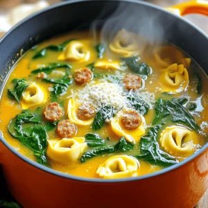 For a tasty Sausage Spinach Tortellini Soup, gather these items: - 1 tablespoon olive oil - 1 pound Italian sausage (mild or spicy, your choice), casing removed - 1 medium onion, diced - 3 cloves garlic, minced - 4 cups low-sodium chicken broth - 1 can (14.5 oz) diced tomatoes, with juice - 2 cups fresh spinach, roughly chopped - 1 cup cheese tortellini (fresh or frozen) - 1 teaspoon Italian seasoning - Salt and pepper to taste - Grated Parmesan cheese, for serving These ingredients blend well to create a warm and filling meal. If you don’t have certain ingredients, don’t worry! Here are some swaps you can try: - Use ground turkey or chicken instead of Italian sausage for a lighter option. - Swap onion for shallots or leeks if you prefer a milder taste. - You can use vegetable broth instead of chicken broth for a vegetarian version. - Any small pasta can replace tortellini if you can’t find it. - Fresh spinach can be switched out for kale or Swiss chard. These substitutions keep the soup tasty while allowing you to use what you have. To make this soup, you’ll need a few handy tools: - A large pot for cooking the soup - A cutting board and knife for chopping - A wooden spoon or spatula for stirring - A measuring cup for broth and tortellini - A ladle for serving the soup These tools will make your cooking process smooth and enjoyable. For the complete recipe, check out the Full Recipe. To make this soup, start by heating the olive oil in a large pot over medium heat. Add the Italian sausage. Cook it until it is browned and crumbled, about 5 to 7 minutes. This gives your soup a rich, meaty base. Next, add the diced onion. Cook it until it becomes soft and clear, around 3 to 4 minutes. Then, stir in the minced garlic and let it cook for one more minute. The garlic will smell great! Now, pour in the low-sodium chicken broth along with the diced tomatoes and their juice. Bring this mix to a simmer. Once it is bubbling, add the cheese tortellini and Italian seasoning. Cook as the tortellini package says, usually about 3 to 5 minutes. After that, stir in the fresh spinach. Let it wilt for about 2 minutes. Taste the soup and add salt and pepper as needed. Finally, remove the pot from heat. Serve it hot and sprinkle some grated Parmesan cheese on top for extra flavor. To make this soup the best it can be, choose good quality sausage. The flavor of the sausage is key. You can use mild or spicy sausage based on your taste. If you want a thicker soup, add more tortellini or reduce the broth a bit. For extra flavor, you can add a splash of lemon juice before serving. This brightens the taste. If you have leftover soup, store it in a sealed container in the fridge. It will stay fresh for about 3 to 4 days. Reheat it gently on the stove or in the microwave. Add more broth if it seems too thick after storing. The total cooking time for this soup is about 25 minutes. Prep takes around 10 minutes, while cooking takes about 15 minutes. Keep the heat at medium for the best results. Avoid high heat, as it can burn the sausage or garlic. Always check the tortellini package for specific cooking times. If you follow these steps, you’ll enjoy a delicious Sausage Spinach Tortellini Soup. For the full recipe, check the earlier section! To make your Sausage Spinach Tortellini Soup even better, try these ideas: - Use fresh herbs like basil or thyme for a bright taste. - Add a splash of lemon juice to brighten flavors. - Swap the chicken broth for homemade broth for deeper flavor. - For a spicy kick, add red pepper flakes to the soup. - Stir in a dollop of pesto just before serving for richness. Here are some common mistakes that can ruin your soup: - Overcooking the tortellini can make it mushy. - Not browning the sausage enough leads to less flavor. - Skipping the salt can make the soup bland. - Adding spinach too early can cause it to lose color and texture. - Using low-quality broth can dull the soup's taste. Serve this soup with a few tasty sides: - Pair it with crusty bread for dipping. - Add a fresh salad with a light vinaigrette. - Top with extra grated Parmesan cheese for a savory finish. - Serve with a glass of white wine for a comforting meal. - Enjoy it with a sprinkle of fresh herbs for a colorful touch. By following these tips and tricks, your Sausage Spinach Tortellini Soup will be a hit at your table! For a full recipe, check the recipe section above. {{image_2}} To make a vegetarian version of this soup, skip the sausage. Use plant-based sausage or mushrooms for a hearty feel. For flavor, add smoked paprika or a splash of soy sauce. This will pack a punch without meat. You can also add beans for protein, like chickpeas or white beans. These choices keep the soup filling and delicious. Want to pack in more veggies? You can add carrots, zucchini, or bell peppers. Just chop them small so they cook quickly. Add them with the onion for the best flavor. You can also toss in frozen peas or corn at the end. They add sweetness and color to your soup. Don't be shy to experiment here; each mix makes a new dish. If you want to switch proteins, try chicken or turkey. Ground chicken or turkey works well instead of sausage. Cook it until it's browned, just like you would with sausage. You can also use lentils for a plant-based option. They will soak up flavor and make your soup filling. Each choice gives a fresh twist to the classic recipe. For the full recipe, you can refer back to the main section. After enjoying your Sausage Spinach Tortellini Soup, let it cool down. Use an airtight container for storage. This helps keep the flavors fresh. You can store the soup in the fridge for up to three days. If you see any signs of spoilage, like a strange smell, toss it out. Want to save some soup for later? Freezing is a great option. First, let the soup cool completely. Then, pour it into freezer-safe containers. Leave some space at the top, as liquids expand when frozen. You can freeze the soup for up to three months. Just remember to label the container with the date. When you are ready to enjoy your soup again, take it out of the fridge or freezer. If frozen, let it thaw overnight in the fridge. To reheat, pour the soup into a pot over medium heat. Stir often to avoid burning. Heat until it is hot throughout. You can also use a microwave, but stir halfway through for even heating. Enjoy that warm, comforting bowl! If you don't have tortellini, use other pasta shapes. Small shells or elbows work well. You can also try gnocchi for a fluffy texture. Just adjust cooking times as needed. To add heat, use spicy Italian sausage instead of mild. You can also add red pepper flakes. A dash of hot sauce can boost the spice level too. Start with a small amount and taste as you go. Yes, you can make this soup ahead of time. It tastes great after the flavors blend overnight. Just store it in the fridge. Reheat it gently on the stove before serving. This soup stays fresh for about 3 to 4 days in the fridge. Make sure to store it in an airtight container. If you want it to last longer, consider freezing it. For the full recipe, check the earlier section. This article covered how to make delicious Sausage Spinach Tortellini Soup. We explored ingredients, step-by-step cooking, and useful tips. I shared ways to vary the soup and how to store it well. Remember to enjoy your cooking journey. With simple swaps and tips, you can make this dish your own. Happy cooking!