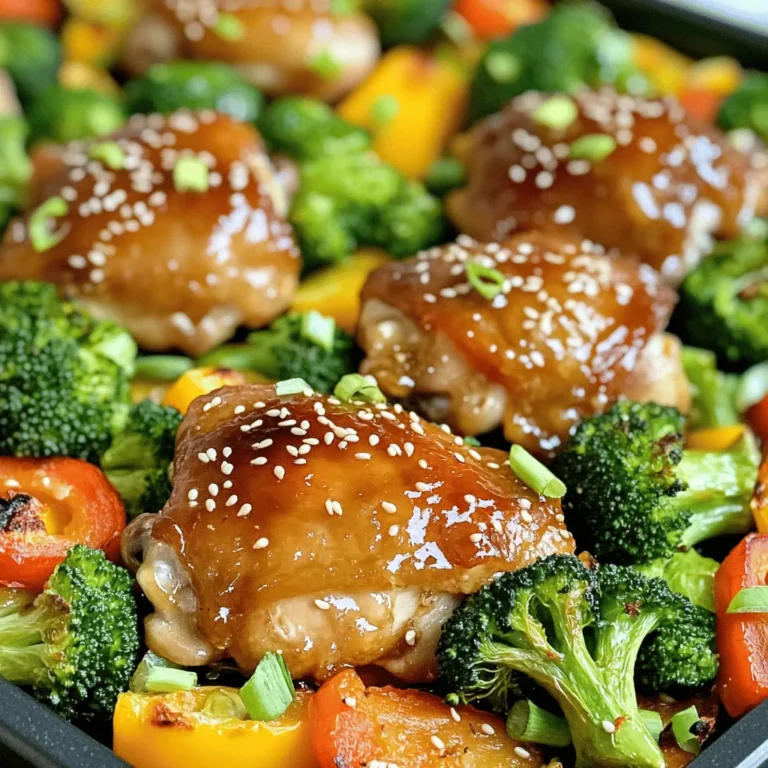 - 4 boneless, skinless chicken thighs - 2 cups broccoli florets - 2 cups bell peppers (mixed colors, sliced) - 1 cup carrots (sliced) For the main part of this dish, I use chicken thighs. They stay juicy and tender. I pair them with fresh vegetables for a balanced meal. Broccoli, bell peppers, and carrots add color and nutrients. You can mix and match your favorite veggies too. - 1/4 cup honey - 1/4 cup low-sodium soy sauce - 4 cloves garlic (minced) - 1 teaspoon fresh ginger (grated) The marinade is key to this dish. I blend honey, soy sauce, minced garlic, and grated ginger. This mix gives a sweet and savory taste. It will soak into the chicken and veggies, making each bite flavorful. - Sesame seeds - Chopped green onions For the final touch, I add sesame seeds and chopped green onions. They give the dish a nice crunch and fresh flavor. You can skip them, but they make the meal look more inviting. You can find the full recipe [here](#). First, preheat your oven to 400°F (200°C). This makes sure your dish cooks evenly. Next, line a large baking sheet with parchment paper. This helps with cleanup later. Now, let’s make the marinade. In a small bowl, whisk together the honey, soy sauce, minced garlic, grated ginger, and sesame oil. This mix brings a lot of flavor to our chicken. Set aside a few tablespoons for drizzling later. Take the chicken thighs and place them in a large bowl. Coat them thoroughly with the marinade. Make sure every piece gets good coverage. Season with salt and pepper to taste. Let the chicken marinate for at least 15 minutes. If you have more time, an hour is even better. This step helps the chicken soak in all that tasty goodness. While the chicken marinates, it's time to prepare the veggies. Cut the broccoli, bell peppers, and carrots into bite-sized pieces. In another bowl, toss them with olive oil, salt, and pepper. This ensures the veggies are well seasoned. When everything is ready, arrange the marinated chicken thighs on one side of the baking sheet. Put the veggies on the other side. This makes for a colorful and balanced meal. Now, it's time to bake! Place the baking sheet in the preheated oven. Bake for 25-30 minutes. This allows the chicken to cook through and the veggies to become tender. Make sure the internal temperature of the chicken reaches 165°F (74°C) to ensure it's safe to eat. To check doneness, you can use a meat thermometer or cut into the chicken to see if it’s no longer pink inside. Once done, remove the sheet from the oven. Drizzle the reserved marinade over the chicken and veggies for extra flavor before serving. Enjoy your delicious meal! For the complete recipe and measurements, check out the Full Recipe. To keep chicken juicy, do not overcook it. Use a meat thermometer to check. The chicken should reach 165°F. Let the chicken rest for a few minutes after baking. This helps it stay moist. For roasting vegetables, cut them evenly to ensure they cook at the same rate. Toss them in olive oil, salt, and pepper. This adds flavor and helps them caramelize. Broccoli, bell peppers, and carrots work great together. Pair this dish with rice or grains. White rice or brown rice are great choices. Quinoa or farro adds a nice texture and flavor, too. You can also serve it with a simple green salad. A light vinaigrette works well. Use a large sheet pan for even cooking. A rimmed pan helps catch juices and sauce. Parchment paper makes cleanup easy and prevents sticking. It allows the food to roast nicely without burning. You will love how simple it is to use. For best results, choose a high-quality baking sheet. You can find the full recipe to create this delightful meal. {{image_2}} You can change the protein in this dish. Try chicken breasts or shrimp instead of thighs. Both options cook well and soak up the marinade's flavors. If you want to switch up the veggies, use whatever you have on hand. Zucchini, asparagus, or green beans all work nicely. Just cut them into even pieces for uniform cooking. For an extra kick, add spices like red pepper flakes or smoked paprika. These spices give a nice depth to the dish. If you want to sweeten it differently, use maple syrup or agave nectar. Both options provide unique flavors while still balancing the dish. If you need gluten-free options, use tamari instead of soy sauce. This swap keeps the dish safe for those with gluten sensitivities. For low-carb choices, skip the honey and add more spices. You can also use cauliflower rice instead of regular rice for a satisfying meal. For a vegetarian version, replace the chicken with tofu or chickpeas. They absorb the marinade well and give you that hearty feel. To store leftovers, let the dish cool down. Place it in an airtight container. This keeps the flavors fresh. Store it in the fridge. It will stay good for up to 3 days. When reheating, use the oven or microwave. For the oven, set it to 350°F. Bake for about 15 minutes. For the microwave, heat on medium power. Stir halfway to ensure even warming. To freeze the cooked dish, let it cool completely first. Use a freezer-safe container or a zip-top bag. Remove as much air as possible to prevent freezer burn. It can last for up to 3 months in the freezer. To thaw, place it in the fridge overnight. For a quick thaw, use the microwave. After thawing, reheat in the oven at 350°F for best results. Avoid reheating multiple times to keep the chicken juicy. Leftovers will last about 3 days in the fridge. If you see any signs of spoilage, it’s best to discard them. Signs include an off smell, discoloration, or slimy texture. Always trust your senses when it comes to food safety. Yes, you can use boneless chicken breasts. They cook faster than thighs. If you choose breasts, reduce the cooking time by a few minutes. Check for the same internal temperature of 165°F (74°C) to ensure safety. I love using broccoli, bell peppers, and carrots. These veggies add color and flavor. Other good options include zucchini, asparagus, or snap peas. Just make sure they are cut to similar sizes for even cooking. The chicken is done when it reaches 165°F (74°C) internally. Use a meat thermometer for the best results. If you don’t have one, check if the juices run clear. There should be no pink meat. Yes, you can prep this dish ahead of time. Marinate the chicken and cut the veggies a day before. Store them in the fridge. When you’re ready, just bake them. This saves time on busy days. Absolutely! You can add red pepper flakes to the marinade. For more heat, try sriracha or chili paste. Adjust the amount based on your heat preference. It adds a nice kick to the sweet and savory flavors. For a full recipe, check out [Full Recipe]. In this article, we explored how to make sheet pan honey garlic chicken. We covered the key ingredients, from chicken thighs and fresh veggies to a tasty marinade. I shared step-by-step instructions on prepping, marinating, and baking for perfect results. You learned tips to keep the chicken juicy and how to enhance flavors. Variations give you room to customize this dish. Finally, we discussed best practices for storage and reheat. With these simple steps, you can enjoy a delicious and easy meal any night!