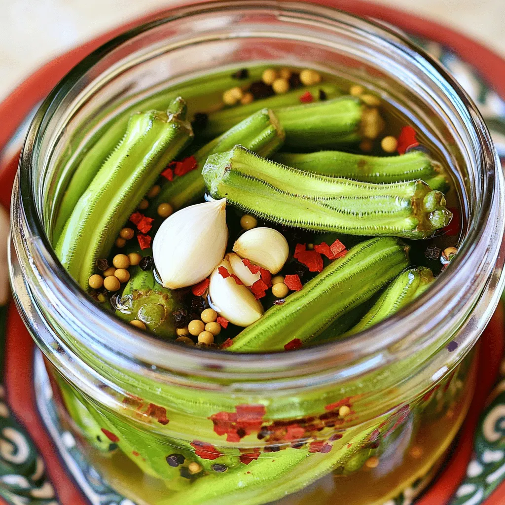 To make the best spicy garlic pickled okra, you need fresh ingredients. Here’s what you will need: - 1 pound fresh okra, trimmed - 4 cloves garlic, smashed These fresh ingredients give your pickled okra a vibrant taste. Always choose firm okra. It should be bright green and free from blemishes. The right spices make this recipe pop. Here are the key spices: - 1 teaspoon red pepper flakes (adjust to taste) - 1 tablespoon pickling salt - 1 tablespoon sugar - 1 teaspoon mustard seeds - 1 teaspoon black peppercorns Red pepper flakes add heat. Pickling salt helps preserve the okra. The sugar balances the flavors, while mustard seeds and black peppercorns add depth. Pickling requires some simple equipment. Make sure you have: - Medium saucepan - Sterilized jars with lids - Measuring cups and spoons The saucepan is for heating the brine. You need the jars to store your pickles. Sterilizing the jars keeps your pickled okra safe and tasty. For the full recipe, check out the detailed steps! First, wash the okra under cold water. This step is key to removing dirt. Next, trim the stems to keep the okra whole. Leaving the okra whole helps it stay crunchy. This texture is perfect for pickles. In a medium saucepan, combine the vinegar, water, sugar, and pickling salt. Heat the mix over medium heat. Stir until the salt and sugar dissolve. Bring it to a boil, and then remove it from heat. Let the brine cool for about 10 minutes. This cooling step is important for flavor. Grab some sterilized jars for packing. Place the smashed garlic, red pepper flakes, mustard seeds, and black peppercorns at the bottom. Pack the okra tightly into the jars. Leave some space at the top for brine. Carefully pour the cooled brine over the okra. Make sure all pieces are submerged. If needed, add more vinegar or water to cover the okra. Seal the jars with lids and let them cool to room temperature. Once cooled, refrigerate for at least 24 hours. This waiting lets the flavors mix well. For the best taste, let them sit longer. Enjoy your spicy garlic pickled okra! For the Full Recipe, refer to the earlier section. To make the best spicy garlic pickled okra, use fresh okra. Look for firm, vibrant pods. Trim the stems carefully, but leave the pods whole. This helps keep them crunchy. Sterilize your jars by boiling them in water for ten minutes. This step keeps your pickles safe and fresh. You can adjust the heat level by changing the red pepper flakes. Use less for milder pickles. For more zing, add sliced jalapeños to the jars. You can also try adding fresh herbs like dill or thyme. They add a new layer of flavor. If you want a sweeter taste, increase the sugar in the brine. Don't skip the brine cooling step. Pouring hot brine over the okra can make them mushy. Ensure all okra is fully submerged in the brine. This helps them pickle evenly. Avoid using table salt; it can make the brine cloudy. Stick to pickling salt for the best results. Follow the Full Recipe for more detailed guidance on making this dish. {{image_2}} You can easily spice up your pickled okra. Add slices of fresh jalapeños for heat. A few sprigs of dill can give a nice herbal note. For a sweet twist, try adding slices of carrot or bell pepper. They add color and crunch. You can also add a tablespoon of coriander seeds for a unique flavor. Each addition brings a new layer to your dish. If you want a milder version, use less red pepper flakes. You can swap apple cider vinegar for a sweeter taste. Instead of pickling salt, kosher salt works well too. Want to experiment? Try using different types of okra, like baby okra for a tender bite. Each change helps you create a flavor that suits your taste buds. Spicy garlic pickled okra shines as a snack or side dish. Serve it in a colorful bowl for a pretty display. Pair it with sandwiches or burgers for a crunchy contrast. You can also use it in salads for extra zest. For a fun twist, add it to your next cheese board. The bright flavors will impress your guests. If you want to learn more, check the Full Recipe for tips on presentation. After making your spicy garlic pickled okra, store it in the fridge. Keep the jars sealed tight. This keeps the okra fresh and tasty. Always use a clean utensil to take out okra. This prevents unwanted germs. Your pickled okra lasts about 2 months in the fridge. It may stay safe to eat longer, but the taste may change. You want the crunch and flavor to stay fresh. Trust your taste buds; if it smells or looks off, toss it. For long-term storage, consider canning. Sterilize jars and lids before use. Fill the jars with your pickled okra, leaving some space at the top. Process them in a boiling water bath for about 10 minutes. Let them cool, then store in a cool, dark place. Properly canned okra can last for a year or more, keeping that spicy garlic flavor intact. For extra fun, label the jars with the date. This way, you’ll know just how long they’ve been stored. For the full recipe, check out the section above. Pickled okra takes about 24 hours to start tasting great. After that, the flavors grow deeper over time. I recommend waiting at least 48 hours for the best taste. The longer you wait, the more the garlic and spices blend into the okra. Using frozen okra is not the best choice for pickling. Frozen okra can become mushy when thawed. Fresh okra gives you that perfect crunch you want in pickles. Always go for fresh for the best results. You can find ready-made spicy garlic pickled okra at specialty food stores or online. Many local farmers' markets also sell homemade versions. Look for jars with clear labels to find quality products. Leftover pickling brine is versatile and can be used in many ways. You can use it as a salad dressing or marinade. It adds great flavor to roasted vegetables or meats. You can even pickle other veggies, like carrots or cucumbers, using the same brine. Just make sure to refrigerate the brine if you plan to reuse it. We explored how to make spicy garlic pickled okra. Fresh ingredients and essential spices are key. I guided you through preparing the okra and making the brine. Remember the best practices and adjustments for perfect pickling. You can add unique flavors and serve it in fun ways. For storage, keep your pickled okra in the fridge to enjoy longer. I hope these tips help you create delicious pickled okra. Dive into pickling and make this tasty treat your own!