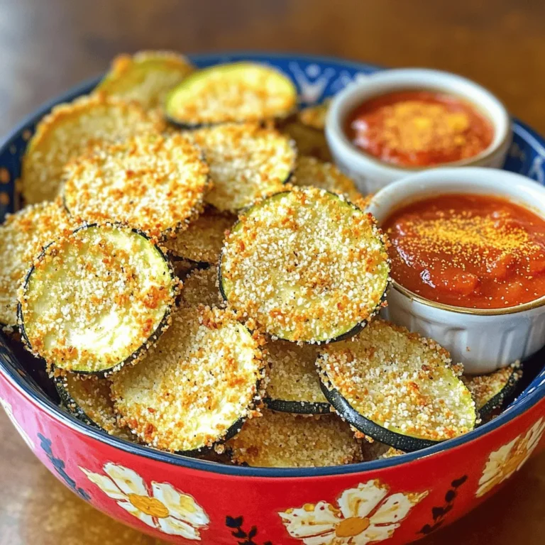 To make crispy air fryer zucchini chips, gather these simple ingredients: - 2 medium zucchinis, thinly sliced - 1 cup breadcrumbs (panko for extra crunch) - ½ cup grated Parmesan cheese - 1 teaspoon garlic powder - 1 teaspoon onion powder - ½ teaspoon paprika - Salt and pepper to taste - 1 large egg - Cooking spray These ingredients create a tasty and satisfying snack. You can easily change the flavor of your zucchini chips. Here are some fun ideas: - Add cayenne pepper for heat. - Use Italian seasoning for a herby twist. - Swap Parmesan for cheddar cheese. - Try nutritional yeast for a vegan option. - Mix in lemon zest for a fresh taste. Feel free to get creative and find your favorite blend! These ingredients not only taste great but also offer health benefits: - Zucchini: Low in calories and high in fiber. - Parmesan: Adds protein and calcium. - Panko breadcrumbs: Provide a satisfying crunch with less oil. - Garlic and onion powder: Boost flavor and may aid digestion. These chips are a smart choice for a healthy snack. They are light and packed with flavor! Start by washing your zucchinis well. This step is key to keep them clean. Next, slice them into thin rounds, about 1/8 inch thick. Thin slices cook better and crisp up nicely. After slicing, pat them dry with a paper towel. Removing moisture helps achieve that perfect crunch. In a shallow bowl, mix the dry ingredients. Combine breadcrumbs, grated Parmesan cheese, garlic powder, onion powder, paprika, salt, and pepper. This mix adds great flavor. In another bowl, beat one large egg until it looks frothy. Dip each zucchini slice in the egg first. Let any extra egg drip off. Then, coat the slice in the breadcrumb mix. Press lightly to make sure the coating sticks well. Preheat your air fryer to 380°F (193°C). This temperature helps the chips cook quickly and evenly. Lightly spray the air fryer basket with cooking spray to avoid sticking. Arrange the coated zucchini chips in a single layer. Be careful not to overcrowd the basket. Cook them for 10-12 minutes. Flip them halfway through for even crispiness. When they turn golden brown, they are ready! Let the chips cool slightly before you enjoy them. For the full recipe, check out the detailed steps above. To get your zucchini chips crispy, follow a few simple tips. First, slice your zucchinis thinly. Aim for about 1/8 inch thick. This helps them cook evenly. Next, pat them dry after slicing. Removing excess moisture is key. It prevents sogginess. Use panko breadcrumbs for extra crunch. They add a delightful texture. Finally, don’t overcrowd the air fryer basket. Cook in batches if needed. This allows air to circulate, ensuring even cooking. Watch out for a few common mistakes. One mistake is using wet zucchini. Moisture leads to chips that are not crispy. Another mistake is not seasoning properly. Salt and pepper enhance flavor. Don’t skip the spices like garlic and onion powder. They add depth to your chips. Also, avoid cooking at too low a temperature. The ideal temperature is 380°F (193°C). Cooking at the right temperature ensures a perfect crunch. Cooking time can change based on zucchini size. If your slices are thicker, they need more time. For thinner slices, reduce cooking time slightly. Start with 10 minutes and check for doneness. Flip them halfway through for even browning. If they are not golden brown yet, add a few more minutes. Always keep an eye on them to avoid burning. Adjusting time helps achieve that perfect crispiness. {{image_2}} You can switch up the coating to suit your diet. For a gluten-free option, use gluten-free breadcrumbs. You can also try almond flour or crushed cornflakes. These will still give you that crunchy bite. If you want a lighter version, skip the egg and use just the breadcrumbs. This reduces calories while keeping a tasty crunch. Add a twist to your zucchini chips with flavor changes. For a spicy kick, mix in cayenne pepper or chili powder. You might enjoy herbed options, too. Try adding dried oregano or basil to the breadcrumb mix. You can even experiment with a lemon zest sprinkle after air frying. This will brighten the flavor and make your chips pop! Presentation can elevate your snack. Serve the zucchini chips in a fun bowl. Pair them with dips like marinara, ranch, or tzatziki. You can also add a sprinkle of fresh herbs on top for color. For a more substantial snack, serve with a side of hummus or guacamole. These dips will give extra flavor and make your chips even more enjoyable. For the full recipe, check out the complete guide to making these crispy air fryer zucchini chips. To keep your crispy air fryer zucchini chips fresh, store them in an airtight container. Make sure they are completely cool before sealing. If you have leftover chips, layer them between paper towels. This helps absorb any moisture. Keep them in the fridge for up to three days. They taste best when eaten fresh, so try to enjoy them quickly! When it's time to enjoy your leftover chips, use the air fryer again. Preheat it to 350°F (175°C). Place the zucchini chips in the basket in a single layer. Air fry for about 3-5 minutes. This helps restore their crunch. If you use the microwave, they may become soggy. You can freeze your zucchini chips for later use. First, make sure they are completely cool. Arrange them in a single layer on a baking sheet. Freeze until firm, then transfer to a freezer bag. Remove as much air as possible. When ready to eat, cook directly from frozen. Just add a few extra minutes to your cooking time. This keeps them tasty and crispy! Air fryer zucchini chips stay fresh for about 2-3 days. Store them in an airtight container. Keep them in the fridge for the best taste. However, they are best when eaten right away. After a day, they may lose some crunch. Yes! You can use other veggies like eggplant, sweet potatoes, or carrots. Just slice them thinly, like zucchini. Each vegetable will have a different cooking time, so check for doneness. Sweet potatoes may take longer, while eggplant cooks faster. If your chips lack crispiness, try a few fixes. First, ensure your zucchini is dry before coating. Excess moisture makes them soggy. Also, don’t overcrowd the air fryer basket. Cook in batches for even air circulation. Lastly, adjust cooking time; a few more minutes can make a big difference. In this guide, we explored how to make crispy air fryer zucchini chips. We covered the ingredients needed, preparation steps, and methods for achieving perfect crispiness. You learned tips to avoid mistakes and variations to try. Storage information helps keep your snacks fresh. Now you're ready to enjoy healthy snacks. Experiment with flavors, share with friends, and make the most of fresh zucchini! Enjoy every bite.