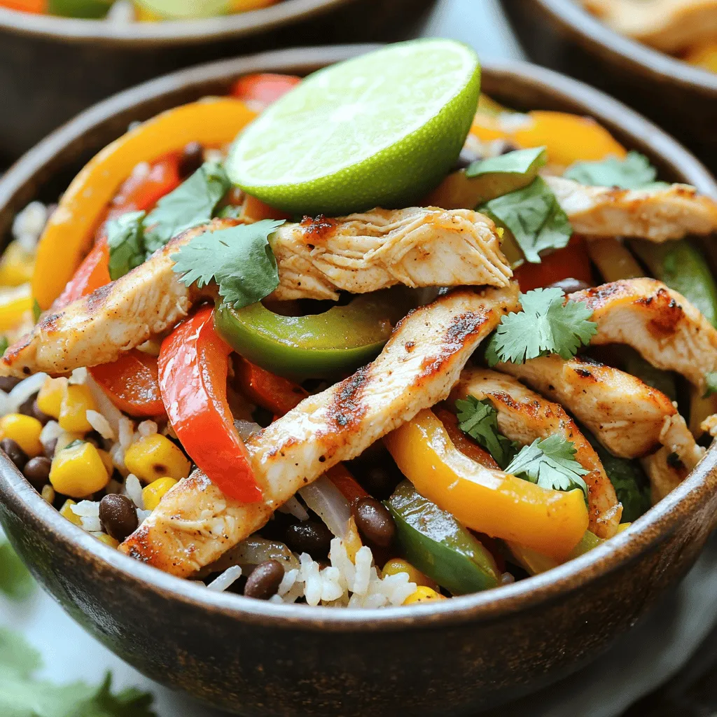- Chicken and Vegetables - 1 pound chicken breast, sliced into thin strips - 1 tablespoon olive oil - 1 bell pepper (any color), sliced - 1 medium onion, sliced - 2 cloves garlic, minced - 1 tablespoon fajita seasoning (store-bought or homemade) - Rice and Beans - 2 cups cooked rice (brown or white) - 1 cup black beans, rinsed and drained - 1 cup corn (frozen or fresh) - ½ cup diced tomatoes (fresh or canned) - ¼ cup fresh cilantro, chopped - Juice of 1 lime - Salt and pepper to taste - Optional Toppings - Avocado slices - Shredded cheese - Sour cream - Lime wedges To make the Chicken Fajita Rice Bowl, gather these fresh ingredients. The chicken adds protein, while the veggies bring color and crunch. The rice and beans serve as a hearty base. You can customize the bowl with optional toppings for extra flavor and texture. For the full recipe, check the earlier sections. Enjoy the process of cooking! Cooking the Chicken Start by heating the olive oil in a skillet over medium-high heat. Once the oil shimmers, add the sliced chicken. Sprinkle salt, pepper, and fajita seasoning on it. Cook the chicken for 5 to 7 minutes. Stir it often to ensure even cooking. You want the chicken to turn golden brown and be fully cooked. Sautéing the Vegetables Next, add the sliced bell pepper, onion, and minced garlic to the skillet. Sauté these veggies for about 3 to 4 minutes. You want them to be tender but still crisp. This step adds great flavor and color to your dish. Combining Ingredients and Serving In a large bowl, mix the cooked rice, black beans, corn, diced tomatoes, and lime juice. Toss it well so all the flavors blend. Add salt and pepper to taste. To serve, divide the rice mixture into bowls. Top each bowl with the sizzling chicken and vegetables. For extra fun, add optional toppings like avocado slices, shredded cheese, or sour cream. You can find the full recipe [here](#). Enjoy your delicious Chicken Fajita Rice Bowl! Ensuring Tender Chicken To get tender chicken, start with thin strips. Marinate the chicken in lime juice for a few minutes before cooking. This adds flavor and keeps it juicy. When you cook it, don’t overdo it. Aim for just 5-7 minutes on medium-high heat. Perfect Rice Preparation Use good quality rice, either brown or white. Rinse it well before cooking to remove excess starch. This helps keep it fluffy. Follow the package's water ratio for perfect results. Let it rest for a few minutes after cooking to absorb moisture. Seasoning Adjustments Feel free to tweak the fajita seasoning. If you love heat, add more chili powder or cayenne pepper. For a milder taste, cut back on the spices. You can also mix in some cumin or smoked paprika for added depth. Garnishing Tips Garnish your bowl with fresh cilantro and a lime wedge. This adds bright color and enhances flavor. You can also sprinkle some shredded cheese or add avocado slices for creaminess. Pairing Ideas Serve your Chicken Fajita Rice Bowl with tortilla chips for a crunchy side. A fresh salad with lime vinaigrette also pairs well. For drinks, try serving with a cold soda or a refreshing iced tea. For a complete guide, check out the Full Recipe. {{image_2}} Chicken Alternatives You can swap chicken for many other proteins. Try beef strips for a heartier taste. Shrimp adds a nice twist too. For a lighter option, use turkey breast. Vegetarian Options If you want a meat-free meal, replace chicken with tofu or tempeh. Grilled portobello mushrooms also work great. They add a meaty bite and soak up flavors. Other Vegetable Choices Feel free to mix up the veggies. Zucchini, broccoli, or carrots can bring new textures. Spinach or kale adds greens and nutrients. Get creative with what you have on hand! Spice Level Adjustments Do you like heat? Add jalapeños or red pepper flakes for a spicy kick. If you prefer mild, skip the hot stuff. You can also use sweet peppers for a touch of sweetness. Additional Seasonings You can enhance the flavor with extra spices. Cumin and paprika add warmth. For a zesty twist, try lime zest or a dash of chipotle powder. Don't be afraid to experiment! Check out the Full Recipe for all the details to make your own savory Chicken Fajita Rice Bowl. To keep your Chicken Fajita Rice Bowl fresh, follow these steps: - Best Practices for Refrigeration - Allow the dish to cool to room temperature. - Store it in an airtight container. - Place it in the fridge within two hours of cooking. - Use the leftovers within 3 to 4 days for the best taste. - Freezing Tips - You can freeze the chicken fajita rice bowl for longer storage. - Use freezer-safe bags or containers. - Remove as much air as possible to prevent freezer burn. - Label the container with the date. It can last up to 3 months in the freezer. When it’s time to enjoy your leftovers, here’s how to reheat: - Best Methods for Texture Preservation - Use the microwave for quick reheating. Place in a microwave-safe dish, cover it, and heat for 2-3 minutes. Stir halfway through for even heating. - For the stovetop, warm in a skillet over medium heat. Add a splash of water or broth to maintain moisture. - Avoid reheating the dish more than once to keep the flavor fresh. By following these storage tips, your Chicken Fajita Rice Bowl remains delicious and ready for your next meal! How to make Chicken Fajita Rice Bowl healthier? You can make this dish healthier by using lean chicken breast. Swap out white rice for brown rice. You can also add more veggies like spinach or zucchini. Use less cheese and sour cream. Fresh ingredients boost flavor and nutrition. Can I use brown rice instead of white? Yes, you can use brown rice instead of white rice. Brown rice adds more fiber and nutrients. It may take a bit longer to cook, so adjust your cooking time. What other toppings can I add to Chicken Fajita Rice Bowl? You can add various toppings to enhance your bowl. Try avocado slices, black olives, or jalapeños. Shredded cheese, sour cream, and fresh salsa also work well. Get creative with your favorites! How long can I store Chicken Fajita Rice Bowl? You can store Chicken Fajita Rice Bowl in the fridge for up to four days. Make sure to keep it in an airtight container. What’s the best way to reheat the dish? The best way to reheat this dish is in the microwave. Heat it in short bursts, stirring in between. You can also use a skillet on low heat for a few minutes. Can I make Chicken Fajita Rice Bowl in advance? Yes, you can prepare the Chicken Fajita Rice Bowl in advance. Cook the chicken and veggies, then store them separately from the rice. Combine them just before serving for the best taste. For the full recipe, check out the detailed instructions above. In this blog post, I shared how to make a tasty Chicken Fajita Rice Bowl. We discussed key ingredients like chicken, veggies, rice, and beans. I provided step-by-step cooking instructions. You learned tips for tender chicken and perfect rice. We explored variations, including substitutes and flavor changes. I also covered storage and reheating methods. Now you can enjoy this dish in many ways. Try new toppings or adjust the spice to fit your taste. Enjoy your cooking adventure!