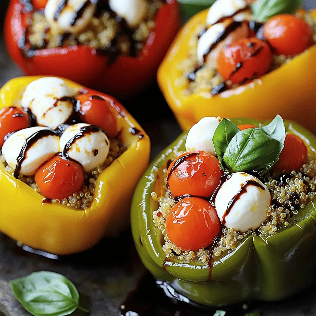 Stuffed bell peppers are a fun and colorful dish. They are easy to make and taste great. This recipe uses fresh ingredients to create a tasty meal. You will find a mix of quinoa, tomatoes, and cheese stuffed into crunchy peppers. The full recipe is easy to follow, even for beginners. To make stuffed bell peppers, you need key ingredients: - 4 large bell peppers (any color) - 1 cup cooked quinoa - 1 cup cherry tomatoes, halved - 1 cup fresh mozzarella balls, halved - 1/4 cup fresh basil, chopped - 2 tablespoons olive oil - 1 tablespoon balsamic vinegar - Salt and pepper to taste - 1/2 teaspoon garlic powder These ingredients work together to create a delicious filling. The quinoa adds protein, while tomatoes and cheese bring flavor. You can switch out some ingredients if you need to. Here are a few ideas: - Instead of quinoa, try rice or couscous. - If you don’t have mozzarella, use feta or cheddar cheese. - You can use any herbs you like in place of basil. - Swap balsamic vinegar with lemon juice for a zestier taste. These substitutions keep the dish fresh while allowing you to use what you have on hand. Enjoy experimenting and finding your favorite mix! 1. Preheat your oven to 375°F (190°C). Grease your baking dish with olive oil. 2. Cut the tops off the bell peppers and remove the seeds. Place them cut-side up in your dish. 3. In a bowl, mix the cooked quinoa, halved cherry tomatoes, and mozzarella balls. Add chopped basil, olive oil, balsamic vinegar, garlic powder, salt, and pepper. Stir until well combined. 4. Fill each bell pepper with the quinoa mix. Press down lightly to fit as much as you can. 5. Cover the dish with aluminum foil. Bake for 25 minutes in your preheated oven. 6. After 25 minutes, take off the foil. Bake for another 10 to 15 minutes until the peppers are tender. 7. Remove from the oven and let them cool for a few minutes before serving. - Oven: Bake at 375°F (190°C) for a total of 35 to 40 minutes. - Stove: Cook on medium heat for about 15 minutes in a skillet. - Slow Cooker: Cook on low for 4 hours or high for 2 hours. For a step-by-step visual guide, check out our video tutorial linked to the Full Recipe. Watching the process can help you perfect your stuffed bell peppers. To make great stuffed bell peppers, choose fresh, firm peppers. Look for ones with bright colors. The size of the pepper matters too. Large peppers make filling easier. When prepping, slice the tops off and remove the seeds carefully. - Use a small spoon to scoop out seeds. - Save the tops; they can add flavor to the filling. - Press the filling down slightly to pack it in. Flavor is key in stuffed bell peppers. Start with a tasty filling. Cooked quinoa gives a nutty taste. Adding fresh herbs like basil adds brightness. - Drizzle olive oil for richness. - Use balsamic vinegar for a tangy kick. - Don’t forget salt and pepper; they enhance all other flavors. Mix all filling ingredients well. Taste the mix before stuffing. Adjust flavors if needed. Avoid overcooking the peppers. They should stay slightly firm. If you bake them too long, they can become mushy. - Don’t skip the foil during the first bake; it helps steam them. - Make sure your filling is not too dry or too wet. - Stuff the peppers too loosely; this can cause them to collapse while baking. Following these tips will help you create a delicious dish that is not only flavorful but also nutritious. For a complete guide, refer to the Full Recipe. {{image_2}} Stuffed bell peppers can be both tasty and plant-based. For a vegetarian option, use cooked quinoa as a base. Add beans, corn, and diced veggies. Top with cheese or leave it off for a vegan choice. You can also use lentils for a hearty meal. For meat lovers, ground beef or turkey fits well inside the peppers. Mix the meat with rice, onions, and spices. You can also try using sausage for a spicier kick. Just remember to cook the meat before stuffing. Global flavors make stuffed peppers exciting. For a Mexican twist, add black beans, corn, and taco seasoning. Top with cheese and serve with salsa. For an Italian flair, use rice, marinara sauce, and Italian herbs. You can also try Mediterranean flavors with couscous, olives, and feta cheese. Each variation brings new tastes to your table. Try the Full Recipe for a delightful take on stuffed bell peppers! To store stuffed bell peppers, let them cool first. Place them in an airtight container. They can stay in the fridge for up to four days. If you won't eat them soon, consider freezing. Wrap each pepper tightly in plastic wrap. Then, place them in a freezer bag. This helps keep them fresh for up to three months. When you reheat stuffed bell peppers, the oven works best. Preheat your oven to 350°F (175°C). Place the peppers in a baking dish. Add a splash of water to keep them moist. Cover the dish with foil. Heat for about 20 minutes or until warm. You can also use a microwave. Just place one pepper on a microwave-safe plate. Heat for about 2-3 minutes, checking often. Freezing stuffed bell peppers is simple. Make sure they are fully cooled. Wrap each pepper well in plastic wrap. Then, place them in a freezer-safe bag. Remember to label the bag with the date. When you're ready to eat, thaw them in the fridge overnight. Then, reheat them using the tips shared above. Enjoy your tasty meal even after a few months! Stuffed bell peppers can last about 3 to 5 days in the fridge. Store them in an airtight container to keep them fresh. If you want them to last longer, consider freezing. Yes, you can make stuffed bell peppers ahead of time. Prepare the filling and stuff the peppers. Then, cover and refrigerate them for up to 24 hours before baking. This saves time and still keeps the flavors fresh. If you don’t want to use quinoa, try brown rice or couscous. Both options work well and add different textures. You can also use lentils for a protein boost. Just make sure to cook them before mixing with other ingredients. Stuffed bell peppers are tasty and easy to make. You learned about the key ingredients, cooking steps, and tips for great results. I hope you feel ready to get creative with your stuffed bell peppers. Whether you choose meat, veggies, or a mix, there’s a recipe for everyone. Remember, small changes can have big effects on flavor. Now, it’s your turn to try these recipes and enjoy the results! Your kitchen adventure starts today.