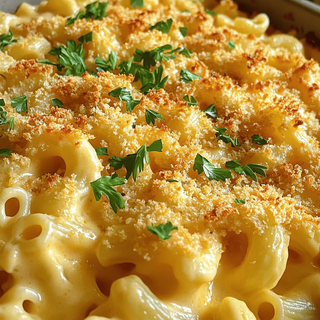 For the ultimate baked mac and cheese, you need some simple ingredients. Here’s a detailed list: - 2 cups elbow macaroni - 4 tablespoons unsalted butter - 4 tablespoons all-purpose flour - 2 cups milk (whole or 2%) - 1 cup sharp cheddar cheese, shredded - 1 cup Gruyère cheese, shredded - 1 cup mozzarella cheese, shredded - 1 teaspoon Dijon mustard - 1/2 teaspoon garlic powder - 1/2 teaspoon onion powder - Salt and pepper to taste - 1/2 cup breadcrumbs (preferably panko) - 2 tablespoons parsley, chopped (for garnish) Each ingredient plays a key role. The elbow macaroni gives a great base, while the mix of cheeses creates a rich and creamy texture. Butter and flour make the roux, which thickens the cheese sauce. Milk adds creaminess, and the spices give flavor. Breadcrumbs add a nice crunch on top, and parsley makes it pretty. Check out the [Full Recipe] for more details! 1. Preheat your oven to 350°F (175°C) and grease a 3-quart baking dish. This ensures the mac and cheese won't stick. 2. In a large pot, bring salted water to a boil. Add 2 cups of elbow macaroni and cook until al dente, about 7-8 minutes. Drain the macaroni and set it aside. 3. In a large saucepan over medium heat, melt 4 tablespoons of unsalted butter. Once melted, whisk in 4 tablespoons of all-purpose flour. Cook this mixture for 1-2 minutes until smooth. This is your roux. 4. Gradually pour in 2 cups of milk while whisking continuously to avoid lumps. Cook until the sauce thickens, about 5-7 minutes. 5. Lower the heat and stir in 1 teaspoon of Dijon mustard, ½ teaspoon of garlic powder, and ½ teaspoon of onion powder. Season with salt and pepper to taste. 6. Add in 1 cup each of shredded sharp cheddar, Gruyère, and mozzarella cheeses. Stir until the cheese fully melts and combines into a creamy sauce. 1. Fold the cooked macaroni into the cheese sauce. Make sure all the noodles get coated well. 2. Transfer this rich mixture into the greased baking dish. Spread it evenly to ensure even baking. 1. In a small bowl, mix ½ cup of breadcrumbs with 1 tablespoon of melted butter. This adds crunch to your dish. 2. Sprinkle the breadcrumb mixture evenly over the mac and cheese. 3. Bake in the preheated oven for 25-30 minutes. Check for doneness when the top is golden brown and bubbly. This step-by-step guide will help you create a creamy and comforting meal. Don't forget to check the [Full Recipe] for more details! To get that creamy texture, choose the right cheese. I love using a mix of sharp cheddar, Gruyère, and mozzarella. Cheddar gives a strong flavor, while Gruyère adds depth. Mozzarella makes it gooey and stretchy. When making the cheese sauce, avoid lumps. First, melt butter and add flour to make a roux. Whisk it well for one or two minutes. Then, slowly add milk while you stir. This helps keep the sauce smooth and creamy. Keep a close eye on your baking time. Bake for 25 to 30 minutes until golden brown. If you bake it too long, it can dry out. To get that lovely golden crust, sprinkle breadcrumbs on top before baking. I like to mix breadcrumbs with melted butter. This gives a nice crunch and extra flavor. Baked mac and cheese pairs well with many sides. Try a fresh salad or steamed veggies for balance. You can also serve it with garlic bread for a comforting meal. For presentation, garnish with chopped parsley. It adds color and freshness. You could also sprinkle some extra cheese on top before serving. This makes it look even more delicious. For the full recipe, check out the Ultimate Baked Mac & Cheese. {{image_2}} When you make Ultimate Baked Mac & Cheese, you can change it up in many ways. Here are some fun variations to consider. - Using whole wheat macaroni: Whole wheat macaroni adds fiber and a nutty taste. It makes this dish a bit healthier while staying delicious. - Low-fat cheese options: You can try low-fat cheese to cut calories. It still melts well and keeps your mac and cheese creamy. - Spices for extra kick: Add a dash of cayenne or paprika for a spicy twist. These spices boost the flavor and make it more exciting. - Vegetables: Toss in some spinach or broccoli. They add color and nutrition, making your dish even better. - Unique cheeses to try: Experiment with cheeses like feta or pepper jack. These give your mac and cheese unique flavors. - Mixing textures and tastes: Combining hard and soft cheeses creates a better texture. This mix makes every bite interesting and flavorful. Try these variations to make your Ultimate Baked Mac & Cheese even more special! For the complete recipe, check out the [Full Recipe]. To keep your leftover mac and cheese fresh, cool it first. Then, place it in an airtight container. This helps prevent drying out. I recommend using glass or plastic containers with tight-fitting lids. Store it in the fridge. It will last about three to five days. When reheating, just add a splash of milk. This will help restore creaminess. If you want to save mac and cheese for later, freezing works well. First, let it cool completely. Then, scoop portions into freezer-safe bags or containers. Remove as much air as you can to avoid freezer burn. Label with the date. Frozen mac and cheese can last up to three months. When ready to eat, thaw it overnight in the fridge. Reheat in the oven at 350°F (175°C) for about 20-30 minutes. Stir in a bit of milk for the best texture. Leftover mac and cheese lasts three to five days in the fridge. If frozen, it can last up to three months. Check for signs of spoilage. Look for off smells or mold. If it smells sour or has a strange color, discard it. Enjoy your Ultimate Baked Mac & Cheese fresh and tasty! What can I substitute for elbow macaroni? You can use any pasta shape you like. Penne, shells, or fusilli work well. They hold sauce nicely and add fun texture to your dish. How do I fix a cheese sauce that isn't melting smoothly? If your cheese sauce is grainy, heat it gently. Stir in a splash of milk. This helps the cheese melt better. Always use freshly grated cheese for smooth results. Can I make Ultimate Baked Mac & Cheese ahead of time? Yes, you can prepare it a day in advance. Just assemble it and cover it tightly. When ready, bake it straight from the fridge. It may need a few extra minutes in the oven. What is the ideal baking temperature for mac and cheese? The best temperature is 350°F (175°C). This allows the cheese to melt and the top to crisp perfectly. How do I get a crispy topping on baked macaroni? Use panko breadcrumbs for extra crunch. Mix them with melted butter before sprinkling on top. Bake until golden brown for that perfect crisp. Are there gluten-free alternatives for this recipe? Absolutely! Use gluten-free pasta made from rice or quinoa. The rest of the ingredients are naturally gluten-free. How can I adjust the spices for different flavor profiles? You can add spices like paprika for smokiness or cayenne for heat. Fresh herbs like thyme or basil also add great flavor. Adjust to your taste for a unique twist. This blog post covered the essentials for making the ultimate baked mac and cheese. We discussed key ingredients, step-by-step instructions, and helpful tips for achieving the perfect consistency. You learned about variations to suit your tastes, along with smart storage methods for leftovers. With this knowledge, you can easily create a delicious dish that delights all. Enjoy experimenting with flavors and textures to make it your own!
