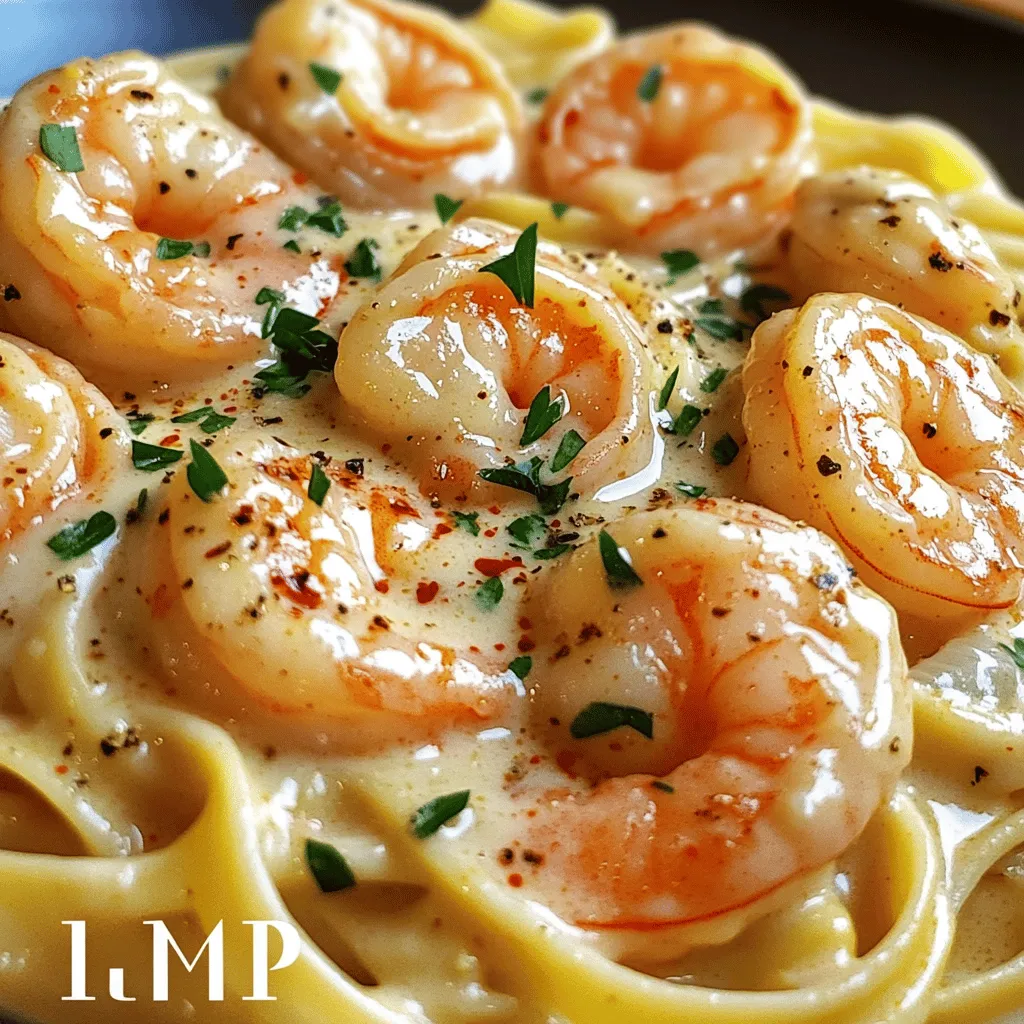 To make creamy garlic shrimp, you'll need a few key items. These ingredients create a rich and tasty dish. Here’s what you need: - 1 pound large shrimp, peeled and deveined - 3 tablespoons unsalted butter - 4 cloves garlic, minced - 1 cup heavy cream - 1 cup chicken broth - 1 tablespoon lemon juice - 1 teaspoon paprika - 1/2 teaspoon red pepper flakes (optional) - Salt and pepper to taste - 2 tablespoons fresh parsley, chopped (for garnish) - 8 ounces fettuccine or pasta of choice (optional) Each ingredient plays a vital role. The shrimp gives the dish its main protein. The garlic adds flavor and aroma. Butter makes the sauce creamy and rich. Heavy cream and chicken broth create the base for a luscious sauce. Lemon juice brightens the flavors, while paprika and red pepper flakes add warmth and spice. You can enhance the dish with some optional ingredients. Here are a few ideas: - Fresh herbs like basil or thyme - Grated Parmesan cheese for extra creaminess - A splash of white wine for depth of flavor - Spinach or sun-dried tomatoes for added color and nutrients Feel free to mix and match these options. They can elevate your dish and make it unique. Is this dish good for special diets? Yes, you can adjust it! - For a gluten-free option, skip the pasta or use gluten-free pasta. - If you're dairy-free, swap heavy cream for coconut cream or almond milk. - You can also use olive oil instead of butter for a lighter flavor. This way, creamy garlic shrimp can fit various diets while still being delicious. You can find the full recipe at the end of this section. If you choose to add pasta, start by boiling water. Use a large pot and add salt. Once the water boils, add your pasta. Cook according to the package instructions. This usually takes about 8-10 minutes. When the pasta is cooked, drain it in a colander. Set it aside until the shrimp and sauce are ready. Next, grab a large skillet and heat it over medium-high heat. Melt 3 tablespoons of unsalted butter in the skillet. Once the butter is hot, add 1 pound of peeled and deveined shrimp. Make sure the shrimp are in a single layer. Season them with salt and pepper. Cook for 2-3 minutes on each side until they turn pink and opaque. This step adds great flavor and texture. Once done, take the shrimp out and set them aside. In the same skillet, add 4 minced garlic cloves. Sauté the garlic for about 30 seconds. You want it fragrant but not burned. The garlic adds a rich, aromatic flavor. Next, pour in 1 cup of chicken broth. Scrape any brown bits from the bottom of the skillet. This adds more depth to your sauce. Let the broth simmer for 2-3 minutes to reduce slightly. Now, stir in 1 cup of heavy cream, 1 tablespoon of lemon juice, and 1 teaspoon of paprika. If you like a little heat, add 1/2 teaspoon of red pepper flakes. Allow the sauce to simmer for 5 minutes to thicken. After that, return the cooked shrimp to the skillet. Stir well to coat the shrimp in the creamy sauce. Cook for another 2 minutes to heat everything through. Adjust the seasoning with more salt and pepper if needed. If you cooked pasta, you can either serve the creamy garlic shrimp over it or mix everything together in the skillet. For an extra touch, sprinkle with 2 tablespoons of chopped fresh parsley before serving. This adds color and freshness. Enjoy this creamy garlic shrimp as a quick and delicious weeknight meal. For a full recipe, check the detailed instructions above. To cook shrimp right, start with raw, large shrimp. Peel and devein them before cooking. Heat a skillet over medium-high heat and add unsalted butter. Once melted, add the shrimp in a single layer. Cook for 2-3 minutes on each side. Look for a pink and opaque color. This means they are done. Overcooking makes them tough, so watch closely. To make a thicker sauce, use heavy cream. The cream adds richness and helps create a smooth texture. Simmer it with chicken broth for a few minutes. This reduces the liquid and thickens the sauce. You can also add a bit of cornstarch mixed with water if you want more thickness. Just stir it in slowly until you reach your desired consistency. Creamy garlic shrimp pairs well with many sides. Consider serving it over fettuccine or any pasta you like. The sauce clings nicely to the noodles. You can also serve it with rice or crusty bread to soak up the sauce. A fresh salad or steamed veggies add color and balance to the meal. For a touch of brightness, a squeeze of lemon juice enhances the flavors. For more ideas, check the Full Recipe. {{image_2}} You can swap shrimp for other proteins. Chicken works well in this dish. Use boneless chicken breasts or thighs for a hearty meal. Cook the chicken first, then follow the same steps for the sauce. Scallops are another great choice. They cook quickly and add a sweet flavor. For a plant-based option, try using vegetables like bell peppers or mushrooms. Sauté them until tender, and then add the sauce. You can change the flavor of the sauce easily. If you love heat, add more red pepper flakes to your dish. You can also try a dash of hot sauce for extra kick. For a milder flavor, infuse the sauce with fresh herbs. Basil, thyme, or oregano can brighten the dish. Just chop them finely and add them with the garlic. This gives the dish a fresh, garden taste. If you want a gluten-free meal, use zucchini noodles instead of pasta. Spiralize fresh zucchini for a fun twist. It absorbs the creamy sauce well. Cauliflower rice is another great option. It keeps the meal light and low in carbs. Just sauté the cauliflower rice until tender. Both options allow you to enjoy creamy garlic flavors without the extra carbs. For the full recipe, check out Creamy Garlic Shrimp. Enjoy exploring these fun variations! To keep your creamy garlic shrimp fresh, let it cool first. Transfer it to an airtight container. Store it in the fridge for up to three days. Make sure to seal the container well to avoid leaks or odors. When reheating, use a skillet over low heat. Add a splash of chicken broth or cream to help restore the sauce. Stir gently to warm it evenly. Avoid high heat, as shrimp can become rubbery. For longer storage, you can freeze creamy garlic shrimp. Use a freezer-safe container and add some extra cream to maintain moisture. Label the container with the date. It can last up to three months in the freezer. To thaw, place it in the fridge overnight before reheating. You can tell shrimp is cooked when it turns pink and opaque. Each shrimp usually takes about 2-3 minutes per side. The texture should feel firm, not rubbery. If the shrimp curl into a tight "C" shape, they are often overcooked. Yes, you can use frozen shrimp. Just make sure to thaw them first. You can do this overnight in the fridge or by running them under cold water. Frozen shrimp can be just as tasty as fresh shrimp if cooked properly. Creamy garlic shrimp pairs well with several sides. Here are some great options: - Cooked fettuccine or pasta - Steamed broccoli or green beans - Garlic bread for dipping - A fresh side salad Creamy garlic shrimp will last about 3 days in the fridge. Store it in an airtight container to keep it fresh. Reheating is easy; just warm it on the stove over low heat. Yes, you can make creamy garlic shrimp ahead of time. Just cook it and store it in the fridge. Reheat it gently before serving. However, the shrimp texture may change a bit after reheating. For best results, cook it fresh when possible. You can find the Full Recipe if you want to try this dish yourself! In this post, I covered how to make creamy garlic shrimp. We explored key ingredients and cooking steps, plus tips for perfect shrimp. I also shared storage advice and answers to common questions. This dish is delicious and customizable to fit your needs. You can enjoy it right away or save leftovers for later. Now, get cooking and impress your family and friends with your culinary skills!