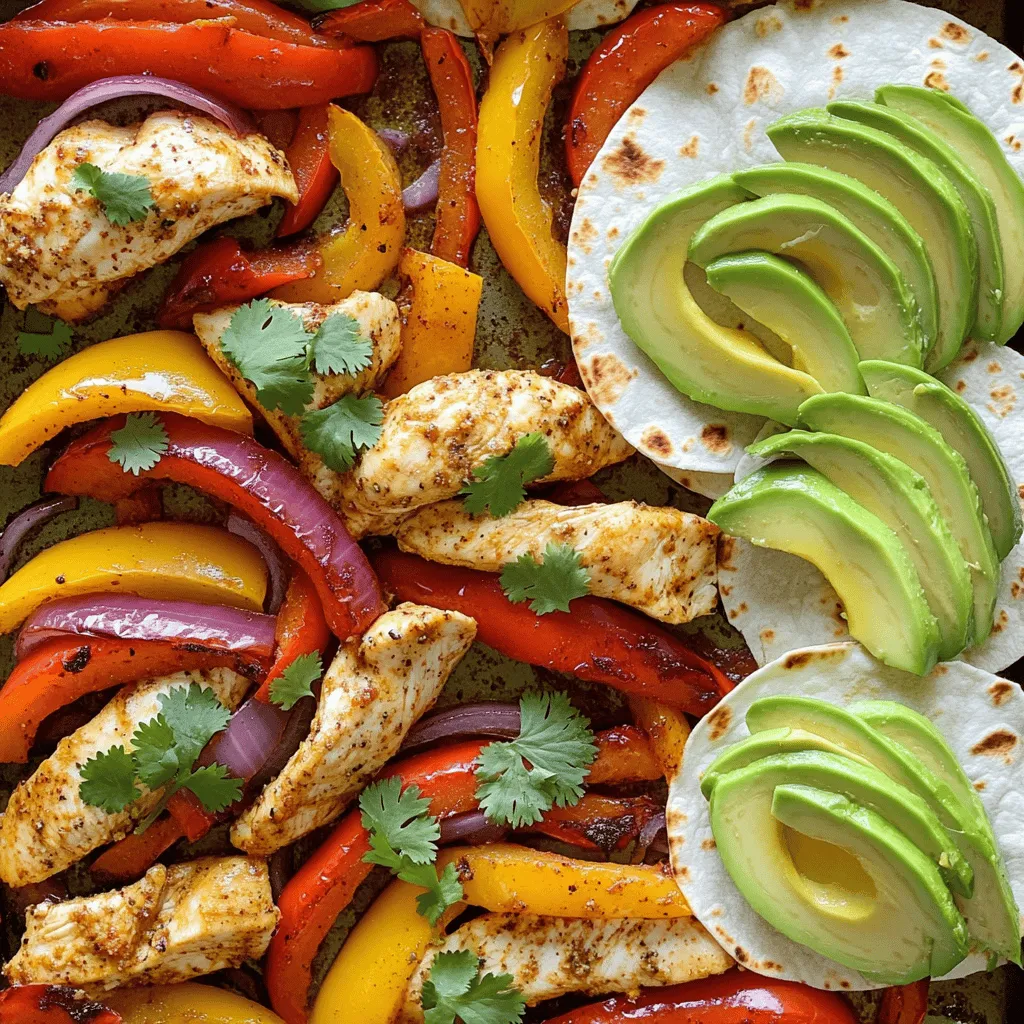 - 4 boneless, skinless chicken breasts - 2 bell peppers (one red, one yellow), sliced - 1 red onion, sliced - 3 tablespoons olive oil - 2 tablespoons fajita seasoning - 1 teaspoon garlic powder - 1 teaspoon paprika - 1 lime, zested and juiced - Salt and pepper to taste - Fresh cilantro, for garnish - Tortillas, for serving - Avocado slices, for topping To create a fantastic sheet pan fajita chicken, gather these ingredients. The chicken breasts are the star, providing protein and flavor. Choose fresh bell peppers and onions for crunch and color. Olive oil helps the spices stick and adds richness. Fajita seasoning is key to that classic taste. You can use store-bought, or make your own with spices like cumin and chili powder. Garlic powder and paprika add extra flavor that brings the dish to life. Don’t forget the lime! Its zest and juice brighten the dish. Salt and pepper are simple but important for balance. Fresh cilantro adds a nice touch when serving, along with warm tortillas and creamy avocado slices. With these ingredients, you will create a vibrant and tasty meal. For the complete cooking steps, check the Full Recipe. - Preheat the oven to 400°F (200°C). - In a small bowl, mix fajita seasoning, garlic powder, paprika, lime zest, salt, and pepper. - Place the chicken breasts in a large bowl. Drizzle with olive oil and lime juice. - Sprinkle the seasoning mix over the chicken. Toss to coat well. - Slice the bell peppers and red onion. Arrange them around the chicken on a large sheet pan. Drizzle a little olive oil over the veggies, then toss gently. - Bake in the preheated oven for 25-30 minutes. Check that the chicken reaches an internal temperature of 165°F (74°C) and that the veggies are tender. - Remove the pan from the oven and let it rest for a few minutes. - Slice the chicken into strips. - Serve the chicken and veggies in warm tortillas. Top with avocado slices and fresh cilantro. For the full recipe, check out the detailed instructions you can follow. To boost flavor, I suggest marinating the chicken. A minimum of 30 minutes works well. For best results, marinate for up to two hours. This time allows the spices to penetrate the meat. Choose a fajita seasoning that excites your taste buds. You can use store-bought seasoning or make your own mix. A blend of chili powder, cumin, and garlic powder is great. Keep the chicken juicy by not overcooking it. Use a meat thermometer to check for doneness. Aim for an internal temperature of 165°F (74°C). Let the chicken rest for a few minutes after baking. This helps the juices redistribute. For crisp yet tender veggies, cut them evenly. Place them on the pan around the chicken. Drizzle olive oil and toss gently before baking. This will help them caramelize nicely. Toppings can enhance your dish. Consider fresh avocado slices, sour cream, or pico de gallo. Fresh cilantro adds a bright touch as well. Warm tortillas make a great base for the chicken and veggies. Pair fajita chicken with a crisp drink. A light beer or a refreshing limeade works well. Explore different flavors to find what you love best. For the full recipe, check back to ensure all steps are followed! {{image_2}} You can switch up the main protein in this dish. Try using shrimp for a quick cook. Tofu works great too for a vegetarian option. Both will soak up the spices nicely. Don’t forget to adjust your cooking time. For veggies, use zucchini or mushrooms instead of bell peppers. They add different flavors and textures. Feel free to mix and match what you have on hand. Want to spice things up? Add cayenne pepper for heat or smoked paprika for depth. A splash of soy sauce can bring in umami. You can also try chipotle sauce for a smoky twist. For garnishes, use diced jalapeños or crumbled queso fresco. They add a pop of color and flavor. Fresh lime juice just before serving brings brightness to every bite. Looking for gluten-free options? Use corn tortillas instead of flour. Check your seasoning labels to ensure they are gluten-free too. For a vegetarian or vegan version, just swap out the chicken for more veggies or beans. Chickpeas are a great choice here. They add protein and a nice bite. Enjoy the flexibility of this recipe to suit your needs. For the full recipe, check out the complete guide. Store your leftovers in an airtight container. Make sure to cool them first. This helps keep them fresh. You can store them in the fridge for up to four days. After that, the taste may change. You can freeze cooked fajita chicken. Place it in a freezer-safe bag. Be sure to remove as much air as possible. This helps prevent freezer burn. Uncooked chicken can also be frozen, but it’s best to marinate it before freezing. For thawing, place it in the fridge overnight for best taste. To reheat, the oven works best. Preheat to 350°F (175°C). Bake for about 15-20 minutes. This keeps the chicken juicy and the veggies tender. If you use a microwave, heat on medium for 3-4 minutes. Check to ensure it's heated through. Cooking sheet pan fajita chicken takes about 40 minutes. You need 10 minutes to prep the ingredients. Then, bake the chicken and veggies for 25 to 30 minutes. Always check that the chicken reaches 165°F to be safe. Yes, you can prep this dish in advance. Marinate the chicken and vegetables the night before. Store them in the fridge. This makes cooking easier and quicker. You can also chop the veggies ahead of time. Just keep them in an airtight container to stay fresh. Fajita chicken goes well with many sides. Here are a few to consider: - Mexican rice - Black beans - Corn salad - Guacamole - Fresh pico de gallo - Chips and salsa These options add flavor and color to your plate. They complement the spices in the fajita chicken nicely. Enjoy your meal with a refreshing drink like iced tea or lemonade. For the full recipe, check out the earlier section. You learned how to create delicious sheet pan fajita chicken. We covered the main ingredients, seasoning, and step-by-step instructions. I shared tips to enhance flavor and ensure juicy chicken. You also found out how to customize the dish and store leftovers properly. I hope you feel inspired to try this recipe. Enjoy the fun of cooking and sharing your tasty fajitas!