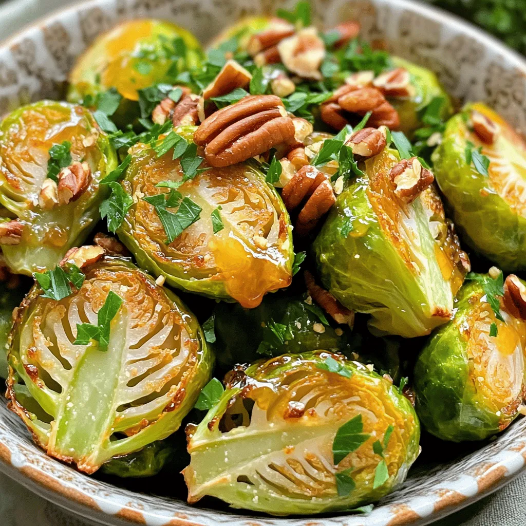 - 1 pound Brussels sprouts, trimmed and halved - 3 tablespoons olive oil - 3 tablespoons pure maple syrup - 2 tablespoons balsamic vinegar - 1 teaspoon garlic powder - 1/2 teaspoon salt - 1/4 teaspoon black pepper - 1/4 cup chopped pecans (optional) - Fresh parsley, chopped for garnish For this recipe, I love using fresh Brussels sprouts. They bring a nice crunch. The olive oil helps to crisp them up while roasting. Maple syrup adds a sweet touch that balances the earthy flavor of the sprouts. Balsamic vinegar gives a tangy kick that brightens the dish. Garlic powder adds depth without overpowering the natural taste. You can choose to add pecans for some extra crunch. They toast nicely in the oven. Fresh parsley is a must for garnish; it adds color and freshness. This mix of flavors makes these Maple Glazed Brussels Sprouts a hit at any meal. Try this recipe for a tasty side dish that everyone will love. For the full recipe, check out the detailed instructions above. - Preheat the oven to 400°F (200°C). - In a large bowl, mix the halved Brussels sprouts, olive oil, maple syrup, balsamic vinegar, garlic powder, salt, and black pepper. Toss well to coat the Brussels sprouts evenly. - Spread the Brussels sprouts in a single layer on a baking sheet. - Roast for 20 to 25 minutes. Stir them halfway through to ensure even cooking. - If you use pecans, add them to the baking sheet for the last 5 minutes. This will toast them and add nice crunch. - Once done, remove the baking sheet from the oven and let the Brussels sprouts cool for a minute. Transfer them to a serving platter. - Garnish with chopped fresh parsley. You can drizzle extra maple syrup on top for added flavor. For the complete recipe, check out the [Full Recipe]. - Cut Brussels sprouts into similar sizes. This helps them roast evenly. - Use a non-stick baking sheet. This makes cleanup easy after cooking. - Serve these sprouts with roasted meats. They also go well with a grain salad. - Drizzle more maple syrup on top. This adds extra sweetness to the dish. - Choose colorful serving dishes. They make your dish look more appealing. - Add a sprinkle of nuts and herbs. This gives extra depth and flavor to your meal. For a full recipe, check out the Maple Glazed Brussels Sprouts. {{image_2}} You can make this dish even more exciting! Here are a couple of ideas: - Add red pepper flakes for a spicy kick. Just a pinch adds warmth without overpowering the dish. - Experiment with citrus juices like lemon or orange. A splash can brighten the flavors and add a nice zing. If you want to switch things up, try these swaps: - Substitute maple syrup with honey. It gives a different sweetness but still tastes great. - Use sunflower seeds instead of pecans. This option is perfect if you want a nut-free dish. You can cook Brussels sprouts in different ways to suit your taste: - Try grilling them for a smoky flavor. This method adds a fun twist and a nice char. - Sauté in a skillet for a quicker version. It’s fast and still delivers great flavor. For the full recipe, check out the [Full Recipe]. After enjoying your maple glazed Brussels sprouts, let them cool down first. This step helps keep them fresh. Once cooled, place the sprouts in an airtight container. They will stay good for up to 3 days in the fridge. This way, you can enjoy them again without losing flavor. When it's time to reheat, the oven is your best friend. Preheat it to 350°F (175°C). Spread the Brussels sprouts on a baking sheet and warm them for about 10-15 minutes. This method keeps them crispy. If you're in a hurry, you can use the microwave. Just remember, they might lose some of their crunch. If you want to save your leftovers for later, freezing is a great choice. After cooking, let the Brussels sprouts cool completely. Then, place them in a freezer-safe bag or container. To enjoy them later, thaw them in the fridge overnight before reheating. For the best taste and texture, try to use them within 1 month. Look for a golden brown color and tenderness when pierced. This shows they cooked well. If they feel soft and have a nice caramelized look, you are good to go! Roasting brings out their natural sweetness, making them even tastier. Yes, prepare and roast them, then store in the fridge before serving. This makes it easy for meal prep. You can reheat them quickly when you're ready to eat. Just remember to keep them in an airtight container for freshness. They pair well with roasted meats, quinoa, or leafy salads. Try serving them alongside chicken or pork for a hearty meal. If you're looking for something light, a fresh salad with a tangy dressing complements these sprouts perfectly. For a grain option, quinoa adds great texture and flavor. Maple glazed Brussels sprouts are simple and tasty. You mix fresh sprouts with oil, maple syrup, and spices. Roasting brings out their natural sweetness. Remember to try different flavors and serving ideas. You can store leftovers for later enjoyment. This dish complements a variety of meals, making it versatile. Enjoy experimenting and sharing your creations. Happy cooking!
