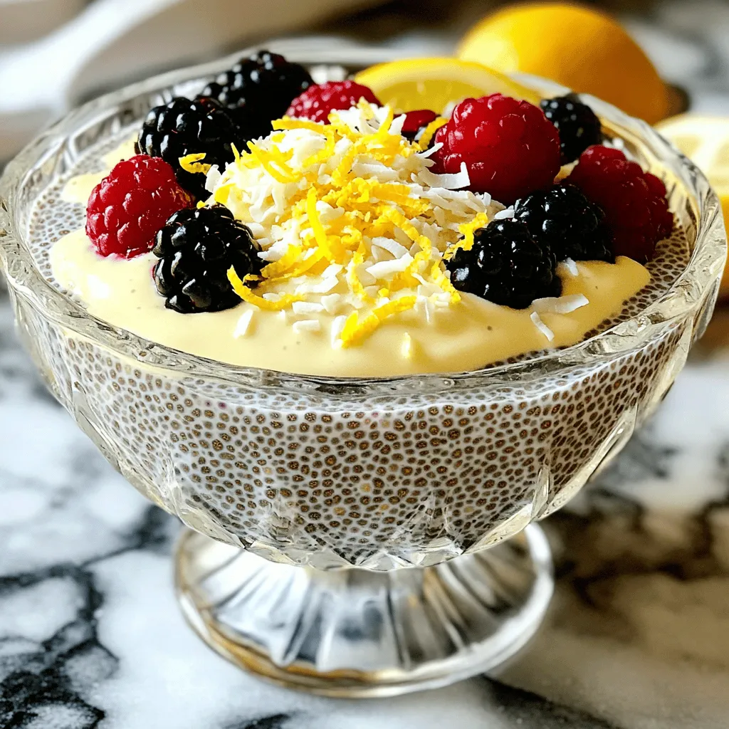 To make lemon cream chia pudding, you need a few key items: - 1/2 cup chia seeds - 2 cups almond milk (or any plant-based milk) - 1/4 cup maple syrup (or honey) - Zest of 1 lemon - 1/4 cup freshly squeezed lemon juice - 1 teaspoon vanilla extract - A pinch of salt These ingredients work together to create a tasty and healthy treat. Chia seeds are the star of this recipe. They soak up the liquid and become soft and pudding-like. Almond milk gives it a creamy base. You can use other plant-based milks if you like. Maple syrup or honey adds just the right amount of sweetness. The lemon zest and juice bring a bright flavor that makes this pudding refreshing. You can make your pudding even better with some fun toppings: - Fresh berries - Coconut flakes - Crushed nuts Fresh berries add a juicy burst. Coconut flakes bring a chewy texture. Crushed nuts give a nice crunch. You can mix and match these toppings based on your taste. Each choice adds color and flavor, making your pudding look and taste amazing. Enjoy creating your own version of this lemon cream chia pudding! In a medium bowl, combine 2 cups of almond milk and 1/4 cup of maple syrup. Stir these together until they mix well. Next, add in 1/2 cup of chia seeds, the zest of 1 lemon, 1/4 cup of freshly squeezed lemon juice, 1 teaspoon of vanilla extract, and a pinch of salt. Whisk everything together until the chia seeds spread out evenly. This step is key to a smooth texture. After mixing, let the mixture sit for about 10 minutes. This helps the chia seeds absorb the liquid. Stir the mixture again to keep it from clumping. Cover the bowl and place it in the fridge. Allow it to chill for at least 4 hours, or overnight if you can wait. This refrigeration period is crucial for thickening. Once it’s ready, take the pudding out of the fridge. Give it a good stir before serving. If you find it too thick, simply add a bit more almond milk. This adjustment helps you get the right consistency for your taste. Serve the pudding chilled in bowls or glasses. Top it with fresh berries, coconut flakes, or crushed nuts for extra flavor and texture. To make the best chia pudding, focus on texture. First, prevent clumping. This happens when chia seeds stick together in the mixture. After you combine all the ingredients, let the mix sit for about 10 minutes. Then, stir it again. This helps break up any clumps. Repeat this process a few times. Next, achieve the right thickness. Everyone likes their pudding different. If it’s too thick, add a bit more almond milk. Stir well until it blends in. If it’s too thin, let it sit longer in the fridge. The chia seeds will soak up more liquid. To enhance lemon flavor, use fresh ingredients. Fresh lemon juice and zest bring bright taste. You can also try adding more zest for a stronger lemon hit. This boosts the flavor and makes it more fresh. For sweetness, adjust to your taste. Maple syrup is great, but honey works well, too. Taste the mixture before chilling it. If it needs more sweetness, add a bit more syrup or honey. Just remember, the flavor will mellow as it chills. {{image_2}} You can change the flavors in your Lemon Cream Chia Pudding easily. Try using different citrus fruits. For a sweet twist, you can use orange or lime juice instead of lemon juice. Each fruit brings its own special taste. You can also add spices or extracts. A dash of cinnamon or nutmeg can give warmth. A splash of almond or coconut extract adds a nice depth. If you want a sugar-free option, use a sugar substitute. Stevia or monk fruit work well. They keep the sweetness without the calories. For those with nut allergies, choose seed-based milk. Sunflower seed milk or oat milk are great nut-free alternatives. Always check labels to ensure no nuts are added. These swaps help everyone enjoy this tasty treat! To keep your lemon cream chia pudding fresh, store it in an airtight container. This will prevent the pudding from absorbing other odors in your fridge. If you have leftovers, make sure to cover them well. You can keep it in the fridge for up to five days. After that, the texture may change and the taste may fade. Presentation makes a difference! Serve your pudding in clear glasses. This way, you can show off its creamy texture and bright lemon color. Top it with fresh berries, coconut flakes, or crushed nuts for extra flavor and crunch. You can also pair it with granola for a tasty breakfast or snack. This pudding goes well with a light salad or fruit platter too! Chia pudding can last up to five days in the fridge. Store it in an airtight container. This keeps it fresh and tasty. The longer it sits, the thicker it gets. If it becomes too thick, just stir in a bit more almond milk. Yes, you can use various types of milk. Coconut milk adds a rich taste. Soy milk is another good option. You can even try oat milk for a creamy texture. Each milk changes the flavor a bit, so feel free to experiment. Chia seeds are packed with nutrients. They have fiber, protein, and healthy fats. Eating chia seeds may help with digestion. They also support heart health due to omega-3 fatty acids. Plus, they keep you full longer. This makes chia seeds a great snack choice. Chia pudding is simple and fun to make. We learned about key ingredients like chia seeds, plant-based milk, and sweeteners. I shared tips to get the perfect texture and to add great flavors. You can personalize your pudding with various toppings and flavors. Remember to store it right for the best taste. Experiment with the recipe to find your favorite version. Make this tasty treat part of your healthy routine. Enjoy the benefits chia seeds offer, making every bite worth it!