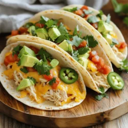 - 4 boneless, skinless chicken breasts - 1 cup chicken broth - 1 (10 oz) can diced tomatoes with green chilies - 1 (8 oz) package cream cheese, cubed - 1 cup shredded cheddar cheese To start, you need four boneless, skinless chicken breasts. They are the main star of this dish. Next, grab one cup of chicken broth. This adds moisture and flavor. A 10-ounce can of diced tomatoes with green chilies comes next. This adds a nice kick. Don’t forget the cream cheese. It makes everything creamy and rich. Finally, you need one cup of shredded cheddar cheese. This will melt beautifully in the tacos. - 1 teaspoon taco seasoning - 1 teaspoon garlic powder - 1 teaspoon onion powder - Salt and pepper, to taste For seasonings, start with one teaspoon of taco seasoning. It brings all the flavors together. You also want one teaspoon each of garlic powder and onion powder. These add depth to your dish. Sprinkle in salt and pepper to taste. Taste as you go to get it just right. - 12 small corn or flour tortillas - Optional toppings: diced avocado, sliced jalapeños, fresh cilantro, sour cream Now, let’s think about the tortillas. You can use either corn or flour tortillas. Both work great! For toppings, feel free to get creative. Diced avocado adds creaminess. Sliced jalapeños give a spicy kick. Fresh cilantro brings brightness. A dollop of sour cream balances everything out. To start, you need to layer the ingredients in the slow cooker. Place the four boneless, skinless chicken breasts at the bottom. This forms the base for your flavorful dish. Next, pour in one cup of chicken broth. This keeps the chicken moist while cooking. Then, add a can of diced tomatoes with green chilies, juices included. This adds a nice kick to the flavor. Now, it’s time to add the cream cheese. Cut it into cubes and spread them over the chicken and tomatoes. Then, sprinkle one teaspoon of taco seasoning, one teaspoon of garlic powder, and one teaspoon of onion powder. Adjust salt and pepper to your taste. These seasonings really bring out the best in the chicken. You can choose between low or high settings on your slow cooker. If you prefer a longer cook, set it to low for 6 to 7 hours. This allows the flavors to blend well. For a quicker meal, set it to high for 3 to 4 hours. The total cooking time varies based on your choice. About 30 minutes before serving, it’s time to shred the chicken. Use two forks to pull the chicken apart right in the slow cooker. This is where the magic happens! After shredding, stir in one cup of shredded cheddar cheese. Allow it to melt and mix well with the chicken. This creates a rich and creamy texture. Once combined, warm the small corn or flour tortillas in a skillet or microwave. Now you’re ready to serve your delicious queso chicken tacos. Enjoy with your favorite toppings! To boost the flavor of your Slow Cooker Queso Chicken Tacos, use fresh spices. Freshly ground spices can bring more taste than pre-ground ones. You can also add a splash of lime juice for extra zest. If you want to make your own taco seasoning, combine these simple spices: - 1 tablespoon chili powder - 1 teaspoon cumin - 1 teaspoon paprika - 1 teaspoon garlic powder - 1 teaspoon onion powder - Salt and pepper to taste This homemade blend adds a personal touch to your dish. Shredding chicken can be easy if you use the right technique. After cooking, let the chicken rest for a few minutes. Use two forks to pull it apart in the slow cooker. This method keeps the chicken juicy and flavorful. Shred the chicken about 30 minutes before serving. Stir in the cheddar cheese at this time for a creamy texture. Serving matters! Arrange your tacos on a large platter for a fun look. You can garnish them with fresh cilantro to add color. Add lime wedges on the side for a zesty kick. Offer toppings like diced avocado, sliced jalapeños, and sour cream for guests to customize their tacos. This makes each bite exciting and personal! {{image_2}} If you want to change up the recipe, you can swap out the cream cheese. Consider using Greek yogurt or sour cream for a different flavor. They will add creaminess without losing texture. For the protein, chicken is a star in this dish, but you can try beef or turkey. Both are great alternatives. Just make sure to adjust cooking time if using ground meat. Do you want mild or spicy tacos? To keep it mild, use less taco seasoning. You can add a little more garlic powder for flavor without heat. If you love heat, add sliced jalapeños on top. You can also mix in some hot sauce or chopped chili peppers before serving. To make this dish vegetarian, skip the chicken and replace it with beans. Black beans or pinto beans work well here. They add protein and texture. You can also use meat alternatives like soy crumbles or jackfruit. These options absorb the flavors and keep the dish hearty. To store leftovers, let the tacos cool first. Place them in an airtight container. You can keep them in the fridge for up to three days. When you reheat, add a splash of broth to keep them moist. Heat them in the microwave or on the stovetop until warm. You can freeze cooked chicken and cheese mix. Pack it in a freezer-safe bag. Remove as much air as possible to prevent freezer burn. For best taste, use within three months. To thaw, place it in the fridge overnight. Reheat in the microwave or on the stovetop, stirring often. You can store the leftovers in the refrigerator for up to three days. Look for signs of spoilage like an off smell, color change, or mold. If you see any of these signs, it’s best to throw it away. Always trust your senses when it comes to food safety. Yes, you can use frozen chicken. Just add an extra hour to the cooking time. Make sure the chicken reaches a safe temperature of 165°F. This method works great in a slow cooker. It allows the chicken to cook evenly while soaking up all the flavors. To make this recipe gluten-free, choose corn tortillas. Always check the label for gluten-free certification. You can also use gluten-free flour tortillas if you prefer those. This way, everyone can enjoy these tasty tacos without worry. You can serve these tacos with many sides. Some great options include: - Mexican rice - Refried beans - Chips and salsa - A simple salad with lime vinaigrette - Grilled corn on the cob These sides complement the flavors well and make your meal more fun! In this post, we explored a tasty slow cooker queso chicken taco recipe. We covered the key ingredients like chicken, spices, and toppings, plus step-by-step cooking instructions. I shared tips for flavor and texture, along with variations for customization. Remember, cooking should be fun! Feel free to swap ingredients and try new spices. Whether you prefer mild or spicy, make it your own. Enjoy every bite of your delicious tacos and the joy they bring to your table!