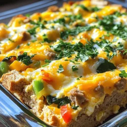 To make the Best Ever Breakfast Casserole, gather these simple ingredients: - 6 large eggs - 2 cups whole milk - 2 cups diced whole wheat bread - 1 cup cooked and crumbled turkey sausage - 1 cup shredded cheddar cheese - 1 cup spinach, chopped - 1 medium bell pepper, diced (any color) - 1/2 medium onion, diced - 1 teaspoon garlic powder - 1 teaspoon dried oregano - Salt and pepper to taste - Fresh parsley or chives for garnish Each ingredient plays a key role in creating the flavor. The eggs and milk form a rich base. Whole wheat bread adds texture and heartiness. Turkey sausage gives a savory, protein boost. The cheese melts into gooey goodness, while vegetables add freshness and color. Seasonings bring it all together, making every bite delicious. I love using fresh herbs like parsley or chives as a garnish. They add a nice touch and enhance the dish's look. This breakfast casserole is not only tasty but also packed with nutrients! 1. First, preheat your oven to 350°F (175°C). This step warms the oven and helps your dish cook evenly. 2. Next, grease a 9x13 inch casserole dish. This prevents the food from sticking and makes cleanup easier. 1. In a large bowl, whisk together 6 large eggs and 2 cups of whole milk. Mix until smooth and creamy. 2. Add 1 teaspoon of garlic powder, 1 teaspoon of dried oregano, and some salt and pepper. Stir until the seasonings blend well. 1. Spread 2 cups of diced whole wheat bread evenly at the bottom of the greased dish. 2. Layer 1 cup of cooked and crumbled turkey sausage over the bread. 3. Next, add 1 cup of chopped spinach, 1 diced bell pepper, and 1/2 diced onion. Spread the veggies evenly. 4. Pour the egg and milk mixture over the layers. Make sure it covers everything. 5. Finally, sprinkle 1 cup of shredded cheddar cheese on top. 1. Use a spatula to press down gently on the layers. This helps the egg soak in. 2. Bake in the preheated oven for 45 to 50 minutes. Check if it’s done by inserting a knife in the center. It should come out clean. 3. Once baked, let it cool for about 10 minutes before slicing. Garnish with fresh parsley or chives for a nice touch. Choosing the Right Bread Use whole wheat bread for a nutty flavor. It holds moisture well and adds fiber. Cut the bread into cubes to help it soak up the egg mixture. If you prefer, you can use sourdough or even ciabatta for a unique taste. Tips for Even Cooking Make sure the layers are even. Spread the bread, sausage, and veggies flat in the dish. This helps them cook evenly. Pressing down gently on the layers after adding the egg mix ensures they absorb flavor. Adding Spices Spices can make your casserole pop! Try adding a pinch of paprika or chili powder for heat. Fresh herbs like thyme or basil can add freshness. Experiment to find what you like best. Cheese Variations While cheddar is great, you can mix it up! Try mozzarella for a gooey texture or feta for a tangy bite. Combining different cheeses can give your dish more depth. Ideal Pairings Serve with fresh fruit for a sweet contrast. Crispy bacon or turkey bacon adds a nice crunch. A simple salad on the side can also balance the meal. Garnishes for Presentation Fresh herbs like parsley or chives make the dish look vibrant. Just sprinkle them on top right before serving. It adds color and a hint of fresh flavor to your casserole. {{image_2}} Substituting Sausage If you want a meat-free dish, try using plant-based sausage. These substitutes taste great and add flavor. You can also use cooked lentils or chickpeas for protein. They will blend well with the veggies and egg mixture. Additional Vegetable Ideas You can add more veggies to the casserole. Zucchini, mushrooms, and tomatoes work well. Just chop them up and mix them in. This adds color and nutrition to your meal. Gluten-Free Bread Options For a gluten-free dish, use gluten-free bread. There are many options available now. Look for ones made from almond or coconut flour. They toast well and hold the casserole together nicely. Adjusting Ingredients Check all ingredients for gluten. Some seasonings might contain gluten. Always read labels carefully. You can still enjoy a tasty breakfast casserole without gluten. Muffin Tin Method For fun individual servings, use a muffin tin. Just pour the mixture into each cup. This creates bite-sized portions that are easy to grab. They are perfect for kids or busy mornings. Cooking Time Adjustments If you use a muffin tin, check the cooking time. They will cook faster, about 20-25 minutes. Watch them closely. Insert a toothpick to check if they are done. To keep your breakfast casserole fresh, store it right. After cooling, place leftovers in an airtight container. You can refrigerate it for up to four days. Make sure to cover the dish tightly with plastic wrap or foil. This helps prevent drying out. If you want to save it for longer, freeze the casserole. Cut it into squares for easy serving. Wrap each piece in plastic, then place them in a freezer bag. This way, you can enjoy it for up to three months. Remember to label the bag with the date. When it's time to enjoy your casserole again, reheating is key. The best method for reheating is in the oven. Preheat your oven to 350°F (175°C). Place the casserole in an oven-safe dish. Cover it with foil to keep moisture in. Heat for about 20 to 25 minutes, or until it's warmed through. If you’re in a hurry, you can use the microwave. Place a piece on a microwave-safe plate. Heat it for 1 to 2 minutes, checking every 30 seconds. Make sure it's hot all the way through before eating. Yes, you can prepare this casserole in advance. To do this, follow these steps: - Mix the ingredients: Combine the eggs, milk, and seasonings as described. - Layer the casserole: Add the bread, sausage, veggies, and cheese in the dish. - Cover and store: Wrap the dish tightly with plastic wrap and place it in the fridge. You can assemble it the night before. Just bake it in the morning. This makes breakfast easy and quick! If you want to swap out turkey sausage, here are some great options: - Pork sausage: This adds rich flavor. - Chicken sausage: A leaner choice with good taste. - Vegetarian sausage: Great for a meat-free meal. - Ground beef: This gives a hearty texture. Each option brings a unique flavor, so choose what you like best! To keep your casserole from being soggy, try these tips: - Use day-old bread: It soaks up less liquid than fresh bread. - Press down lightly: After pouring the egg mix, press the layers gently. This helps distribute the egg without making it soggy. - Avoid too much liquid: Stick to the recipe measurements for milk and eggs. These steps help keep the bread fluffy and delicious! Absolutely! You can switch cheeses based on your taste. Here are some tasty options: - Mozzarella: For a creamy melt. - Feta: Adds a tangy flavor. - Pepper Jack: For a spicy kick. - Swiss: Offers a mild, nutty taste. Feel free to mix and match cheeses for fun flavors! This blog post shared a simple recipe for a tasty breakfast casserole. You learned about the key ingredients, step-by-step instructions, and helpful tips. We explored fun variations and storage info, making this dish flexible for all. In your kitchen, this casserole is a great way to start the day. You can impress your family with your skills while enjoying a delicious meal. With these tips, make a dish that fits your taste and lifestyle!