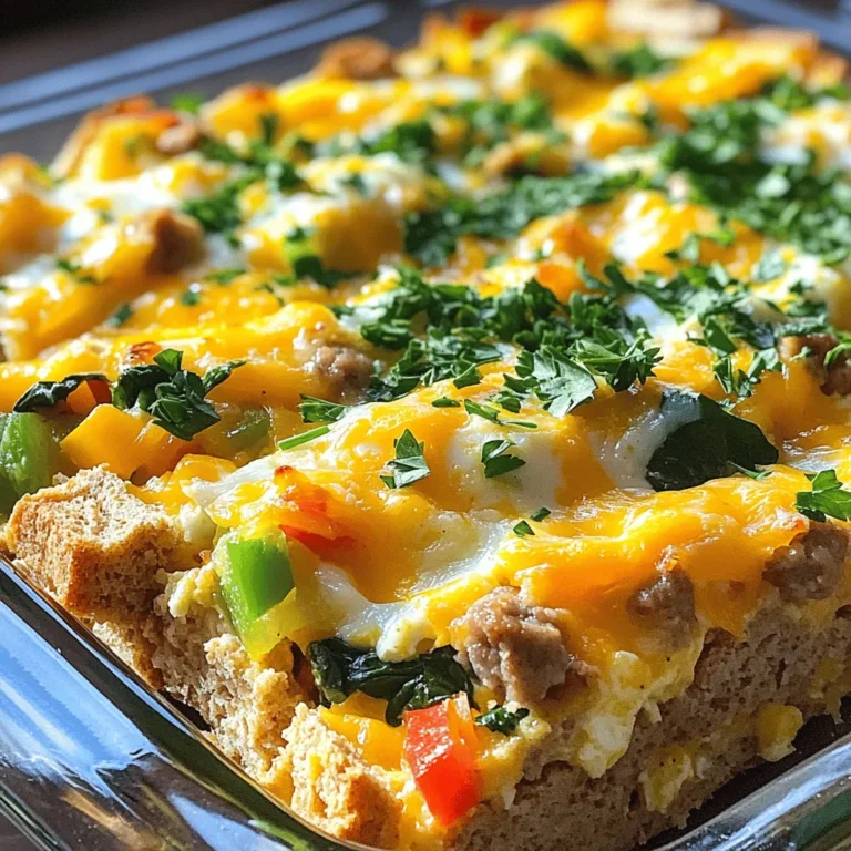 To make the Best Ever Breakfast Casserole, gather these simple ingredients: - 6 large eggs - 2 cups whole milk - 2 cups diced whole wheat bread - 1 cup cooked and crumbled turkey sausage - 1 cup shredded cheddar cheese - 1 cup spinach, chopped - 1 medium bell pepper, diced (any color) - 1/2 medium onion, diced - 1 teaspoon garlic powder - 1 teaspoon dried oregano - Salt and pepper to taste - Fresh parsley or chives for garnish Each ingredient plays a key role in creating the flavor. The eggs and milk form a rich base. Whole wheat bread adds texture and heartiness. Turkey sausage gives a savory, protein boost. The cheese melts into gooey goodness, while vegetables add freshness and color. Seasonings bring it all together, making every bite delicious. I love using fresh herbs like parsley or chives as a garnish. They add a nice touch and enhance the dish's look. This breakfast casserole is not only tasty but also packed with nutrients! 1. First, preheat your oven to 350°F (175°C). This step warms the oven and helps your dish cook evenly. 2. Next, grease a 9x13 inch casserole dish. This prevents the food from sticking and makes cleanup easier. 1. In a large bowl, whisk together 6 large eggs and 2 cups of whole milk. Mix until smooth and creamy. 2. Add 1 teaspoon of garlic powder, 1 teaspoon of dried oregano, and some salt and pepper. Stir until the seasonings blend well. 1. Spread 2 cups of diced whole wheat bread evenly at the bottom of the greased dish. 2. Layer 1 cup of cooked and crumbled turkey sausage over the bread. 3. Next, add 1 cup of chopped spinach, 1 diced bell pepper, and 1/2 diced onion. Spread the veggies evenly. 4. Pour the egg and milk mixture over the layers. Make sure it covers everything. 5. Finally, sprinkle 1 cup of shredded cheddar cheese on top. 1. Use a spatula to press down gently on the layers. This helps the egg soak in. 2. Bake in the preheated oven for 45 to 50 minutes. Check if it’s done by inserting a knife in the center. It should come out clean. 3. Once baked, let it cool for about 10 minutes before slicing. Garnish with fresh parsley or chives for a nice touch. Choosing the Right Bread Use whole wheat bread for a nutty flavor. It holds moisture well and adds fiber. Cut the bread into cubes to help it soak up the egg mixture. If you prefer, you can use sourdough or even ciabatta for a unique taste. Tips for Even Cooking Make sure the layers are even. Spread the bread, sausage, and veggies flat in the dish. This helps them cook evenly. Pressing down gently on the layers after adding the egg mix ensures they absorb flavor. Adding Spices Spices can make your casserole pop! Try adding a pinch of paprika or chili powder for heat. Fresh herbs like thyme or basil can add freshness. Experiment to find what you like best. Cheese Variations While cheddar is great, you can mix it up! Try mozzarella for a gooey texture or feta for a tangy bite. Combining different cheeses can give your dish more depth. Ideal Pairings Serve with fresh fruit for a sweet contrast. Crispy bacon or turkey bacon adds a nice crunch. A simple salad on the side can also balance the meal. Garnishes for Presentation Fresh herbs like parsley or chives make the dish look vibrant. Just sprinkle them on top right before serving. It adds color and a hint of fresh flavor to your casserole. {{image_2}} Substituting Sausage If you want a meat-free dish, try using plant-based sausage. These substitutes taste great and add flavor. You can also use cooked lentils or chickpeas for protein. They will blend well with the veggies and egg mixture. Additional Vegetable Ideas You can add more veggies to the casserole. Zucchini, mushrooms, and tomatoes work well. Just chop them up and mix them in. This adds color and nutrition to your meal. Gluten-Free Bread Options For a gluten-free dish, use gluten-free bread. There are many options available now. Look for ones made from almond or coconut flour. They toast well and hold the casserole together nicely. Adjusting Ingredients Check all ingredients for gluten. Some seasonings might contain gluten. Always read labels carefully. You can still enjoy a tasty breakfast casserole without gluten. Muffin Tin Method For fun individual servings, use a muffin tin. Just pour the mixture into each cup. This creates bite-sized portions that are easy to grab. They are perfect for kids or busy mornings. Cooking Time Adjustments If you use a muffin tin, check the cooking time. They will cook faster, about 20-25 minutes. Watch them closely. Insert a toothpick to check if they are done. To keep your breakfast casserole fresh, store it right. After cooling, place leftovers in an airtight container. You can refrigerate it for up to four days. Make sure to cover the dish tightly with plastic wrap or foil. This helps prevent drying out. If you want to save it for longer, freeze the casserole. Cut it into squares for easy serving. Wrap each piece in plastic, then place them in a freezer bag. This way, you can enjoy it for up to three months. Remember to label the bag with the date. When it's time to enjoy your casserole again, reheating is key. The best method for reheating is in the oven. Preheat your oven to 350°F (175°C). Place the casserole in an oven-safe dish. Cover it with foil to keep moisture in. Heat for about 20 to 25 minutes, or until it's warmed through. If you’re in a hurry, you can use the microwave. Place a piece on a microwave-safe plate. Heat it for 1 to 2 minutes, checking every 30 seconds. Make sure it's hot all the way through before eating. Yes, you can prepare this casserole in advance. To do this, follow these steps: - Mix the ingredients: Combine the eggs, milk, and seasonings as described. - Layer the casserole: Add the bread, sausage, veggies, and cheese in the dish. - Cover and store: Wrap the dish tightly with plastic wrap and place it in the fridge. You can assemble it the night before. Just bake it in the morning. This makes breakfast easy and quick! If you want to swap out turkey sausage, here are some great options: - Pork sausage: This adds rich flavor. - Chicken sausage: A leaner choice with good taste. - Vegetarian sausage: Great for a meat-free meal. - Ground beef: This gives a hearty texture. Each option brings a unique flavor, so choose what you like best! To keep your casserole from being soggy, try these tips: - Use day-old bread: It soaks up less liquid than fresh bread. - Press down lightly: After pouring the egg mix, press the layers gently. This helps distribute the egg without making it soggy. - Avoid too much liquid: Stick to the recipe measurements for milk and eggs. These steps help keep the bread fluffy and delicious! Absolutely! You can switch cheeses based on your taste. Here are some tasty options: - Mozzarella: For a creamy melt. - Feta: Adds a tangy flavor. - Pepper Jack: For a spicy kick. - Swiss: Offers a mild, nutty taste. Feel free to mix and match cheeses for fun flavors! This blog post shared a simple recipe for a tasty breakfast casserole. You learned about the key ingredients, step-by-step instructions, and helpful tips. We explored fun variations and storage info, making this dish flexible for all. In your kitchen, this casserole is a great way to start the day. You can impress your family with your skills while enjoying a delicious meal. With these tips, make a dish that fits your taste and lifestyle!