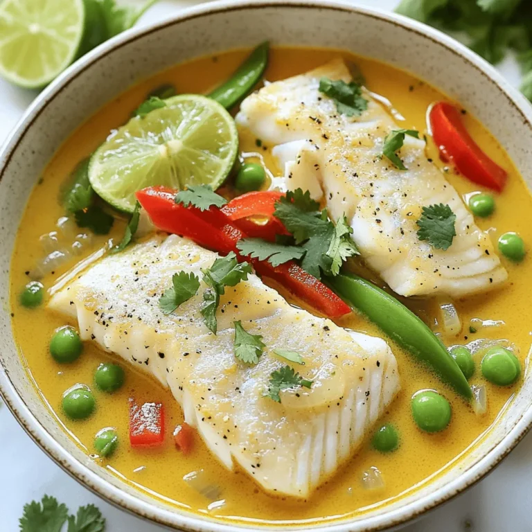 To make this delightful Coconut Lime Fish Soup, you will need some fresh and simple ingredients. Here’s what you'll need: - 1 pound white fish fillets (like cod or tilapia), cut into bite-sized pieces - 1 tablespoon olive oil - 1 small onion, diced - 2 cloves garlic, minced - 1 inch fresh ginger, grated - 1 can (14 oz) coconut milk - 2 cups fish or vegetable stock - 1 lime, juiced and zested - 1 tablespoon fish sauce - 1 tablespoon brown sugar - 1 red bell pepper, sliced - 1 cup snap peas, trimmed - Fresh cilantro, for garnish - Salt and pepper to taste These ingredients work together to create a bright and tasty soup. The white fish adds a nice texture, while the coconut milk gives it a creamy base. Garnishes can take your soup to the next level. Consider these fun options: - Sliced lime wedges for extra zing - Fresh cilantro for a burst of color - Thinly sliced chili peppers for some heat Garnishes not only make the dish pretty but also add more flavor. If you can’t find some fresh ingredients, don't worry. Here are some easy swaps: - Instead of white fish, try shrimp or scallops. - You can use green onions instead of regular onions. - If ginger is not available, try using a bit of ground ginger. These substitutions keep the soup tasty and allow for creativity. You can still enjoy a great meal with what you have on hand! Start by gathering all your ingredients. You need: - 1 pound white fish fillets, cut into bite-sized pieces - 1 tablespoon olive oil - 1 small onion, diced - 2 cloves garlic, minced - 1 inch fresh ginger, grated - 1 can (14 oz) coconut milk - 2 cups fish or vegetable stock - 1 lime, juiced and zested - 1 tablespoon fish sauce - 1 tablespoon brown sugar - 1 red bell pepper, sliced - 1 cup snap peas, trimmed - Fresh cilantro for garnish - Salt and pepper to taste Next, heat the olive oil in a large pot over medium heat. Add the diced onion and sauté until it becomes soft and clear, about five minutes. This step builds a great base for your soup. Then, stir in the minced garlic and grated ginger. Cook for one more minute. You want to smell that amazing aroma! Pour the coconut milk and fish stock into the pot. Turn the heat up to bring the mixture to a gentle simmer. This is where the magic starts to happen. Now, add the lime juice, lime zest, fish sauce, and brown sugar. Stir everything well. This mix gives your soup that fresh and zesty flavor. Gently add the fish pieces, red bell pepper, and snap peas to the pot. Cook for five to seven minutes. The fish should be cooked through and flake easily with a fork. Finally, season your soup with salt and pepper to taste. Remove it from the heat and let it rest for a few minutes. This allows the flavors to meld together. To check if the fish is done, look for a few signs. The fish should be opaque and flake easily with a fork. If it still looks shiny or translucent, it needs more time. Be careful not to overcook the fish. It can turn tough and dry. For best results, keep an eye on it while it cooks. If you follow these steps, you’ll enjoy a perfect bowl of coconut lime fish soup! To boost the soup's flavor, use fresh herbs. A handful of cilantro adds brightness. You can also add a dash of lime zest for a zesty twist. For more depth, consider a splash of soy sauce or a hint of chili paste. Both will bring out the richness of the coconut milk. Curdling can ruin your soup. To avoid this, always add coconut milk at a lower heat. Stir it in slowly after simmering other ingredients. Also, avoid boiling the soup once the coconut milk is in. This keeps the soup creamy and smooth. When cooking fish, it is best to keep it gentle. Poaching works well for this soup. Add fish pieces gently into the broth. This way, they cook evenly and stay moist. Always check that the fish flakes easily with a fork. This tells you it is done. For other methods, grilling or baking can also add unique flavors. Just be sure to keep the fish tender. {{image_2}} You can use many types of fish in this soup. White fish works best, like cod or tilapia. These fish have a nice, mild flavor. You can also try halibut or snapper. They add a bit more richness. For a unique twist, use salmon. Salmon adds a bold taste and pairs well with coconut. Just remember, the fish should be fresh or properly thawed. If you want a vegetarian version, leave out the fish. Instead, use tofu or chickpeas for protein. Tofu absorbs the soup's flavors well. Cut it into small cubes and add it with the veggies. You can also add more vegetables like mushrooms or zucchini. They bring great texture and taste. Vegetable broth can replace fish stock. This keeps the soup rich and flavorful. If you love heat, add some spice! Fresh chilies are a great option. Slice them thin and add them with the garlic. You can use jalapeños for a mild kick or Thai bird chilies for more heat. Another option is red pepper flakes. Add them while cooking for a slow, warm heat. Adjust the amount to your taste. This way, you can make your soup as spicy as you like! After enjoying your Coconut Lime Fish Soup, store any leftovers in a tight container. Let the soup cool down first. This helps keep the flavors fresh. Place it in the fridge if you plan to eat it within three days. Make sure to label the container with the date. When reheating the soup, I suggest using a pot on the stove. Heat it over low to medium heat. Stir often to avoid burning. If you want, add a splash of fish stock or water. This helps keep the soup from getting too thick. You can also microwave it. Use a microwave-safe bowl and cover it loosely. Heat it in short bursts, stirring in between. If you want to store the soup longer, freeze it. Use freezer-safe containers or bags. Leave some space at the top. Soup expands when frozen. It will last up to three months in the freezer. To thaw, place it in the fridge overnight. Reheat it on the stove, stirring well to mix the flavors. Yes, you can use frozen fish for this recipe. Just make sure to thaw it first. This helps the fish cook evenly. Frozen fish can be a great option when fresh fish is not available. Look for fillets like cod or tilapia, which work well in the soup. You can serve Coconut Lime Fish Soup with several tasty sides. Here are some ideas: - Steamed rice for a filling meal - Crusty bread to soak up the soup - A fresh salad for a light option - Lime wedges to add extra zest These sides complement the soup's flavors and enhance the meal. Coconut Lime Fish Soup lasts about 2 to 3 days in the fridge. Store it in an airtight container for the best results. When you reheat, make sure to do it gently. This helps keep the fish tender and the flavors bright. If you notice any off smells or changes in texture, it's best to discard it. Coconut lime fish soup is fun and easy to make. You learned about the key ingredients, preparation steps, and cooking tips. Substitutions and variations help you customize your dish. Proper storage and reheating tips keep your soup fresh. I hope you feel ready to try this tasty recipe. Make it your own with your favorite flavors! Enjoy the warmth and brightness of this simple meal.