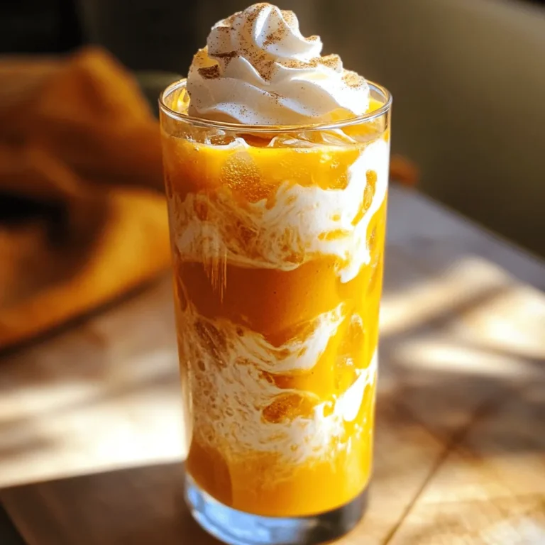 - 2 cups water - 2 chai tea bags - 1 cup pumpkin puree The base of this drink starts with water. I use two cups to brew the chai tea. The chai tea bags give a warm, spiced flavor. I also add one cup of pumpkin puree. This gives the drink its rich pumpkin taste. - 1 cup milk (dairy or non-dairy) - 1/4 cup heavy cream (or a non-dairy alternative) For creaminess, I include one cup of milk. You can choose dairy or non-dairy options like almond or oat milk. Then, I add a quarter cup of heavy cream. This makes the drink even richer. If you prefer a non-dairy option, use coconut cream instead. - 2 tablespoons brown sugar (adjust to taste) - 1 teaspoon pumpkin pie spice (plus extra for garnish) - 1 teaspoon vanilla extract To sweeten the drink, I mix in two tablespoons of brown sugar. You can adjust this to fit your taste. I also add one teaspoon of pumpkin pie spice. This gives it that classic fall flavor. Lastly, I use one teaspoon of vanilla extract for depth. It ties all the flavors together, making the drink special. First, we need to boil the water. Pour 2 cups of water into a medium saucepan. Heat it on the stove until it bubbles. Once it boils, take it off the heat. Next, steep the chai tea bags. Add 2 chai tea bags to the hot water. Let them sit for about 5 to 7 minutes. This makes a strong and tasty chai flavor. If you like it stronger, steep a bit longer. After steeping, remove the tea bags and let the tea cool. You can speed this up by putting it in the fridge for 10 to 15 minutes. Now, let’s make the pumpkin cream. In a bowl, whisk together the pumpkin puree, milk, heavy cream, brown sugar, pumpkin pie spice, and vanilla extract. Whisk until it’s smooth and all mixed. This creamy blend adds a rich taste to your drink. Once the chai tea has cooled, mix it with the pumpkin cream mixture. Stir it well to combine the flavors. Now, it’s time to serve! Fill glasses with ice cubes. Pour the iced pumpkin chai tea over the ice. Fill each glass to your liking. If needed, stir lightly to mix. Finish by sprinkling a little pumpkin pie spice on top for garnish. Enjoy your refreshing iced pumpkin cream chai tea! To make your iced pumpkin cream chai tea truly special, adjust the sweetness. I like to use brown sugar. It adds a warm, rich flavor. Start with 2 tablespoons, then taste. Add more if you want it sweeter. Choosing the right milk is also key. Dairy milk gives a rich taste. Non-dairy options, like oat or almond milk, work great too. Each brings its own flavor. Experiment to find your favorite! For the best texture, use heavy cream. It makes your drink super creamy. If you prefer a lighter option, choose a non-dairy cream. Whisk it well to avoid lumps. When whisking, use a steady motion. This helps mix the pumpkin and cream smoothly. You want a nice, even texture. If you have a frother, give it a try! Garnishing your drink makes it look fancy. Sprinkle pumpkin pie spice on top. This adds a lovely touch! You can also add whipped cream for extra flair. Choose clear glassware to show off those beautiful layers. A tall glass lets you see the vibrant orange and cream colors. This drink is not just tasty; it looks great too! {{image_2}} You can switch up the sweetener for your iced pumpkin cream chai tea. Maple syrup or honey works great. Both add a nice touch of flavor. Maple syrup gives a rich taste, while honey is light and floral. Start with the same amount as the brown sugar, then adjust to your taste. Spices can change your drink's vibe. Try adding cinnamon or nutmeg to your iced pumpkin cream chai tea. Cinnamon brings warmth and sweetness, while nutmeg adds a hint of nuttiness. Just a pinch can elevate your drink. Don’t be shy to experiment until you find your perfect mix. Want a warm drink instead? You can easily adjust the recipe for a cozy treat. Just skip the ice and pour the chai pumpkin mixture into a mug. Heat the chai tea slightly before mixing it with the pumpkin cream. This way, you enjoy the same great flavor in a warm cup. To keep your iced pumpkin cream chai tea fresh, store it in a sealed container. Use a glass jar or a plastic bottle with a tight lid. This helps keep out air and prevents unwanted flavors. Place it in the fridge right after you make it. Avoid leaving it at room temperature for long. If you want to enjoy your iced pumpkin chai warm, reheat it gently. Pour the tea into a saucepan. Heat it on low heat. Stir it often to keep it from sticking to the bottom. Avoid boiling, which can change the flavor. Take it off the heat when it's warm enough for you. Your iced pumpkin cream chai tea lasts about 3 to 5 days in the fridge. Make sure to check for any changes in smell or taste before drinking. If it looks or smells off, it’s best to toss it. Always store it properly to enjoy it at its best! Yes, you can use fresh pumpkin. Fresh pumpkin offers a bright flavor. It has more moisture than canned puree, so adjust your recipe. Roast the pumpkin until soft, then blend it until smooth. This keeps the drink fresh and tasty. If you lack chai tea bags, don’t worry. You can use other teas. Earl Grey or black tea can work well. For a spiced flavor, try adding cinnamon and ginger to the brew. This will give you a unique twist on your drink. Absolutely! To make the drink vegan, use plant-based milk. Almond, oat, or soy milk are great choices. Swap heavy cream for coconut cream or a vegan whipped topping. You’ll still enjoy that creamy texture without dairy. Iced Pumpkin Cream Chai Tea is a fun mix of flavors. You need water, chai tea bags, and pumpkin puree to start. Add milk and cream for richness, plus brown sugar and pumpkin pie spice for sweetness. With these tips, you'll make a tasty drink. Remember, you can change sweeteners or spices to fit your taste. Store leftovers right, and enjoy this drink warm or cold. I hope you feel inspired to create your own perfect iced treat!