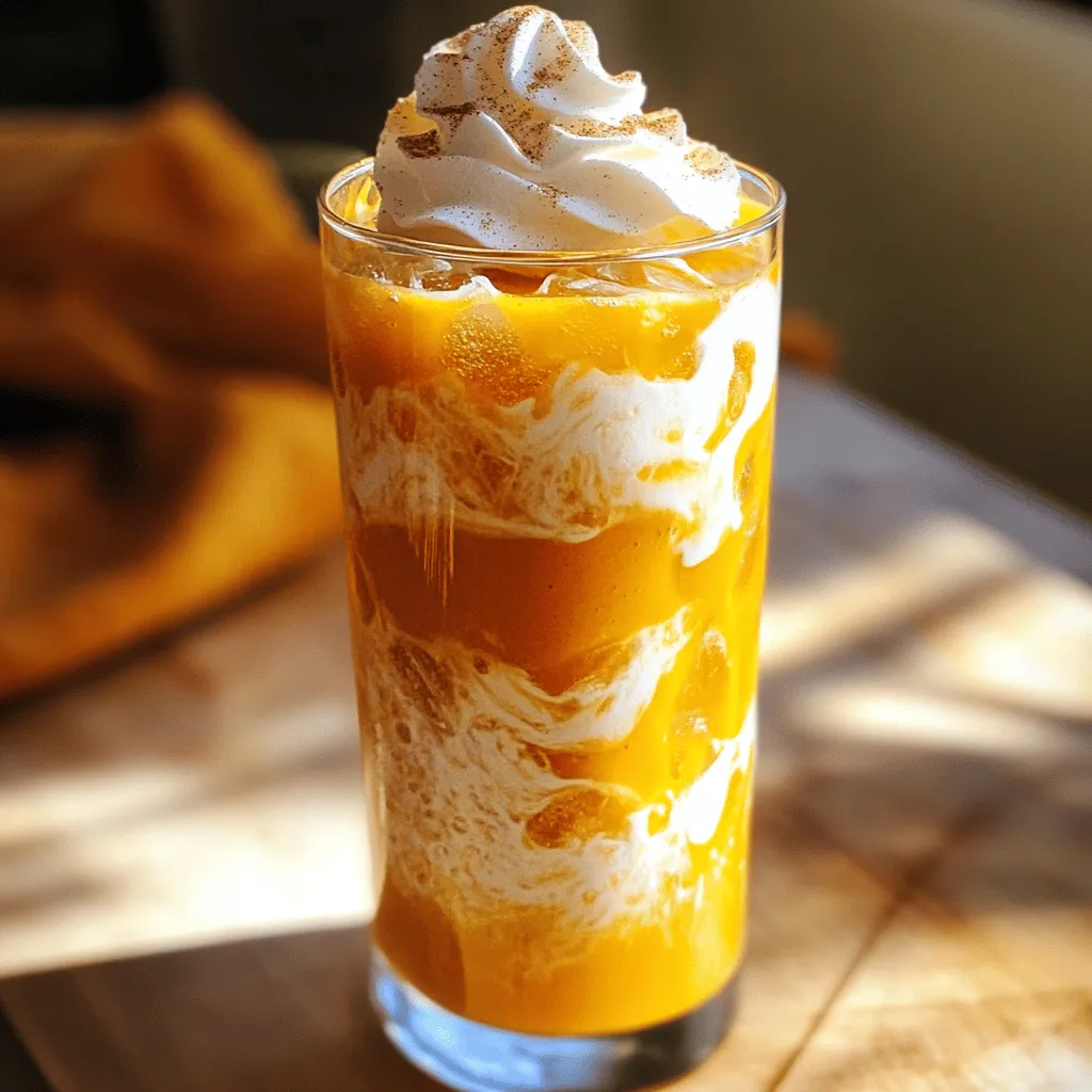 - 2 cups water - 2 chai tea bags - 1 cup pumpkin puree The base of this drink starts with water. I use two cups to brew the chai tea. The chai tea bags give a warm, spiced flavor. I also add one cup of pumpkin puree. This gives the drink its rich pumpkin taste. - 1 cup milk (dairy or non-dairy) - 1/4 cup heavy cream (or a non-dairy alternative) For creaminess, I include one cup of milk. You can choose dairy or non-dairy options like almond or oat milk. Then, I add a quarter cup of heavy cream. This makes the drink even richer. If you prefer a non-dairy option, use coconut cream instead. - 2 tablespoons brown sugar (adjust to taste) - 1 teaspoon pumpkin pie spice (plus extra for garnish) - 1 teaspoon vanilla extract To sweeten the drink, I mix in two tablespoons of brown sugar. You can adjust this to fit your taste. I also add one teaspoon of pumpkin pie spice. This gives it that classic fall flavor. Lastly, I use one teaspoon of vanilla extract for depth. It ties all the flavors together, making the drink special. First, we need to boil the water. Pour 2 cups of water into a medium saucepan. Heat it on the stove until it bubbles. Once it boils, take it off the heat. Next, steep the chai tea bags. Add 2 chai tea bags to the hot water. Let them sit for about 5 to 7 minutes. This makes a strong and tasty chai flavor. If you like it stronger, steep a bit longer. After steeping, remove the tea bags and let the tea cool. You can speed this up by putting it in the fridge for 10 to 15 minutes. Now, let’s make the pumpkin cream. In a bowl, whisk together the pumpkin puree, milk, heavy cream, brown sugar, pumpkin pie spice, and vanilla extract. Whisk until it’s smooth and all mixed. This creamy blend adds a rich taste to your drink. Once the chai tea has cooled, mix it with the pumpkin cream mixture. Stir it well to combine the flavors. Now, it’s time to serve! Fill glasses with ice cubes. Pour the iced pumpkin chai tea over the ice. Fill each glass to your liking. If needed, stir lightly to mix. Finish by sprinkling a little pumpkin pie spice on top for garnish. Enjoy your refreshing iced pumpkin cream chai tea! To make your iced pumpkin cream chai tea truly special, adjust the sweetness. I like to use brown sugar. It adds a warm, rich flavor. Start with 2 tablespoons, then taste. Add more if you want it sweeter. Choosing the right milk is also key. Dairy milk gives a rich taste. Non-dairy options, like oat or almond milk, work great too. Each brings its own flavor. Experiment to find your favorite! For the best texture, use heavy cream. It makes your drink super creamy. If you prefer a lighter option, choose a non-dairy cream. Whisk it well to avoid lumps. When whisking, use a steady motion. This helps mix the pumpkin and cream smoothly. You want a nice, even texture. If you have a frother, give it a try! Garnishing your drink makes it look fancy. Sprinkle pumpkin pie spice on top. This adds a lovely touch! You can also add whipped cream for extra flair. Choose clear glassware to show off those beautiful layers. A tall glass lets you see the vibrant orange and cream colors. This drink is not just tasty; it looks great too! {{image_2}} You can switch up the sweetener for your iced pumpkin cream chai tea. Maple syrup or honey works great. Both add a nice touch of flavor. Maple syrup gives a rich taste, while honey is light and floral. Start with the same amount as the brown sugar, then adjust to your taste. Spices can change your drink's vibe. Try adding cinnamon or nutmeg to your iced pumpkin cream chai tea. Cinnamon brings warmth and sweetness, while nutmeg adds a hint of nuttiness. Just a pinch can elevate your drink. Don’t be shy to experiment until you find your perfect mix. Want a warm drink instead? You can easily adjust the recipe for a cozy treat. Just skip the ice and pour the chai pumpkin mixture into a mug. Heat the chai tea slightly before mixing it with the pumpkin cream. This way, you enjoy the same great flavor in a warm cup. To keep your iced pumpkin cream chai tea fresh, store it in a sealed container. Use a glass jar or a plastic bottle with a tight lid. This helps keep out air and prevents unwanted flavors. Place it in the fridge right after you make it. Avoid leaving it at room temperature for long. If you want to enjoy your iced pumpkin chai warm, reheat it gently. Pour the tea into a saucepan. Heat it on low heat. Stir it often to keep it from sticking to the bottom. Avoid boiling, which can change the flavor. Take it off the heat when it's warm enough for you. Your iced pumpkin cream chai tea lasts about 3 to 5 days in the fridge. Make sure to check for any changes in smell or taste before drinking. If it looks or smells off, it’s best to toss it. Always store it properly to enjoy it at its best! Yes, you can use fresh pumpkin. Fresh pumpkin offers a bright flavor. It has more moisture than canned puree, so adjust your recipe. Roast the pumpkin until soft, then blend it until smooth. This keeps the drink fresh and tasty. If you lack chai tea bags, don’t worry. You can use other teas. Earl Grey or black tea can work well. For a spiced flavor, try adding cinnamon and ginger to the brew. This will give you a unique twist on your drink. Absolutely! To make the drink vegan, use plant-based milk. Almond, oat, or soy milk are great choices. Swap heavy cream for coconut cream or a vegan whipped topping. You’ll still enjoy that creamy texture without dairy. Iced Pumpkin Cream Chai Tea is a fun mix of flavors. You need water, chai tea bags, and pumpkin puree to start. Add milk and cream for richness, plus brown sugar and pumpkin pie spice for sweetness. With these tips, you'll make a tasty drink. Remember, you can change sweeteners or spices to fit your taste. Store leftovers right, and enjoy this drink warm or cold. I hope you feel inspired to create your own perfect iced treat!