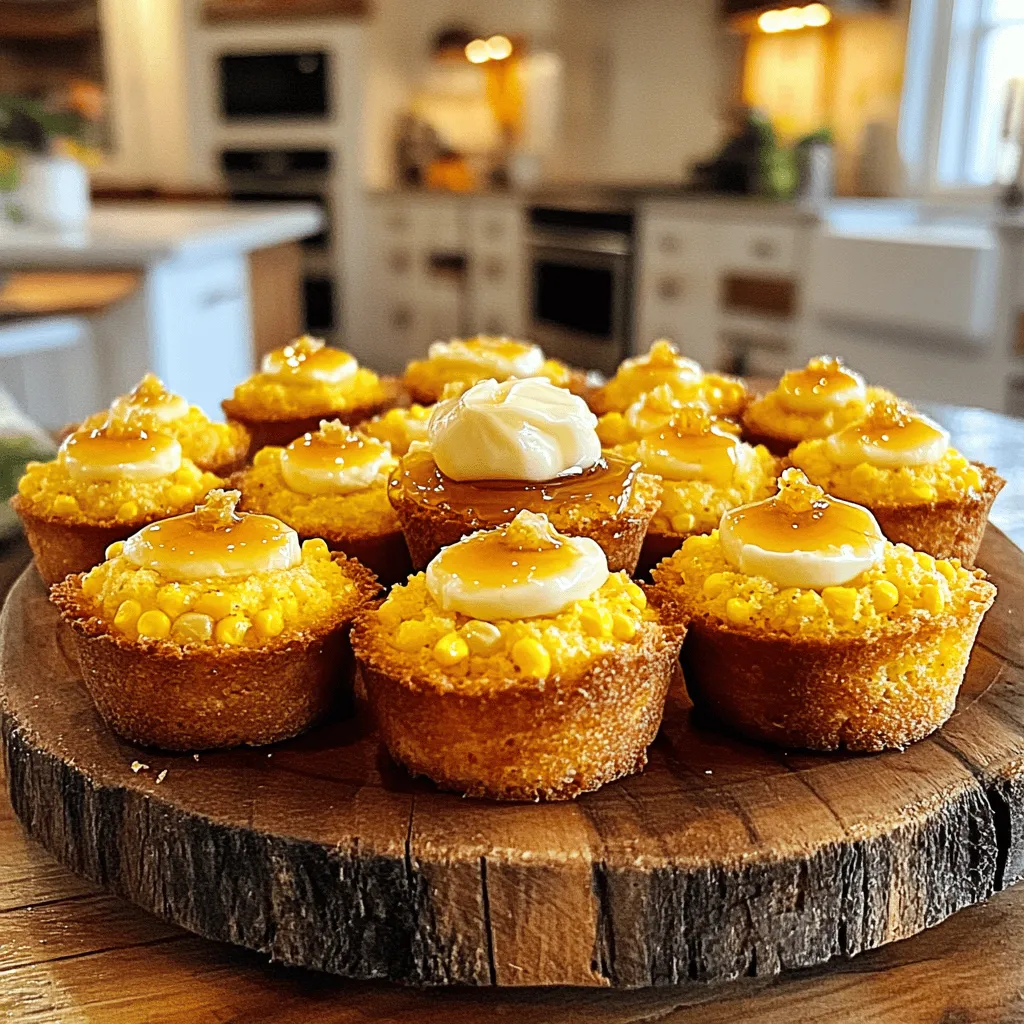 - 1 cup cornmeal - 1 cup all-purpose flour - 1 tablespoon baking powder - 1/2 teaspoon salt - 1/4 cup granulated sugar - 1 cup buttermilk - 1/4 cup unsalted butter, melted - 2 large eggs - 1/2 cup sweet corn (canned or frozen) - 1/4 cup honey - 1/2 teaspoon cinnamon (optional) - 1/4 cup butter, softened (for honey butter) - Additional spices for flavor - Alternative sweeteners: maple syrup or agave You will need simple ingredients to make honey butter cornbread poppers. Cornmeal creates a light texture, while all-purpose flour adds structure. Baking powder helps your poppers rise. Salt brings out the flavors, and sugar adds a touch of sweetness. Buttermilk gives a rich taste, and melted butter adds moisture. Eggs bind everything together. Sweet corn gives bites of flavor. Honey is key for the sweet finish, while cinnamon can add warmth if you choose. For the honey butter, use softened butter and honey for a tasty topping. You can also enhance your poppers with other spices or sweeteners. Experiment with what you enjoy! - Preheat oven to 400°F (200°C). - Grease or line your mini muffin tin. - In a large bowl, combine: - 1 cup cornmeal - 1 cup all-purpose flour - 1 tablespoon baking powder - 1/2 teaspoon salt - 1/4 cup granulated sugar - 1/2 teaspoon cinnamon (optional) - In another bowl, whisk together: - 1 cup buttermilk - 1/4 cup melted butter - 2 large eggs - Pour the wet mix into the dry mix. - Stir gently until just combined. - Do not overmix. - Fold in 1/2 cup sweet corn until even. - Fill each muffin cup about 2/3 full. - Bake for 12-15 minutes until golden brown. - In a small bowl, combine: - 1/4 cup softened butter - 1/4 cup honey - Mix until well combined. Now, you have all the steps ready to make these tasty treats! Enjoy the process! To make the best Honey Butter Cornbread Poppers, do not overmix the batter. Overmixing can lead to a dense texture. Gently stir your wet and dry ingredients until just combined. This simple step keeps the poppers light and airy. Also, bake until they are just golden. If you bake them too long, they can dry out fast. Keep an eye on them as they bake. For a sweet kick, serve your poppers with extra honey. A drizzle of maple syrup also adds a nice touch. You can pair these poppers with savory toppings too. Try them with chili or a warm stew. The mix of sweet and savory creates a delightful flavor combo. Make your poppers stand out by arranging them on a nice platter. Drizzle some honey on top for a beautiful glaze. If you want a rustic look, serve them in mason jars. This adds charm and is perfect for gatherings. Enjoy the mix of taste and beauty! {{image_2}} You can change the taste of your Honey Butter Cornbread Poppers in fun ways. - Adding jalapeños for a spicy kick: Chop fresh jalapeños and mix them into the batter. This adds heat and a bright flavor. Use as many as you like, but start with one or two. Adjust to your taste. - Incorporating cheese for a savory twist: Grate some cheese, like cheddar or pepper jack, and fold it into the batter. This gives the poppers a rich, cheesy flavor. Need to make these poppers fit your diet? No problem! - Gluten-free options using cornmeal and almond flour: Swap the all-purpose flour for almond flour. Make sure to use fine cornmeal. This way, you still get that cornbread taste without gluten. - Vegan alternatives with flax eggs and plant-based milk: Replace the eggs with flax eggs. Mix one tablespoon of flaxseed meal with two and a half tablespoons of water. Let it sit for five minutes to thicken. Use almond or oat milk in place of buttermilk. Make your poppers shine for each season! - Adding pumpkin puree in fall: Mix in half a cup of pumpkin puree. This adds warmth and a touch of sweetness. It also gives a nice autumn color. - Using fresh herbs in summer: Fold in chopped fresh herbs like rosemary or basil. This brings a bright, fresh taste to your poppers. Enjoy the flavors of summer in each bite! You can store your Honey Butter Cornbread Poppers in an airtight container. They stay fresh for up to 3 days. This way, you can enjoy them as a snack or side dish throughout the week. If you want to keep them longer, freeze the poppers. Place them in a freezer-safe container. They can last for up to 2 months in the freezer. Just make sure to label the container with the date. For the best texture, reheat the poppers in the oven. Preheat the oven to 350°F (175°C). Place the poppers on a baking sheet and heat for about 10 minutes. This keeps them nice and warm. If you need a quick option, use the microwave. Place a few poppers on a plate and cover them with a damp paper towel. Heat them for 10-15 seconds. Check to see if they are warm enough, then enjoy! You can use regular milk with a bit of vinegar or lemon juice. Just mix 1 cup of milk with 1 tablespoon of vinegar or lemon juice. Let it sit for five minutes. This quick trick gives you a nice buttermilk flavor. Yes, you can make these honey butter cornbread poppers ahead of time. Prepare them and store in the fridge. When you're ready, just reheat them in the oven or microwave. They taste just as good! If you want less sweetness, reduce the sugar in the recipe. You can also skip adding honey on top. This way, you keep the cornbread flavor without it being too sweet. Absolutely! Frozen corn works well in this recipe. Just add it directly to the batter. No need to thaw it first. It adds a nice texture and flavor to your poppers. These poppers are great as a side. They pair well with chili, soups, or barbecues. Serve them warm for a cozy snack or meal. This blog post covered a tasty cornbread popper recipe. You learned about the key ingredients, easy steps for baking, and tips for storage. I shared variations to suit different diets and tastes. Remember, the right mix of dry and wet ingredients is key for perfect texture. Enjoy getting creative with flavors and toppings. Your cornbread poppers will impress anyone you serve them to! Keep experimenting, and you'll find your favorite twist.