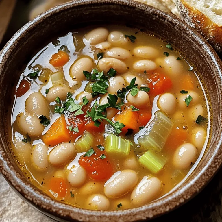 - 2 cans (15 oz each) cannellini beans, drained and rinsed - 4 cups vegetable broth - 1 large onion, diced - 3 cloves garlic, minced - 2 medium carrots, diced - 2 celery stalks, diced - 1 cup chopped kale (or spinach) - 1 can (14 oz) diced tomatoes, undrained - 1 tablespoon olive oil - 1 teaspoon dried thyme - 1 teaspoon dried oregano - 1 bay leaf - Salt and pepper to taste - Fresh parsley, chopped (for garnish) When choosing your ingredients, look for high-quality options. Select beans that are firm and free from defects. Fresh vegetables should be bright and crisp. For the broth, choose low-sodium versions to control salt levels. Fresh herbs add a burst of flavor, so skip dried if possible. The olive oil should be extra virgin for the best taste. If you can, get organic produce. This choice supports sustainable farming. The fresher the ingredients, the better your soup will taste. Enjoy selecting them! To start, you’ll need to sauté the onion and garlic. Heat 1 tablespoon of olive oil in your slow cooker on the low setting. Add 1 large, diced onion. Cook it for about 5 minutes. You want it to become soft and slightly clear. Next, add 3 minced garlic cloves. Cook this for 1 more minute. You’ll smell the garlic soon! Now it's time to combine all your ingredients in the slow cooker. Add 2 diced medium carrots and 2 diced celery stalks. Then, toss in 2 cans of drained and rinsed cannellini beans. Pour in 4 cups of vegetable broth and 1 can of undrained diced tomatoes. Don’t forget the spices! Add 1 teaspoon of dried thyme, 1 teaspoon of dried oregano, and 1 bay leaf. Season with salt and pepper to your liking. Stir everything together well. Make sure the beans are submerged in the broth. You can choose to cook on low or high settings. If you cook on low, the soup will take about 6 to 8 hours. If you're short on time, cooking on high will take about 3 to 4 hours. The low setting helps the flavors blend better over time. The high setting cooks quicker but can change the texture a bit. The carrots should be tender when done, which is key to a tasty soup. During the last 30 minutes of cooking, add 1 cup of chopped kale or spinach. Gently stir it in. This adds color and nutrition to the soup. Before serving, taste the soup. Adjust the seasonings with more salt and pepper if needed. Don’t forget to remove the bay leaf! Serve the soup in bowls and garnish with fresh parsley for a lovely finish. To make your Tuscan white bean soup even tastier, consider adding spices like red pepper flakes or smoked paprika. These spices add warmth and depth. Fresh herbs like basil or rosemary can also elevate the flavor profile. For the perfect texture, ensure you do not overcook the beans. They should be creamy but still hold their shape. Adding kale or spinach at the end helps maintain a vibrant color and a fresh taste. When choosing a slow cooker, look for a model with a programmable timer. This feature helps you set the cooking time precisely. A 4-quart slow cooker is great for this recipe, as it fits all the ingredients well. Always follow safety tips when using a slow cooker. Keep it on a stable surface and avoid placing it too close to walls or heat sources. Never lift the lid during cooking, as this releases heat and extends cooking time. This soup pairs wonderfully with crusty bread. A side of garlic bread or a fresh baguette complements the soup's flavors. You can also sprinkle grated Parmesan cheese on top for added richness. For an appealing dish, serve the soup in vibrant bowls. Garnish with fresh parsley for a pop of color. A drizzle of olive oil can also enhance the presentation and flavor. {{image_2}} You can switch up the beans in this soup. Instead of cannellini beans, try navy or great northern beans. Each type brings a unique taste. If you want to add greens, kale is great, but spinach works well too. You can even use Swiss chard or collard greens for a twist. For a dairy-free option, skip the cheese on top. Instead, try a sprinkle of nutritional yeast for a cheesy flavor without the dairy. If you need this soup fast, you can make it on the stovetop. Just sauté the onion and garlic in a pot over medium heat. Then add the rest of the ingredients. Let it simmer for about 30 minutes. This method is quick and easy! You can also use an Instant Pot. Sauté the onion and garlic, then add the rest of the ingredients. Cook on high pressure for 15 minutes. Let it naturally release for about 10 minutes. This saves time but keeps the flavor! Adding seasonal vegetables can boost the flavor. In spring, toss in some fresh peas. In summer, try zucchini or bell peppers. In fall, consider butternut squash or sweet potatoes. To enhance the soup with seasonal flavors, add fresh herbs. Basil in summer or thyme in spring can make a big difference. A squeeze of lemon juice can add brightness too! To keep your Tuscan white bean soup fresh, follow these simple steps: - Refrigeration: Allow the soup to cool to room temperature. Then, transfer it to an airtight container. Store it in the fridge for up to 4 days. - Freezing: For long-term storage, use freezer-safe bags or containers. Pour the cooled soup into these containers, leaving some space for expansion. It will last for about 3 months in the freezer. When you're ready to enjoy your soup again, reheating is key to keeping its great taste: - Reheating Tips: To maintain flavor and texture, heat the soup on the stove over medium heat. Stir occasionally until it’s hot. You can also use the microwave, but heat in short intervals to avoid uneven warming. - Storage Duration: The soup lasts about 4 days in the refrigerator. If frozen, it’s best to consume it within 3 months for the best flavor. What can I substitute for cannellini beans? You can use great northern beans or navy beans instead of cannellini beans. Both have a similar texture and taste. If you want a different flavor, try using chickpeas. They add a unique twist to the soup. How can I make this soup gluten-free? This soup is easy to make gluten-free. You only need to ensure your vegetable broth is gluten-free. Most brands are safe, but always check the label. The rest of the ingredients are naturally gluten-free. Caloric content and health benefits of ingredients This soup is both tasty and healthy. Each serving has about 230 calories. Cannellini beans are high in protein and fiber. They help keep you full and support digestion. Kale is packed with vitamins like A, C, and K. It boosts your immune system and adds color to your meal. Suggestions for making the soup healthier To make the soup even healthier, add more vegetables. Zucchini or bell peppers can be great choices. You can also reduce the olive oil to cut calories. Another option is to use less salt and add herbs for flavor. Can I cook this soup overnight? Yes, you can cook this soup overnight. Set your slow cooker on low. It will be ready for you in the morning. Just be sure to check the soup before serving. It should be tender but not mushy. What are the advantages of using a slow cooker for this recipe? Using a slow cooker makes this soup very easy. It allows the flavors to blend well over time. You can set it and forget it, which saves you time. Plus, slow cooking makes the beans creamy and delicious. This blog post covered every step for making Tuscan White Bean Soup. We discussed choosing high-quality ingredients and outlined each phase of cooking. You now know tips to enhance flavor, storage methods, and even variations to try. When you put these ideas into practice, your soup will be both tasty and satisfying. Enjoy experimenting with new flavors and textures, knowing you have a solid recipe to follow. Happy cooking!
