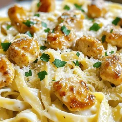 To make Garlic Butter Chicken Bites with Creamy Pasta, gather these simple ingredients: - 1 pound chicken breast, cut into bite-sized pieces - 4 tablespoons unsalted butter - 4 cloves garlic, minced - 1 teaspoon dried Italian herbs (oregano, thyme, basil mix) - Salt and pepper to taste - ½ cup chicken broth - 1 cup heavy cream - 1 cup Parmesan cheese, grated - 8 ounces fettuccine or your choice of pasta - Fresh parsley, chopped (for garnish) These ingredients create a rich and tasty dish. You get juicy chicken, creamy sauce, and perfectly cooked pasta. With just a few steps, you can turn this list into a meal your family will love. The chicken gives great flavor, while the garlic and herbs add depth. The cream and cheese make the sauce rich and smooth. You can switch the pasta type if you prefer something different. Make sure to have fresh parsley on hand for a bright finish. To start, fill a large pot with water. Add a good amount of salt to the water. This helps flavor the pasta. Bring the pot to a boil over high heat. Once it boils, add your choice of pasta. I like fettuccine for this dish. Cook the pasta until it is al dente. This usually takes about 8-10 minutes, but follow the package instructions. When ready, drain the pasta and set it aside. Remember to reserve about half a cup of that pasta water for later. For the chicken, heat a large skillet over medium-high heat. Add four tablespoons of unsalted butter. Once the butter melts and starts to bubble, add the chicken pieces. Make sure to season them well with salt, pepper, and dried Italian herbs. I use a mix of oregano, thyme, and basil. Sauté the chicken for about 5-7 minutes. You want it golden brown and cooked through. Keep an eye on it to avoid burning. Next, it is time for the garlic. Reduce the heat to medium before adding the minced garlic to the skillet. Sauté it gently for about 1-2 minutes. The goal is to make it fragrant, not burnt. After that, pour in half a cup of chicken broth. Bring it to a simmer and let it cook for 2-3 minutes to reduce slightly. Now, lower the heat again and add one cup of heavy cream. Gradually stir in one cup of grated Parmesan cheese. Keep stirring until you have a smooth and creamy sauce. If it feels too thick, add the reserved pasta water a little at a time to get the right consistency. Now, your pasta and sauce are ready to combine! To achieve golden brown chicken, use medium-high heat. This helps the chicken cook evenly. Make sure not to overcrowd the pan. This allows the chicken to brown nicely. A cast-iron skillet works best for sautéing. It holds heat well and gives a nice sear. For a creamy and flavorful sauce, add the cream slowly. Stir constantly as you add Parmesan cheese. This helps it melt and blend well. Avoid overcooking the garlic; it should become fragrant, not burnt. If your sauce gets too thick, add reserved pasta water a little at a time. This keeps the sauce smooth. Garnish your dish with fresh parsley for color and taste. It adds a nice touch to the meal. Consider pairing with a light salad or steamed veggies. These sides balance the richness of the pasta and chicken. Enjoy your meal with family or friends for a great time! {{image_2}} You can switch up the protein in this dish. Shrimp works great in place of chicken. Simply sauté shrimp until they turn pink. Tofu is another option. Use firm tofu, and cook it until golden brown. For a vegetarian twist, try adding chickpeas. They add protein and texture. Fettuccine is the classic choice, but feel free to use any pasta you like. Penne, rotini, or even spaghetti can work well. For a low-carb option, consider zucchini noodles or spaghetti squash. These choices give you a similar feel with fewer carbs. If you need a gluten-free option, use rice pasta or quinoa pasta. Adding vegetables can boost flavor and nutrition. Spinach wilts nicely into the sauce, adding color and health. Sun-dried tomatoes bring a sweet, tangy flavor. They mix well with the creamy sauce. You can also experiment with herbs. Try fresh basil or thyme for a different taste. A sprinkle of red pepper flakes adds a nice kick too! To store leftovers safely, let the dish cool down first. Place it in an airtight container. This keeps the chicken bites and pasta fresh. Store it in the fridge for up to three days. When you're ready to eat, reheat in a skillet over low heat. Stir frequently to warm it evenly. Add a splash of chicken broth if the sauce seems too thick. If you want to keep this dish longer, freezing is a great option. First, let the dish cool completely. Then, portion it into freezer-safe containers. Make sure to leave some space at the top of the container. This allows for expansion as it freezes. You can freeze it for up to three months. To thaw, move the container to the fridge overnight. When ready to eat, reheat in a skillet on medium heat. Stir often to prevent burning. If the sauce is too thick, add a little chicken broth or water to reach your desired consistency. It takes about 15 minutes to prep. The cooking time adds another 15 minutes. So, the total time is about 30 minutes. This dish is quick and easy, perfect for busy nights. You can impress guests with little effort. Yes, you can make this dish ahead. Cook the chicken and sauce, then store them in the fridge. You can cook the pasta fresh when you are ready to eat. This way, the pasta stays nice and firm. Reheat the chicken and sauce on the stove, adding a splash of broth if needed. You can serve this dish with many sides. A light salad pairs well, like a simple green salad with lemon vinaigrette. Garlic bread is another tasty option. You can also add steamed veggies, like broccoli or green beans, for color and nutrition. In this article, we explored the ingredients, steps, and tips for making Garlic Butter Chicken Bites with Creamy Pasta. I shared how to cook the chicken perfectly and create a rich, creamy sauce. You learned about variations and storage tips, making this dish easy to customize and preserve. Overall, this meal is delicious and simple to prepare. You can enjoy it any night of the week or impress guests. With the right techniques, you can make a dish that everyone will love.