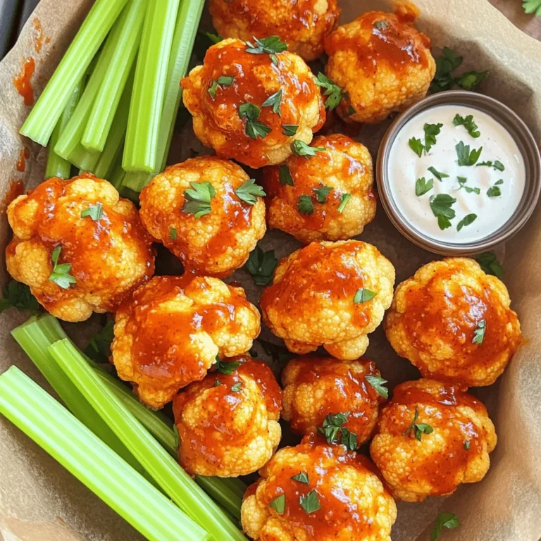 - 1 medium head of cauliflower, cut into bite-sized florets - 1 cup all-purpose flour - 1 teaspoon garlic powder - 1 teaspoon onion powder - 1 teaspoon smoked paprika - 1/2 teaspoon salt - 1/2 teaspoon black pepper - 1/2 cup water (or plant-based milk) - 1 cup buffalo sauce (adjust to taste) - 2 tablespoons olive oil - Optional: Celery sticks and ranch dressing for serving To make these Air Fryer Buffalo Cauliflower Bites, gather your ingredients. Start with a fresh medium head of cauliflower, and chop it into bite-sized florets. This helps them cook evenly and makes for a perfect bite. Next, you need all-purpose flour and garlic powder. The flour helps create a nice coating. Garlic powder adds a great flavor. You’ll also need seasoning. Grab onion powder, smoked paprika, salt, and pepper. These spices bring out the best taste in your bites. Don’t forget the buffalo sauce! This is the star of the dish. You can adjust how much you use based on your spice level. For a crispy finish, have some olive oil ready. If you want to serve these bites with something, celery sticks and ranch dressing are great options. They pair well with the heat of buffalo sauce. Having everything ready makes the cooking process smoother. Mixing flavors and textures is key to making this dish a hit. Enjoy your cooking adventure! - Preheat your air fryer to 400°F (200°C). This takes about 5 minutes. - While it heats, cut a medium head of cauliflower into bite-sized florets. - In a bowl, mix 1 cup of all-purpose flour, 1 teaspoon of garlic powder, 1 teaspoon of onion powder, 1 teaspoon of smoked paprika, 1/2 teaspoon of salt, and 1/2 teaspoon of black pepper. - Slowly whisk in 1/2 cup of water or plant-based milk. Aim for a smooth batter that coats the florets well. - Dip each cauliflower floret in the batter. Let any extra batter drip off. - Place the coated florets in a single layer in the air fryer basket. - Lightly spray the florets with olive oil for extra crispiness. - Cook the cauliflower for 12-15 minutes. Shake the basket halfway through for even cooking. The florets should look golden and crispy. - Once cooked, toss the cauliflower bites in 1 cup of buffalo sauce until they are well coated. - Return the bites to the air fryer and cook for an additional 2-3 minutes at 400°F. This adds flavor and crispiness. - Serve hot, and add celery sticks and ranch dressing if you like. To make the best Air Fryer Buffalo Cauliflower Bites, you need a good batter. The batter should be thick enough to coat each floret, but not too thick. If it is too runny, it won’t stick well. Start with one cup of flour and mix in water until you reach a smooth consistency. Lightly spray the cauliflower with olive oil before cooking. This helps create a crispy outside. The oil also adds flavor. Just a quick spray will do. Buffalo sauce can vary in heat. If you like it spicy, use more sauce. Start with half a cup and add more to taste. If you want a milder flavor, use less. You can also mix in some honey or maple syrup for sweetness. This balances the heat nicely. For those who enjoy a kick, consider adding cayenne pepper or hot sauce to the batter. This adds a nice dimension to the flavor. Serving is half the fun! Garnish your Buffalo Cauliflower Bites with celery sticks for crunch. Celery helps cool down the heat, making it a perfect match. You can also drizzle ranch dressing over the bites for extra flavor. For a colorful plate, add some carrot sticks or cherry tomatoes. They add freshness and look great. Serve everything on a large platter for a fun presentation. {{image_2}} You can switch up the coating for your buffalo cauliflower bites. To make them gluten-free, use almond flour instead of all-purpose flour. Almond flour gives a nice crunch and flavor. For a vegan option, replace the water with plant-based milk. This keeps the batter creamy and adds a hint of sweetness. Want to boost the flavor? You can add nutritional yeast to give your bites a cheesy taste. It’s a great way to add depth without real cheese. If you like heat, try mixing in some extra hot sauce into the batter. This will make your bites even spicier and more exciting. Feel free to get creative with other veggies! You can use seasonal vegetables like zucchini or bell peppers with the same cooking method. They will soak up the buffalo sauce and taste amazing. Broccoli and Brussels sprouts are also great choices. They add different textures and flavors while still being tasty! To keep your buffalo cauliflower bites fresh, place them in an airtight container. This helps prevent moisture from making them soggy. Store them in the fridge for up to 3 days. After that, they may lose flavor and texture. The best way to reheat these bites is in the air fryer. Set it to 350°F (175°C) and cook them for about 5-7 minutes. This method keeps them crispy. If you prefer the oven, preheat it to 350°F and bake them for about 10 minutes. To maintain crispiness, avoid using the microwave. The microwave will make the bites soft and chewy. If you must use it, keep the time short. You can freeze cooked cauliflower bites for up to one month. Allow them to cool completely before freezing. Place them in a freezer-safe bag and remove as much air as possible. When you’re ready to enjoy them, thaw the bites in the fridge overnight. Reheat them in the air fryer or oven to regain that crispy texture. Yes, you can switch all-purpose flour for other types. Here are some good options: - Almond flour: This is a gluten-free choice. It adds a nutty flavor. - Rice flour: This makes the bites crispy and is also gluten-free. - Chickpea flour: This option adds protein and a unique taste. Each flour gives a different texture and flavor. Experiment to find your favorite! Yes, you can prep these bites ahead of time. Here are some tips: - Prep the cauliflower: Cut the florets and store them in the fridge for up to 24 hours. - Make the batter: Mix the dry ingredients and store them separately. Combine with liquid right before cooking. - Cook and store: You can also cook them in advance. Keep them in an airtight container in the fridge for up to three days. Reheat them in the air fryer for a quick snack or meal! To increase the heat, try these techniques: - More buffalo sauce: Add extra sauce after cooking for more kick. - Hot sauce: Mix your favorite hot sauce into the batter. - Red pepper flakes: Sprinkle some on before cooking for extra heat. Adjust the spice level to your taste. Enjoy the heat! This guide showed how to make tasty buffalo cauliflower bites. You learned about the main ingredients, step-by-step cooking, and useful tips. I shared ways to customize flavors and suggested how to store leftovers. These bites are a fun snack for any gathering. Try different veggies and coatings for variety. Enjoy your cooking and impress your friends with this easy, tasty dish!