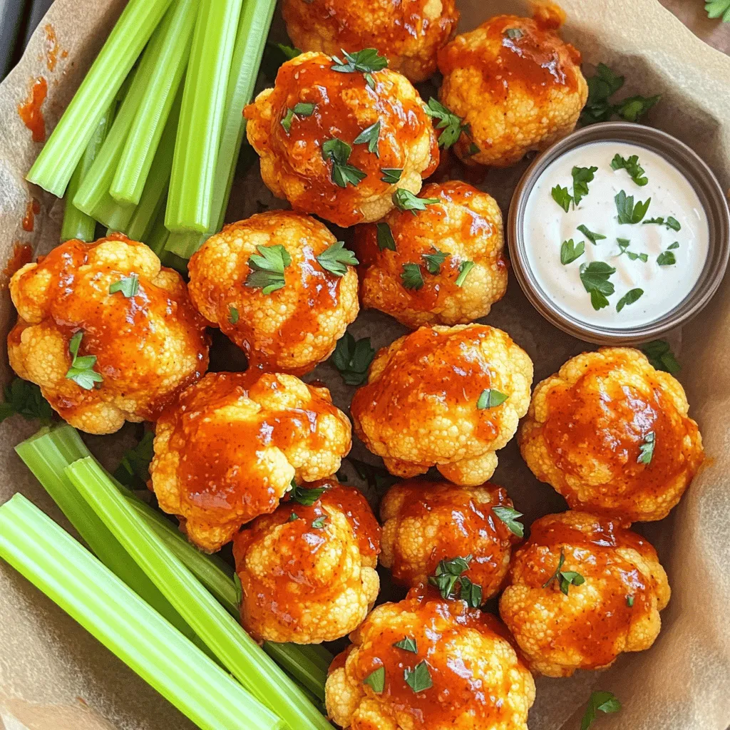 - 1 medium head of cauliflower, cut into bite-sized florets - 1 cup all-purpose flour - 1 teaspoon garlic powder - 1 teaspoon onion powder - 1 teaspoon smoked paprika - 1/2 teaspoon salt - 1/2 teaspoon black pepper - 1/2 cup water (or plant-based milk) - 1 cup buffalo sauce (adjust to taste) - 2 tablespoons olive oil - Optional: Celery sticks and ranch dressing for serving To make these Air Fryer Buffalo Cauliflower Bites, gather your ingredients. Start with a fresh medium head of cauliflower, and chop it into bite-sized florets. This helps them cook evenly and makes for a perfect bite. Next, you need all-purpose flour and garlic powder. The flour helps create a nice coating. Garlic powder adds a great flavor. You’ll also need seasoning. Grab onion powder, smoked paprika, salt, and pepper. These spices bring out the best taste in your bites. Don’t forget the buffalo sauce! This is the star of the dish. You can adjust how much you use based on your spice level. For a crispy finish, have some olive oil ready. If you want to serve these bites with something, celery sticks and ranch dressing are great options. They pair well with the heat of buffalo sauce. Having everything ready makes the cooking process smoother. Mixing flavors and textures is key to making this dish a hit. Enjoy your cooking adventure! - Preheat your air fryer to 400°F (200°C). This takes about 5 minutes. - While it heats, cut a medium head of cauliflower into bite-sized florets. - In a bowl, mix 1 cup of all-purpose flour, 1 teaspoon of garlic powder, 1 teaspoon of onion powder, 1 teaspoon of smoked paprika, 1/2 teaspoon of salt, and 1/2 teaspoon of black pepper. - Slowly whisk in 1/2 cup of water or plant-based milk. Aim for a smooth batter that coats the florets well. - Dip each cauliflower floret in the batter. Let any extra batter drip off. - Place the coated florets in a single layer in the air fryer basket. - Lightly spray the florets with olive oil for extra crispiness. - Cook the cauliflower for 12-15 minutes. Shake the basket halfway through for even cooking. The florets should look golden and crispy. - Once cooked, toss the cauliflower bites in 1 cup of buffalo sauce until they are well coated. - Return the bites to the air fryer and cook for an additional 2-3 minutes at 400°F. This adds flavor and crispiness. - Serve hot, and add celery sticks and ranch dressing if you like. To make the best Air Fryer Buffalo Cauliflower Bites, you need a good batter. The batter should be thick enough to coat each floret, but not too thick. If it is too runny, it won’t stick well. Start with one cup of flour and mix in water until you reach a smooth consistency. Lightly spray the cauliflower with olive oil before cooking. This helps create a crispy outside. The oil also adds flavor. Just a quick spray will do. Buffalo sauce can vary in heat. If you like it spicy, use more sauce. Start with half a cup and add more to taste. If you want a milder flavor, use less. You can also mix in some honey or maple syrup for sweetness. This balances the heat nicely. For those who enjoy a kick, consider adding cayenne pepper or hot sauce to the batter. This adds a nice dimension to the flavor. Serving is half the fun! Garnish your Buffalo Cauliflower Bites with celery sticks for crunch. Celery helps cool down the heat, making it a perfect match. You can also drizzle ranch dressing over the bites for extra flavor. For a colorful plate, add some carrot sticks or cherry tomatoes. They add freshness and look great. Serve everything on a large platter for a fun presentation. {{image_2}} You can switch up the coating for your buffalo cauliflower bites. To make them gluten-free, use almond flour instead of all-purpose flour. Almond flour gives a nice crunch and flavor. For a vegan option, replace the water with plant-based milk. This keeps the batter creamy and adds a hint of sweetness. Want to boost the flavor? You can add nutritional yeast to give your bites a cheesy taste. It’s a great way to add depth without real cheese. If you like heat, try mixing in some extra hot sauce into the batter. This will make your bites even spicier and more exciting. Feel free to get creative with other veggies! You can use seasonal vegetables like zucchini or bell peppers with the same cooking method. They will soak up the buffalo sauce and taste amazing. Broccoli and Brussels sprouts are also great choices. They add different textures and flavors while still being tasty! To keep your buffalo cauliflower bites fresh, place them in an airtight container. This helps prevent moisture from making them soggy. Store them in the fridge for up to 3 days. After that, they may lose flavor and texture. The best way to reheat these bites is in the air fryer. Set it to 350°F (175°C) and cook them for about 5-7 minutes. This method keeps them crispy. If you prefer the oven, preheat it to 350°F and bake them for about 10 minutes. To maintain crispiness, avoid using the microwave. The microwave will make the bites soft and chewy. If you must use it, keep the time short. You can freeze cooked cauliflower bites for up to one month. Allow them to cool completely before freezing. Place them in a freezer-safe bag and remove as much air as possible. When you’re ready to enjoy them, thaw the bites in the fridge overnight. Reheat them in the air fryer or oven to regain that crispy texture. Yes, you can switch all-purpose flour for other types. Here are some good options: - Almond flour: This is a gluten-free choice. It adds a nutty flavor. - Rice flour: This makes the bites crispy and is also gluten-free. - Chickpea flour: This option adds protein and a unique taste. Each flour gives a different texture and flavor. Experiment to find your favorite! Yes, you can prep these bites ahead of time. Here are some tips: - Prep the cauliflower: Cut the florets and store them in the fridge for up to 24 hours. - Make the batter: Mix the dry ingredients and store them separately. Combine with liquid right before cooking. - Cook and store: You can also cook them in advance. Keep them in an airtight container in the fridge for up to three days. Reheat them in the air fryer for a quick snack or meal! To increase the heat, try these techniques: - More buffalo sauce: Add extra sauce after cooking for more kick. - Hot sauce: Mix your favorite hot sauce into the batter. - Red pepper flakes: Sprinkle some on before cooking for extra heat. Adjust the spice level to your taste. Enjoy the heat! This guide showed how to make tasty buffalo cauliflower bites. You learned about the main ingredients, step-by-step cooking, and useful tips. I shared ways to customize flavors and suggested how to store leftovers. These bites are a fun snack for any gathering. Try different veggies and coatings for variety. Enjoy your cooking and impress your friends with this easy, tasty dish!