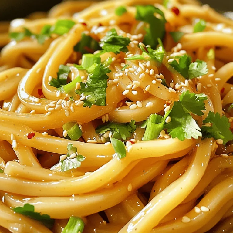 To make Minute Sesame Garlic Udon Noodles, you need a few key ingredients. Here’s the list: - 200g fresh udon noodles - 2 tablespoons sesame oil - 3 cloves garlic, minced - 1 tablespoon soy sauce - 1 tablespoon rice vinegar - 1 teaspoon brown sugar - 2 spring onions, finely chopped - 1 tablespoon sesame seeds - 1 teaspoon red pepper flakes (optional for heat) - Fresh cilantro leaves for garnish These ingredients come together to create rich, savory flavors. Fresh udon noodles give the dish a chewy texture. Sesame oil adds a nutty taste, while garlic brings a wonderful aroma. Soy sauce and rice vinegar balance the flavors with a salty and tangy touch. I love how versatile this dish can be. You can customize it based on your taste. Here are some optional ingredients you might try: - Extra vegetables like bell peppers or carrots - Protein options such as chicken, shrimp, or tofu - A squeeze of lime for a tangy kick Feel free to mix and match these ingredients. Adding your favorite veggies or proteins can make this meal even more fun. This dish is not only delicious but also easy to fit into a balanced diet. Here’s a quick look at the nutritional content per serving: - Calories: Approximately 350 - Protein: 10g - Carbohydrates: 40g - Fat: 15g Udon noodles provide a good source of carbs for energy. The garlic and sesame oil add healthy fats. If you add protein or veggies, you increase the nutritional value. This meal is quick, tasty, and satisfying! Start by boiling a pot of water. Bring the water to a rolling boil. Add 200g of fresh udon noodles to the pot. Cook them for about 2-3 minutes, or until soft. Drain the noodles and rinse them under cold water. This stops the cooking and keeps them from sticking. Set the noodles aside for later. Next, grab a large skillet or wok. Heat 2 tablespoons of sesame oil over medium heat. Add 3 minced garlic cloves to the oil. Sauté the garlic for about 30 seconds. You want it fragrant, but don’t let it burn. Then, stir in 1 tablespoon of soy sauce, 1 tablespoon of rice vinegar, and 1 teaspoon of brown sugar. Mix it well until the sugar dissolves. Let it cook for about 1 minute, until the sauce thickens a bit. Now, add the cooked udon noodles to the skillet. Toss the noodles in the sauce until they are well coated. If you like some heat, sprinkle in 1 teaspoon of red pepper flakes at this point. Next, toss in 2 finely chopped spring onions and 1 tablespoon of sesame seeds. Stir gently until everything is heated through. This should take about 1 minute. Finally, remove the skillet from heat. Serve the noodles on plates and garnish with fresh cilantro leaves for extra flavor and color. Enjoy your meal! To get the best texture for your udon noodles, focus on timing. Fresh udon noodles cook quickly, usually in about 2-3 minutes. Watch them closely. Drain and rinse them in cold water right after cooking. This stops the cooking process. Rinsing also helps remove excess starch. This keeps your noodles from sticking together. If the noodles are too sticky, they won't mix well with the sauce. Aromatics bring depth to your dish. Start by using fresh garlic. Mince three cloves and sauté them in sesame oil. Cook them until they smell great, about 30 seconds. Avoid burning the garlic, as it can taste bitter. You can also add spring onions for added flavor. They give a nice crunch and fresh taste. If you like heat, sprinkle in red pepper flakes while cooking. This adds a kick to your udon noodles. One common mistake is overcooking the noodles. Follow the package instructions closely. Another mistake is not rinsing the noodles after cooking. This step is key to keeping them from clumping. Also, be careful with the garlic. If you burn it, you'll ruin the sauce. Lastly, don’t forget to mix the noodles well with the sauce. This ensures every bite is packed with flavor. {{image_2}} You can easily make this dish vegetarian or vegan. Simply skip any meat and focus on the fresh veggies. For added flavor, try mushrooms, bell peppers, or broccoli. Just sauté these in the sesame oil before adding the garlic. They add nice texture and taste. You can also swap soy sauce with a tamari sauce for a gluten-free option. To make the dish heartier, you can add protein. Chicken works great, but tofu is an excellent choice too. For chicken, cook bite-sized pieces in the skillet until golden. If using tofu, press it first to remove excess water. Then, cut it into cubes and fry until crisp. Mix it in before adding the noodles. This will give you a filling meal. If you like spice, you can kick up the heat! Add red pepper flakes as the recipe suggests. You can also include sliced fresh chili peppers or a dash of hot sauce. Mix them in with the garlic for a fiery punch. Adjust the spice level to suit your taste. This adds a fun twist to your meal. After enjoying your meal, you might have some udon noodles left. To store them, place the noodles in an airtight container. Make sure they cool down first. This helps keep them fresh. You can keep them in the fridge for up to three days. If you want, you can also store the sauce separately. This keeps flavors strong and fresh. When you’re ready to eat your leftovers, reheating is easy. You can use a microwave or a skillet. If using a microwave, place the noodles in a bowl. Add a splash of water to keep them moist. Heat for about one minute. Stir and check if they are warm. If using a skillet, add a bit of sesame oil. Heat it over medium heat and toss in the noodles. Stir until they are hot. This way, they taste almost like fresh. If you want to keep your udon noodles longer, freezing is a great option. First, cool the noodles completely. Then, spread them out on a baking sheet. This helps them freeze without sticking together. Once frozen, transfer them to a freezer bag. Try to remove as much air as possible. You can freeze them for up to three months. When you’re ready to use them, thaw them in the fridge overnight or cook them straight from the freezer. Just add a few extra minutes to the cooking time. Udon noodles cook quickly, usually in 2 to 3 minutes. Just bring water to a boil, add the noodles, and stir. Check the package for exact times, as they may vary. After cooking, drain and rinse them under cold water. This stops the cooking and keeps them firm. Yes, you can use dried udon noodles. They need a bit more time to cook, usually around 7 to 10 minutes. Follow the package instructions for best results. When using dried noodles, make sure to check for doneness. They should be soft but still have a nice bite. If you don’t have sesame oil, you can use olive oil or vegetable oil. These oils won’t have the same nutty flavor, but they work well in a pinch. You can also mix in a bit of toasted sesame seeds for flavor. This blog post outlined how to make delicious udon noodles. You learned about key and optional ingredients, plus nutritional facts. Step-by-step, I showed you how to prepare the noodles and mix in a tasty sauce. I shared tips for perfecting texture and flavor. We also explored variations like vegetarian options and how to store leftovers. Udon noodles are versatile and fun to make. You can customize them to fit your taste. Enjoy experimenting with different flavors and ingredients in your next meal. Trust that these tips will help you create the perfect udon dish every time.