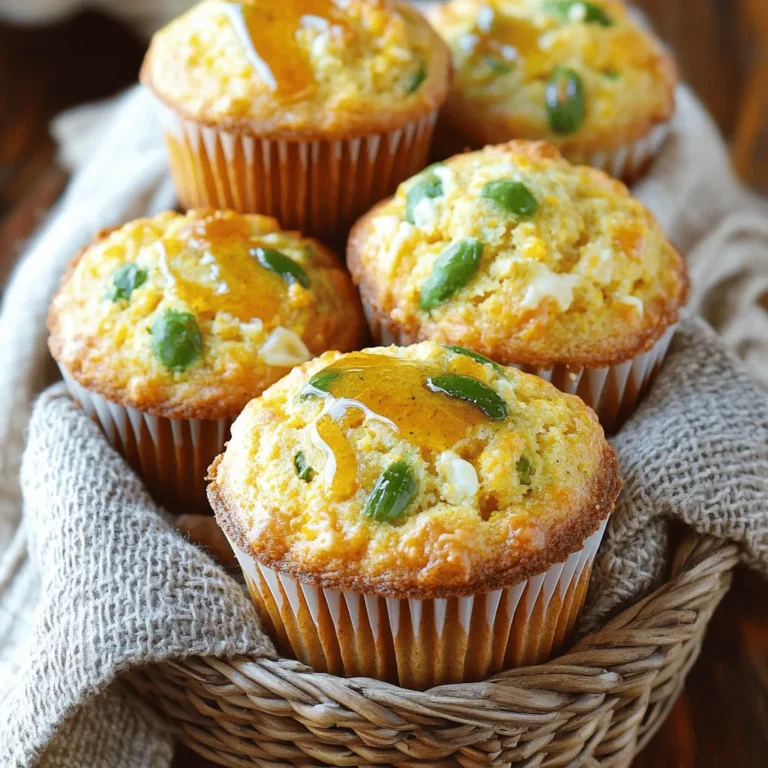 - 1 cup cornmeal - 1 cup all-purpose flour - 1 tablespoon baking powder - 1/2 teaspoon salt - 1/4 teaspoon black pepper - 1 cup buttermilk (or milk + lemon juice substitute) - 2 large eggs - 1/4 cup vegetable oil - 1 cup sharp cheddar cheese, shredded - 2-3 fresh jalapeños, deseeded and finely chopped - 1 tablespoon honey (optional) The key to a great Cheddar Jalapeño Cornbread Muffin starts with fresh ingredients. I love using stone-ground cornmeal for its rich flavor. All-purpose flour gives the muffins a light texture. Baking powder helps them rise perfectly. A touch of salt and black pepper adds depth. For moisture, I use buttermilk. You can mix regular milk with a bit of lemon juice as a substitute. Eggs bind the muffin together and add richness. Vegetable oil makes them moist and tender. Sharp cheddar cheese is a must. It brings a bold taste that pairs well with jalapeños. The fresh jalapeños add heat and flavor. You can adjust the number based on your spice preference. If you like a hint of sweetness, add honey. It balances the spice and makes every bite delightful! Preheat your oven to 400°F (200°C). This step is key for perfect muffins. Grease a muffin tin or use muffin liners to prevent sticking. In a large bowl, blend the cornmeal, flour, baking powder, salt, and black pepper. Whisk these ingredients until they mix well. This gives your muffins a great base. In another bowl, whisk together the buttermilk, eggs, and vegetable oil. If you want a hint of sweetness, add the optional honey. Mixing well ensures a smooth batter. Pour the wet ingredients into the dry mix. Gently fold them together until just combined. It’s fine if a few lumps stay. Overmixing can make the muffins tough. Carefully fold in the shredded cheddar cheese and chopped jalapeños. Ensure they spread evenly in the batter. This step adds flavor and heat to your muffins. Spoon the batter into the prepared muffin tin. Fill each cup about 2/3 full. This allows room for the muffins to rise nicely. Place the muffin tin in the preheated oven. Bake for 15-20 minutes. Check if the tops are golden and a toothpick comes out clean. Let the muffins cool in the tin for a few minutes. Then, transfer them to a wire rack to cool completely. Enjoy your warm cheddar jalapeño cornbread muffins! Mixing is key for tender muffins. Start by combining dry ingredients. Use a whisk for even blending. Then, mix wet ingredients in a separate bowl. When you combine both, do not overmix. A few lumps are okay. Overmixing makes muffins tough, and we want them soft. If you run out of buttermilk, use milk with lemon juice. Just add 1 tablespoon of lemon juice to 1 cup of milk. Let it sit for five minutes. For cheese, you can swap cheddar for pepper jack or mozzarella. These changes keep the flavor fun and exciting. Presentation matters. Serve muffins in a rustic basket with a cloth. Drizzle honey on top for sweetness. You can also offer whipped butter on the side. This adds richness and flavor. Enjoy these muffins warm for the best taste! {{image_2}} You can swap out cheddar for other cheeses. Try Monterey Jack for a creamy texture. Pepper Jack adds spice and flavor. For a sharper taste, use Gruyère or aged Gouda. Each cheese brings its own twist to the muffins. Want less heat? Use fewer jalapeños or remove the seeds. You can also replace fresh jalapeños with mild green peppers. For more heat, add sliced serrano peppers or a pinch of cayenne. Adjust the spice to fit your taste. Add sweetness with ingredients like corn or diced peaches. You can also mix in a bit of sugar or maple syrup. A touch of cinnamon enhances the flavor profile. Experiment with these options for a fun twist. To keep your cheddar jalapeño cornbread muffins fresh, store them in an airtight container. Place parchment paper between layers to prevent sticking. This simple step helps keep the muffins moist and tasty. You can also wrap them tightly in plastic wrap. If you want to keep them for several days, the fridge is a great option. Freezing these muffins is easy. First, let them cool completely. Then, wrap each muffin in plastic wrap. Place the wrapped muffins in a freezer-safe bag. Make sure to squeeze out as much air as possible. To reheat, just take one out and microwave for about 30 seconds or until warm. You can also bake them at 350°F for 10-15 minutes. At room temperature, these muffins stay fresh for about 2-3 days. If you place them in the fridge, they can last up to a week. For longer storage, freezing is the best choice. This way, you can enjoy these flavorful treats whenever you like! Yes, you can make these muffins ahead of time. To prepare them in advance, follow these steps: - Bake the muffins as directed. - Let them cool fully. - Store them in an airtight container at room temperature for up to two days. - For longer storage, freeze them in a freezer bag for up to three months. - To reheat, warm them in the oven at 350°F (175°C) for about 10 minutes. If you don't have buttermilk, you have options. Here are some easy substitutes: - Mix 1 cup of milk with 1 tablespoon of lemon juice or vinegar. - Let it sit for 5-10 minutes to thicken. - You can also use plain yogurt, sour cream, or milk with a splash of vinegar. Each option will work well in this recipe. These muffins use all-purpose flour, which contains gluten. To make these muffins gluten-free, follow these tips: - Substitute all-purpose flour with a gluten-free flour blend. - Ensure the baking powder is gluten-free as well. - Check labels on all ingredients to avoid hidden gluten. - The taste and texture may differ slightly, but they will still be tasty! You learned how to make delicious jalapeño cheddar muffins. From mixing dry and wet ingredients to baking, each step is simple. Remember to avoid overmixing for the best texture. Feel free to explore different cheeses or adjust the spice. With proper storage, these muffins can stay fresh for days. Now it’s your turn to try these tasty treats. They make a perfect snack or side for any meal. Enjoy baking and sharing your creations!