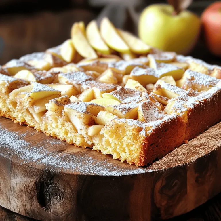 - 2 cups all-purpose flour - 1 ½ teaspoons baking powder - 1 teaspoon baking soda - 1 teaspoon ground cinnamon - ½ teaspoon salt - ¾ cup unsalted butter, softened - 1 cup brown sugar, packed - ½ cup granulated sugar - 3 large eggs - 1 teaspoon vanilla extract - 1 cup buttermilk - 2 cups apples, peeled and diced (about 2 medium apples) - ½ cup walnuts or pecans, chopped (optional) - Powdered sugar for dusting When I make this Apple Cinnamon Sheet Cake, I start with the dry ingredients. This part is simple. I mix the flour, baking powder, baking soda, cinnamon, and salt in a bowl. It is crucial to get the right balance for a fluffy cake. Next, I move on to the wet ingredients. I beat the softened butter with brown sugar and granulated sugar. This mix needs to be light and fluffy. Then, I add the eggs one by one, stirring well. The vanilla extract adds a lovely flavor. Finally, I stir in buttermilk. This helps to keep the cake moist. Now for the fun part: the apples! I peel and dice two medium apples. They add sweetness and a bit of crunch. If you like nuts, you can chop walnuts or pecans and add them too. They give a nice texture. To finish, I sprinkle powdered sugar on top. It makes the cake look special. This is how I prepare the ingredients for a delicious Apple Cinnamon Sheet Cake. - Preheat your oven to 350°F (175°C). - Grease a 13x9 inch baking sheet and line it with parchment paper. This helps with easy removal. - In a medium bowl, whisk together 2 cups of all-purpose flour, 1 ½ teaspoons of baking powder, 1 teaspoon of baking soda, 1 teaspoon of ground cinnamon, and ½ teaspoon of salt. This blends the flavors. - In a large mixing bowl, cream together ¾ cup of softened unsalted butter with 1 cup of brown sugar and ½ cup of granulated sugar. Beat until it looks light and fluffy. - Add 3 large eggs, one at a time, mixing well after each. Then, stir in 1 teaspoon of vanilla extract. - Gradually mix in the dry ingredients with 1 cup of buttermilk. Start and end with the flour mixture. Mix until just combined. - Gently fold in 2 cups of peeled and diced apples. If you like, add ½ cup of chopped walnuts or pecans. - Pour the batter into the prepared baking sheet. Spread it out evenly. - Bake for 30-35 minutes. Check if it’s done by inserting a toothpick in the center. If it comes out clean, the cake is ready. - Let the cake cool in the pan for 10 minutes. Then, transfer it to a wire rack to cool completely. - Before serving, dust the top with powdered sugar for a sweet touch. - Use fresh, juicy apples. They add flavor and keep the cake moist. - Properly measure flour and butter. Too much flour makes the cake dry. - Mix ingredients until just combined. This keeps the cake tender and soft. - Try adding a pinch of nutmeg or cloves. These spices add warmth and depth. - Substitute applesauce for half the butter. This makes a lighter, moist cake. These simple tips elevate your apple cinnamon sheet cake. Enjoy the process and share with friends! {{image_2}} The right apple can make your cake shine. I recommend using Granny Smith apples. They add a nice tartness that balances the sweetness. Honeycrisp apples are also great. They bring a crunchy texture and a sweet flavor. If you want something different, try Fuji apples. They are sweet and juicy. Mixing different apples can add depth to your cake. If you need a gluten-free cake, it’s easy to adjust. You can use almond flour or oat flour instead of all-purpose flour. Both options work well and keep the cake moist. For a vegan version, swap the eggs with a flaxseed mixture. Use a mix of one tablespoon of flaxseed meal with three tablespoons of water per egg. For dairy, replace buttermilk with almond milk mixed with a bit of vinegar. These changes let everyone enjoy the cake. You can elevate your cake with a cinnamon streusel topping. Mix flour, brown sugar, and butter for a crumbly texture. Scatter it on top before baking. For a special touch, drizzle caramel sauce over the cooled cake. Cream cheese frosting is another excellent choice. It adds creaminess and pairs well with the apples. These extras make the cake even more delightful and fun to share. Store your apple cinnamon sheet cake in an airtight container. It will stay fresh for 2 to 3 days. Keep it in a cool, dry place. This way, the cake will keep its taste and texture. If you want your cake to last longer, refrigerate it. It can stay fresh for up to a week. Make sure to use an airtight container to prevent it from drying out. This also helps keep the flavors strong. You can freeze this cake if you want to save some for later. First, let the cake cool completely. Then, wrap it tightly in plastic wrap. After that, place it in a freezer-safe bag. To thaw, take it out of the freezer and leave it in the fridge overnight. This keeps it moist and tasty. Yes, you can make this cake ahead of time. Here’s how to do it: - Bake the cake: Follow the recipe and let it cool completely. - Store properly: Wrap the cake tightly in plastic wrap. Place it in an airtight container. - Keep in fridge: You can store it in the fridge for up to a week. - Freeze for longer: If you want to keep it longer, freeze the cake. It lasts up to three months in the freezer. The best apples for baking are: - Granny Smith: They are tart and hold their shape well. - Honeycrisp: They add sweetness and crunch. - Fuji: They are sweet and juicy, great for flavor. - Braeburn: They have a nice balance of sweet and tart. Using these apples gives your cake a great taste and texture. To check if the cake is done, use these methods: - Toothpick test: Insert a toothpick in the center. If it comes out clean, the cake is done. - Touch test: Gently press the center. If it springs back, it’s ready. - Visual cues: Look for a golden-brown top and edges pulling away from the pan. Yes, you can substitute buttermilk. Here are some options: - Milk and vinegar: Mix one cup of milk with one tablespoon of vinegar. Let it sit for five minutes. - Yogurt: Use plain yogurt, thinned with a little water. Use the same amount as buttermilk. - Sour cream: This can also work well. Thin it with a bit of water if needed. These substitutes will keep your cake moist and flavorful. Serving your cake beautifully can impress your guests. Here are some ideas: - Cut into squares: This makes for easy serving and sharing. - Use a cake stand: Present the cake on a lovely cake stand for a special touch. - Garnish: Add thin apple slices on top and a sprinkle of cinnamon for a nice look. - Dust with powdered sugar: This adds a sweet touch and makes the cake look lovely. These tips will help you serve the cake in style! This blog post covered how to make a delicious apple cake. We went over the key ingredients, step-by-step instructions, and tips for success. Remember to use fresh apples and not overmix for the best texture. Explore options like gluten-free or vegan if needed. Store your cake properly to keep it fresh longer. By following these tips, you can enjoy a tasty treat any time. I hope this guide makes baking your cake fun and easy!