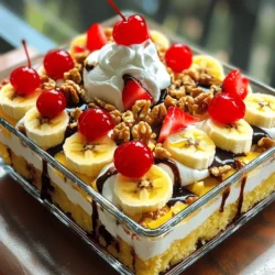 To make the No-Bake Banana Split Cake, gather these key ingredients: - 1 box of graham crackers (about 14-15 sheets) - 1/2 cup unsalted butter, melted - 1 cup powdered sugar - 1 package (8 oz) cream cheese, softened - 1 cup heavy whipping cream - 1 teaspoon vanilla extract - 3 ripe bananas, sliced - 1 cup crushed pineapple, drained - 1 cup sliced strawberries - 1 cup chocolate syrup - 1/2 cup chopped walnuts (optional) - Whipped cream for topping - Maraschino cherries for garnish You can add fun twists to your cake with these optional ingredients: - Use different fruits like blueberries or raspberries for a colorful touch. - Add a layer of caramel sauce for extra sweetness. - Swap walnuts for pecans or omit them for a nut-free version. - Experiment with flavored whipped cream, like strawberry or chocolate. If you have dietary needs, consider these substitutions: - Gluten-free: Use gluten-free graham crackers. - Dairy-free: Replace cream cheese with a dairy-free alternative. Use coconut cream instead of heavy cream. - Lower sugar: Use a sugar substitute for the powdered sugar. - Vegan: Choose vegan cream cheese and whipped cream. Use maple syrup instead of chocolate syrup. These options help you create a delicious cake that fits your needs! Start by making the crust. Take a mixing bowl and add melted butter and graham cracker crumbs. Mix them well until the crumbs are coated. You want a nice, even mixture. Now, press this mixture firmly into the bottom of a 9x13 inch dish. This creates a solid base for your cake. Set the crust aside while you move on to the next step. Next, grab another bowl. In it, beat the softened cream cheese with powdered sugar. Keep mixing until it is smooth and creamy. This step is key for a rich taste. After that, fold in the heavy whipping cream and vanilla extract. Mix until it becomes light and fluffy. This cream cheese mixture is what makes the cake so special. Now, it's time to build your cake. Take half of the cream cheese mixture and spread it over the crust. Then, layer on the sliced bananas, followed by the crushed pineapple. These fruits add fresh flavor. Finally, top it off with the rest of the cream cheese mixture. This smooth layer will hold everything together. Cover the dish with plastic wrap. Place it in the refrigerator to chill for at least 4 hours. If you can wait overnight, do that for the best taste. This chilling time helps the flavors blend together. Enjoy this easy and delicious delight when you serve it! To get a creamy texture, use softened cream cheese. Beat it well with powdered sugar. This helps eliminate lumps. When you fold in heavy whipping cream, do it gently. This keeps the mix light and airy. For extra creaminess, use full-fat cream cheese. To prevent soggy layers, drain the crushed pineapple well. Excess juice makes the crust soggy. Press the crust firmly into the dish. This helps it stay together. Chill the cake for at least four hours. This allows the layers to set, keeping them firm. For a fun look, slice the cake into squares. Serve each square on a dessert plate. Drizzle more chocolate syrup on top. Sprinkle chopped walnuts for crunch. Add fresh banana slices and strawberries for color. Use whipped cream and maraschino cherries for that classic finish. {{image_2}} You can change the fruits in this cake. Try using peaches or blueberries. Both fruits add great flavor. You can also mix in some kiwi slices for a tropical twist. The key is to use ripe fruits. Fresh fruit gives the cake a bright taste. If you want to switch the crust, use crushed cookies. Oreos work well for a chocolatey base. You can also use almond flour for a gluten-free option. Just mix it with melted butter like you do with graham crackers. This adds a nice crunch to the cake. For chocolate lovers, make a chocolate version. Replace half the cream cheese with chocolate pudding. Add cocoa powder to the crust for extra flavor. Top the cake with chocolate chips instead of fruit. This variation is rich and creamy, perfect for any chocolate craving! Store leftover No-Bake Banana Split Cake in the fridge. Use an airtight container or cover it with plastic wrap. This keeps the cake fresh and tasty. Make sure to keep it chilled until you are ready to serve. It’s best to consume leftovers within three days for the best flavor. You can freeze this cake, but it’s best to freeze it before adding the toppings. Wrap the cake tightly in plastic wrap and then in foil. This prevents freezer burn. When ready to eat, let it thaw in the fridge overnight. After thawing, add whipped cream and cherries just before serving. This keeps them fresh and beautiful. The No-Bake Banana Split Cake lasts about five days in the fridge. If kept well, it can be frozen for up to three months. However, the texture may change after freezing. Use these tips to enjoy this dessert at its best! To make a gluten-free version, use gluten-free graham crackers. You can find these at most grocery stores. Simply replace regular graham crackers with the gluten-free ones in the crust. The rest of the recipe stays the same. Enjoy the same yummy taste without the gluten! Yes, you can use other fruits! Try peaches, blueberries, or raspberries. Just make sure to slice or chop them into small pieces. Mix and match to find your favorite flavor combos. This recipe is very flexible and fun! You can refrigerate the cake for up to 24 hours before serving. Chilling it for at least four hours is key. This wait time helps the flavors mix well and gives it a better texture. Longer chilling also makes it easier to slice. Absolutely! You can add a layer of chocolate mousse for extra richness. Just whip up some chocolate mousse and spread it on top of the cream cheese layer. This addition makes the cake even more indulgent and delicious. If you want to skip cream cheese, try using whipped coconut cream or Greek yogurt. Both options will give a creamy texture. Whip them until smooth and fluffy, then layer just like the original recipe. You’ll still have a tasty cake! You now have all you need to make a No-Bake Banana Split Cake. We covered the ingredients, step-by-step instructions, tips for the perfect texture, and fun variations. Remember to store your leftovers properly to enjoy them later. You can easily customize this dessert to fit your taste and dietary needs. Now, gather your ingredients and start creating this delicious treat. You’ll impress everyone with your baking skills!