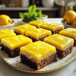 - 1 cup unsalted butter, softened - 2 cups granulated sugar - 4 large eggs - 2 tablespoons lemon zest (from about 2 lemons) - 1/2 cup fresh lemon juice - 2 cups all-purpose flour - 1 teaspoon baking powder - 1/2 teaspoon salt - 1 cup powdered sugar (for the glaze) - 2 tablespoons lemon juice (for the glaze) - Additional lemon zest for garnish Accurate measuring is key to great brownies. Here are some tips: - Use dry measuring cups for flour and sugar. Make sure to level off the top. - For liquids, use a clear liquid measuring cup. Check the measurement at eye level. - When using sticky ingredients like honey or molasses, spray the measuring cup with cooking spray first. This helps the ingredient slide out easily. You can make some swaps if you want. Here are a few ideas: - Butter: Use coconut oil or vegan butter for a dairy-free option. - Sugar: Try coconut sugar for a lower glycemic index or maple syrup for a unique flavor. - Eggs: Use flax eggs (1 tablespoon ground flaxseed + 2.5 tablespoons water) to make it vegan. - Flour: Almond flour can work well for a gluten-free option. Just note that it may change the texture. First, preheat your oven to 350°F (175°C). This step is key for even baking. Next, grab a 9x13-inch baking pan. You can grease it with butter or line it with parchment paper. Lining helps with easy removal later. In a large bowl, cream together 1 cup of softened unsalted butter and 2 cups of granulated sugar. Mix until it turns light and fluffy, which takes about 3-4 minutes. Then, add 4 large eggs, one at a time. Mix well after each egg. Once incorporated, add 2 tablespoons of lemon zest and 1/2 cup of fresh lemon juice. Stir until everything blends smoothly. In another bowl, combine 2 cups of all-purpose flour, 1 teaspoon of baking powder, and 1/2 teaspoon of salt. Gradually add this dry mix to the wet ingredients. Stir until just combined. Don't overmix; this ensures a fluffy texture. Now, pour the batter into your prepared pan. Spread it evenly across the bottom. Bake for 25-30 minutes. Check for doneness by inserting a toothpick in the center. It should come out clean. While the brownies bake, prepare the glaze. In a small bowl, whisk together 1 cup of powdered sugar and 2 tablespoons of lemon juice until smooth. Once the brownies are out of the oven, let them cool for 10-15 minutes in the pan. After cooling, pour the glaze on top. Spread it evenly. Finally, let the brownies cool completely before cutting them into squares. For a nice touch, add some extra lemon zest on top as a garnish. To get soft and chewy brownies, follow these tips: - Use room-temperature butter. Cold butter can lead to dense brownies. - Don’t overmix the batter. Mix until just combined to keep them light. - Bake until a toothpick shows moist crumbs. Overbaking makes them dry. Lemon flavor is key! Here are ways to boost it: - Add more lemon zest. Use the zest from three lemons instead of two. - Use fresh lemon juice. Bottled juice lacks the bright flavor you want. - Mix in a bit of lemon extract. Just a teaspoon can really enhance the taste. Serving your brownies can be fun! Here are some ideas: - Cut them into squares and dust with powdered sugar for a classic look. - Add a lemon glaze on top. It makes them shiny and sweet. - Serve with whipped cream or a scoop of vanilla ice cream for a treat. {{image_2}} You can mix up your Bright Lemon Brownies with different flavors. Adding blueberries brings a nice sweet touch. Try folding in about a cup of fresh blueberries into the batter. The tartness of the lemon pairs well with their sweetness. You can also add shredded coconut. Just half a cup will make a tropical twist. The coconut adds a chewy texture and a subtle flavor that blends perfectly with lemon. If you need a gluten-free option, swap all-purpose flour for a gluten-free blend. Make sure it has a good mix of starches and flours. For a vegan version, replace the eggs with flax eggs. Mix one tablespoon of ground flaxseed with three tablespoons of water for each egg. Use a plant-based butter instead of regular butter. Lower-sugar versions are easy too! You can cut the sugar in half and use a sugar substitute, like stevia or erythritol. Toppings can change your brownies in fun ways. Instead of the lemon glaze, try a chocolate drizzle. Melt dark chocolate and drizzle it over the cooled brownies. This adds a rich flavor to the lemony treat. Another idea is to sprinkle crushed nuts on top. Walnuts or pecans add crunch and nutty flavor. For a fruity touch, add fresh raspberries or strawberries on top before serving. They add color and a burst of flavor that brightens every bite. To keep your Bright Lemon Brownies fresh, store them in an airtight container. Layer parchment paper between the brownies to prevent sticking. Keep them at room temperature if you will eat them within a few days. For longer storage, put them in the fridge. This helps maintain their soft texture and bright flavor. To freeze the brownies, let them cool completely first. Cut the brownies into squares. Wrap each square in plastic wrap. Place the wrapped brownies in a freezer-safe bag. Label the bag with the date. These brownies will stay fresh in the freezer for up to three months. When you want one, just thaw it at room temperature or pop it in the microwave for a few seconds. When stored properly, your Bright Lemon Brownies can last about a week at room temperature. If kept in the fridge, they can stay fresh for two weeks. Freezing extends their life to about three months. Always check for any signs of spoilage before enjoying. To make Bright Lemon Brownies, start by gathering your ingredients. You will need unsalted butter, granulated sugar, eggs, lemon zest, fresh lemon juice, all-purpose flour, baking powder, and salt. Cream the butter and sugar until light and fluffy. Then, add eggs one by one. Mix in lemon zest and juice. In another bowl, whisk the dry ingredients. Combine both mixtures and pour into a pan. Bake at 350°F for 25-30 minutes. Finally, prepare the glaze with powdered sugar and lemon juice, then pour it over the warm brownies. To check if your brownies are done, insert a toothpick in the center. If it comes out clean or with a few moist crumbs, they are ready. If it has wet batter, they need more time. You can also gently press the top; it should spring back slightly. Keep an eye on them, as overbaking can make them dry. Yes, you can use other flours in this recipe. Almond flour gives a nutty taste but changes the texture. Coconut flour absorbs more moisture, so you need to adjust liquid. Gluten-free flour works well too. Just ensure it has a good blend for baking. Each flour affects the taste and texture, so experiment to find your favorite! We’ve covered everything you need to make bright lemon brownies. You learned about the key ingredients and how to measure them correctly. The steps for preparation and baking are easy to follow, ensuring great results. You also found tips for texture, flavor, and serving ideas. Feel free to get creative with variations and substitutions. Store your brownies right to keep them fresh. Now, go make these tasty treats and enjoy all the bright flavors they offer!