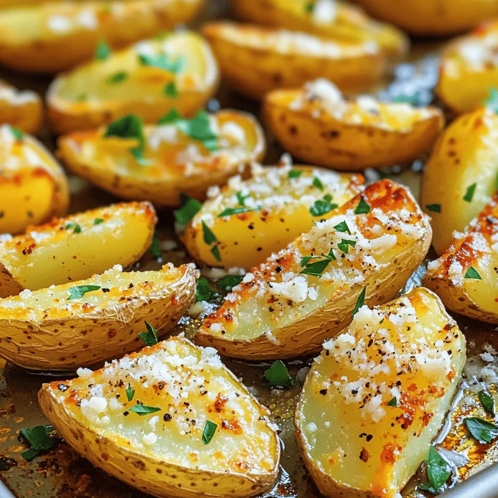 - 4 large russet potatoes - 4 tablespoons olive oil - 4 cloves garlic, minced - 1 teaspoon garlic powder - 1 teaspoon onion powder - 1 teaspoon smoked paprika - 1 teaspoon dried oregano - Salt and pepper to taste - ½ cup grated Parmesan cheese - Fresh parsley for garnish To make crispy garlic parmesan potato wedges, start with fresh russet potatoes. These potatoes give the best texture and flavor. You will need four of them, cut into thick wedges. The olive oil adds richness and helps them crisp up nicely in the oven. Next, we add garlic. Using four cloves of minced garlic gives a deep and bold taste. Garlic powder adds an extra kick, while onion powder adds a subtle sweetness. Smoked paprika gives a nice smoky flavor that pairs well with the potatoes. Dried oregano brings an herbal note to the mix. Season with salt and pepper to enhance all the flavors. Finally, we sprinkle in half a cup of grated Parmesan cheese. This cheese melts and forms a crispy layer on top. Don't forget fresh parsley for garnish! It adds a pop of color and freshness to your dish. With these ingredients, you're set to create a delicious side that everyone will love. - Preheat the oven to 425°F (220°C). - Line a baking sheet with parchment paper. - Cut 4 large russet potatoes into wedges. - Toss the wedges with 4 tablespoons of olive oil until they are coated. - Mix in 4 cloves of minced garlic and spices. - Add 1 teaspoon of garlic powder, onion powder, smoked paprika, dried oregano, salt, and pepper. - Toss again to coat the wedges evenly. - Distribute half of the ½ cup of grated Parmesan cheese over the wedges. - Arrange the wedges on the baking sheet in a single layer. - Bake for 30-35 minutes, flipping halfway for even cooking. - In the last 5 minutes, sprinkle the remaining Parmesan cheese on top. - Return to the oven until golden and crispy. To get the best crispiness, bake the wedges in a single layer. Overcrowding makes them soggy. Adjust your baking time based on your oven. Each oven is a bit different. If you find them soft, bake longer. Start with 30 minutes, then check for doneness. You can boost the flavor with extra spices. Try adding chili powder or cumin for a kick. Fresh herbs like rosemary can also add depth. When it comes to garlic, use fresh minced garlic for a strong flavor. Garlic powder gives a milder taste. You can mix both for balance. These wedges pair well with many dips. Try ranch dressing, ketchup, or a spicy aioli. They also taste great with homemade garlic sauce. For a nice touch, sprinkle fresh parsley on top. It makes the dish look bright and fresh. Serve them hot for the best experience. {{image_2}} You can make your potato wedges even more fun with some flavor twists. If you like heat, add chili flakes to your seasoning mix. Start with a pinch and taste as you go. You can also swap out the Parmesan cheese for different types. Try sharp cheddar or crumbled feta for a new flavor experience. Both will add a unique touch to your crispy wedges. Want a vegan version? Replace the Parmesan with a vegan cheese alternative. Nutritional yeast also works well for a cheesy flavor without dairy. For oil, use a light vegetable broth or apple cider vinegar instead of olive oil. This keeps your wedges tasty and light while staying plant-based. If you want to try a different method, an air fryer is perfect for crispy potato wedges. Set it to 400°F and cook for about 20 minutes. Shake the basket halfway through for even cooking. You can also grill the wedges for a smoky flavor. Just toss them in a grill basket and cook over medium heat, turning often. This adds a nice char and flavor that is hard to resist. To store leftover crispy garlic Parmesan potato wedges, place them in an airtight container. They will stay fresh in the fridge for about 3 to 5 days. When you want to enjoy them again, reheating is key. The best way to reheat is in an oven or an air fryer. Set the oven to 375°F (190°C) and bake for 10 to 15 minutes. This helps keep them crispy. If you use the microwave, they may turn soft. You can freeze baked potato wedges for longer storage. First, let them cool completely. Then, place the wedges in a single layer on a baking sheet. Freeze them for about 1 to 2 hours until firm. After that, transfer the frozen wedges to a freezer bag or container. They can last for up to 3 months in the freezer. When you’re ready to eat them, reheat the frozen wedges in the oven at 400°F (200°C) for 20 to 25 minutes. This will help restore their crispiness. Enjoy your tasty sides any time! To get crispy potato wedges, bake them for 30 to 35 minutes at 425°F. Flip them halfway to ensure they cook evenly. This method gives you a golden, crunchy exterior. Yes, you can use other potatoes like Yukon Gold or red potatoes. They may be a bit creamier but will still taste good. Just remember to cut them into wedges for even cooking. Absolutely! All the ingredients in this recipe are gluten-free. Just ensure any added dips or sauces are also gluten-free. It's easy to enjoy this dish without worrying about gluten. These wedges taste great with several dips. Try ranch dressing, garlic aioli, or a spicy ketchup. You can also use a creamy cheese dip for extra flavor. To make your wedges extra cheesy, add more Parmesan cheese. You can also mix in other cheeses like cheddar. Just sprinkle them on during the last few minutes of baking for that melty goodness. You now have a great recipe for crispy garlic Parmesan potato wedges. We covered ingredients, step-by-step instructions, and handy tips. I shared variations to suit your taste and methods for storage, too. Feel free to experiment with flavors and dips. These wedges can be a fun snack or side dish. Enjoy making them for your next meal!