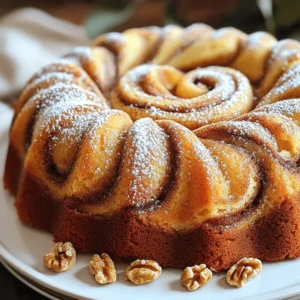 To make your Cinnamon Swirl Bundt Cake, you will need these key items: - 2 ½ cups all-purpose flour - 1 ½ teaspoons baking powder - 1 teaspoon baking soda - ½ teaspoon salt - 1 teaspoon ground cinnamon - ¾ cup unsalted butter, softened - 1 ½ cups granulated sugar - 3 large eggs - 1 teaspoon vanilla extract - 1 cup buttermilk - ½ cup brown sugar (for the swirl) - 1 tablespoon ground cinnamon (for the swirl) - ½ cup chopped walnuts or pecans (optional) Fresh ingredients make a big difference in flavor. Here are some tips: - Flour: Store flour in a cool, dry place. Check for a fresh date. - Butter: Use unsalted butter. It helps control the salt in your cake. - Eggs: Use large, fresh eggs. They help the cake rise well. - Buttermilk: If you don’t have buttermilk, make your own with milk and vinegar. - Nuts: If using nuts, toast them for more flavor. This step is simple. If you have allergies, here are some swaps: - Flour: Use gluten-free flour for a gluten-free cake. - Butter: Substitute with coconut oil or vegan butter for dairy-free. - Eggs: Use flax eggs or applesauce for egg-free baking. - Nuts: Omit nuts if you have nut allergies. - Buttermilk: Use almond milk with vinegar as a dairy-free option. Before you start, gather all your ingredients. This makes the process easy and fun. You will need flour, baking powder, baking soda, salt, ground cinnamon, unsalted butter, granulated sugar, eggs, vanilla extract, buttermilk, brown sugar, and walnuts or pecans if you want. Make sure everything is at room temperature. This helps the cake mix well. 1. Preheat the Oven: Set your oven to 350°F (175°C). Grease and flour a 10-inch Bundt pan. This will help the cake come out easily. 2. Combine Dry Ingredients: In a medium bowl, whisk flour, baking powder, baking soda, salt, and 1 teaspoon of cinnamon. This mix adds flavor and helps the cake rise. 3. Cream Butter and Sugar: In a large bowl, beat softened butter and granulated sugar until fluffy. This takes about 4-5 minutes. It adds air to your batter. 4. Add Eggs and Vanilla: Add eggs one at a time. Mix well after each one. Stir in vanilla extract. This adds sweetness and flavor. 5. Mix in Dry Ingredients: Gradually add the dry mix to your butter and sugar. Alternate with buttermilk. Start and end with the dry mix. Mix until just combined. Don't overmix. 6. Prepare Cinnamon Swirl: In a separate bowl, mix brown sugar and 1 tablespoon of cinnamon. If you want, add chopped nuts. This adds crunch and flavor. 7. Layering the Batter: Pour half the batter into the Bundt pan. Sprinkle half of the cinnamon mix over it. Add the rest of the batter and top with the remaining cinnamon mix. Use a knife to swirl the mixtures lightly. 8. Bake the Cake: Bake for 45-55 minutes. Check with a toothpick. It should come out clean when the cake is done. 9. Cool the Cake: Let the cake cool in the pan for about 15 minutes. Then, flip it onto a wire rack to cool completely. To get the best swirl, don’t mix too much. You want to see the cinnamon mix in the cake. Use a knife or skewer to swirl gently. This gives a beautiful marbled look. The more you swirl, the less defined the lines will be. Just a few gentle swirls work best. Enjoy the sweet aroma as it bakes! One big mistake is overmixing the batter. This can lead to a dense cake. Mix until just combined. Another issue is not measuring flour correctly. Too much flour can make the cake dry. Use the spoon and level method to measure flour right. Also, grease the Bundt pan well. This helps the cake slide out easily. For a soft and moist cake, use room temperature butter and eggs. This helps create a better texture. Buttermilk is key too. It adds moisture and tang. Don't skip the cinnamon in the swirl. It brings great flavor. If you like nuts, add chopped walnuts or pecans for crunch. If you live at a high altitude, you may need to adjust bake times. At higher altitudes, cakes can rise faster. Start checking your cake around 40 minutes. A toothpick should come out clean. You might also need less sugar and more liquid. This keeps the cake moist. Adjustments can ensure your cake turns out perfect every time. {{image_2}} You can make this cake gluten-free by swapping regular flour for a gluten-free blend. Look for a mix that includes xanthan gum. For a vegan version, replace the eggs with flax eggs. Mix one tablespoon of ground flaxseed with three tablespoons of water for each egg. You can also use a plant-based butter and almond milk instead of buttermilk. These swaps keep the cake moist and delicious. To add a chocolate twist, mix in cocoa powder. Start with one-third cup of unsweetened cocoa powder into the dry ingredients. You can also fold in fruit. Chopped apples or berries work well. Add about one cup of fresh or frozen fruit for a fruity burst. Each option brings a new flavor to your cake. Toppings change the look and taste of your cake. A simple glaze made from powdered sugar and milk adds sweetness. Mix one cup of powdered sugar with two tablespoons of milk for a smooth glaze. For a nutty touch, sprinkle chopped walnuts or pecans on top. You can also dust the cake with powdered sugar or serve it with whipped cream. Each topping offers a fun way to enjoy your cake. To keep your Cinnamon Swirl Bundt Cake fresh, wrap it tightly. Use plastic wrap or aluminum foil. You can also place it in an airtight container. Store it at room temperature for up to three days. If you want to keep it longer, consider refrigeration. If you have leftovers, you can reheat them easily. Slice the cake into pieces. Place them on a microwave-safe plate. Heat for about 10-15 seconds. Check it often to avoid overheating. You want it warm, not hot. For a crispier texture, try warming slices in the oven at 300°F (150°C) for about 10 minutes. Freezing is a great way to save your Bundt Cake. First, let the cake cool completely. Wrap it tightly with plastic wrap. Then, wrap it again with aluminum foil. This double wrapping helps prevent freezer burn. You can freeze the cake for up to three months. When ready to eat, thaw it in the fridge overnight. Enjoy your cake fresh as ever! You can check if your cake is done by using a toothpick. Insert the toothpick into the center of the cake. If it comes out clean or with a few crumbs, your cake is ready. If it has wet batter, it needs more time. Bake it for a few extra minutes and check again. Remember, every oven is different, so keep an eye on it! Yes, you can use any nuts you like! Walnuts and pecans are great choices. If you do not have those, try almonds or hazelnuts. Just chop them up and fold them into the cinnamon swirl mixture. This will add a nice crunch and flavor to your cake. The best way to serve this cake is simple and elegant. Once it cools, dust the top with powdered sugar. You can add a dollop of whipped cream on the side for extra creaminess. For a lovely touch, sprinkle some cinnamon or add whole nuts on top as a garnish. Enjoy your cake with a warm drink for the perfect treat! In this blog post, we covered essential ingredients and how to choose the best ones. You learned the steps to bake the perfect Cinnamon Swirl Bundt Cake. We shared common mistakes and tips for texture and flavor. Plus, you found ways to adapt the recipe for different diets and flavors. Finally, we discussed storage options to keep your cake fresh. Baking is fun and rewarding. Use these tips to create something great! Enjoy your baking journey!