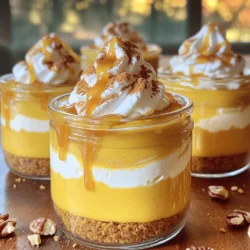 To make these delightful no-bake pumpkin spice cheesecake jars, you need simple and tasty ingredients. Here’s what you’ll need: - 1 cup graham cracker crumbs - 4 tablespoons unsalted butter, melted - 8 oz cream cheese, softened - 1 cup pumpkin puree - 1/2 cup powdered sugar - 1 teaspoon vanilla extract - 1 teaspoon pumpkin spice blend - 1 cup whipped cream (store-bought or homemade) - Extra pumpkin spice for garnish - Optional toppings: Chopped nuts or caramel sauce Each ingredient plays a big role in the taste and texture. The graham cracker crumbs form a crunchy base. The melted butter helps bind them together. Cream cheese gives a rich and creamy filling. Pumpkin puree adds that lovely fall flavor. Powdered sugar sweetens the mix just right. Vanilla extract and pumpkin spice blend bring warmth and depth. Whipped cream makes the filling light and fluffy. Don’t skip the optional toppings! Chopped nuts add crunch, while caramel sauce brings extra sweetness. Enjoy gathering these ingredients. You are on your way to making a delicious treat! 1. Start by taking a medium bowl. Add 1 cup of graham cracker crumbs to it. 2. Melt 4 tablespoons of unsalted butter in the microwave. Pour it into the bowl with crumbs. 3. Mix the crumbs and butter until it looks like wet sand. This is the crust. 4. Take your jars and divide the mixture evenly. Press it down gently at the bottom. You want a nice, firm layer. 1. Take a large mixing bowl. Add 8 oz of softened cream cheese to it. 2. Beat the cream cheese with a mixer until it is smooth and creamy. This step is key. 3. Next, add 1 cup of pumpkin puree, 1/2 cup of powdered sugar, 1 teaspoon of vanilla extract, and 1 teaspoon of pumpkin spice blend. Mix until everything is well combined and smooth. 4. Now, gently fold in 1 cup of whipped cream. You want to keep it light and airy for the best cheesecake texture. 1. Take your jars with the crust. Layer the pumpkin cheesecake mixture over the crust. 2. Fill each jar to about three-quarters full. This leaves room for toppings later. 3. Place the jars in the refrigerator. Let them set for at least 2 hours. This helps the flavors meld together and firm up. Softened cream cheese is key. It helps the filling blend smoothly. If it's cold, your cheesecake may turn lumpy. Take it out of the fridge an hour before you start. This way, it warms up and mixes well. When you fold in the whipped cream, do it gently. Use a spatula and fold slowly. This keeps the air in the whipped cream. The cheesecake stays light and fluffy. Overmixing can make it dense, which is not what you want. You can change up the spices in this recipe. Try adding nutmeg or cinnamon for a twist. You could even use chai spice for a fun flavor. Adding flavor extracts is another option. A drop of almond or maple extract can make a big difference. Just remember to keep the amounts small. You want to enhance the pumpkin flavor, not overpower it. Garnishing your jars adds a nice touch. A sprinkle of extra pumpkin spice on top looks great. A dollop of whipped cream adds creaminess and charm. For special occasions, add chopped nuts or a drizzle of caramel sauce. These toppings not only taste good, but they also make your jars pop. You can also use pretty jars to serve these cheesecakes. Clear jars let the layers show, making them look inviting. {{image_2}} You can swap out cream cheese for Greek yogurt. This change cuts calories and adds protein. The cheesecake will still taste creamy and delicious. For toppings, choose low-sugar options like fresh fruit or a light drizzle of honey. These swaps keep your treat tasty yet healthier. Try other pie fillings, like apple or chocolate, to mix things up. These flavors can give your cheesecake a fun twist. You can also play with spices. Instead of pumpkin spice, consider cinnamon, nutmeg, or even a pinch of ginger. This will create new and exciting flavors in your jars. If you want a vegan version, use dairy-free cream cheese or cashew cream. Both options work well for a creamy texture. For whipped cream, choose coconut whipped cream or almond whipped topping. These choices are tasty and keep your dessert vegan-friendly. To keep your pumpkin spice cheesecake jars fresh, store them in the fridge. Use an airtight container to prevent them from absorbing other smells. They will stay tasty for up to five days. If you want to eat them later, simply take them out when you are ready. You can freeze these cheesecakes if you want to save some for later. First, make sure the jars are sealed well. Place them in the freezer, but avoid stacking too many jars on top of each other. They can stay frozen for up to three months. When you want to enjoy a jar, take it out and let it thaw in the fridge overnight. This way, you keep the creamy texture and flavor intact. Yes, you can make this recipe ahead of time. I suggest preparing the jars a day before you plan to serve them. This gives the flavors time to meld and enhances the taste. Just be sure to store them in the fridge until you are ready to serve. The jars need to chill for at least 2 hours in the fridge. This time allows the cheesecake filling to set properly. If you want a firmer texture, you can leave them in the fridge for up to 4 hours. Absolutely! Homemade whipped cream adds a fresh taste. To make it, whip heavy cream until soft peaks form. Then, gently fold it into the pumpkin filling. This keeps your cheesecake light and fluffy. This blog post shared an easy recipe for pumpkin cheesecake jars. You learned about the ingredients and step-by-step instructions. We covered tips for perfect texture, flavor customization, and presentation ideas. You also saw variations for health, flavors, and vegan options. In conclusion, these jars make a delightful treat for any occasion. Enjoy creating and sharing them with family and friends. Happy baking!