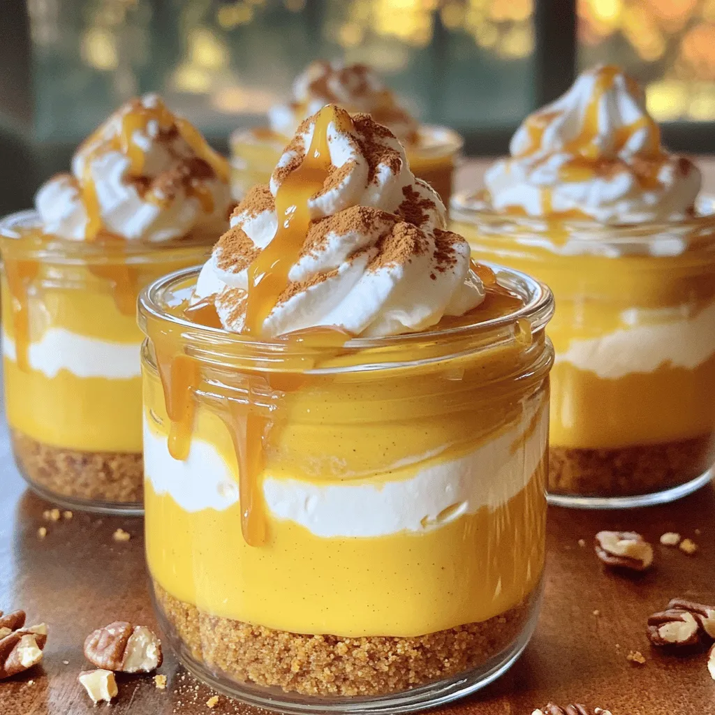 To make these delightful no-bake pumpkin spice cheesecake jars, you need simple and tasty ingredients. Here’s what you’ll need: - 1 cup graham cracker crumbs - 4 tablespoons unsalted butter, melted - 8 oz cream cheese, softened - 1 cup pumpkin puree - 1/2 cup powdered sugar - 1 teaspoon vanilla extract - 1 teaspoon pumpkin spice blend - 1 cup whipped cream (store-bought or homemade) - Extra pumpkin spice for garnish - Optional toppings: Chopped nuts or caramel sauce Each ingredient plays a big role in the taste and texture. The graham cracker crumbs form a crunchy base. The melted butter helps bind them together. Cream cheese gives a rich and creamy filling. Pumpkin puree adds that lovely fall flavor. Powdered sugar sweetens the mix just right. Vanilla extract and pumpkin spice blend bring warmth and depth. Whipped cream makes the filling light and fluffy. Don’t skip the optional toppings! Chopped nuts add crunch, while caramel sauce brings extra sweetness. Enjoy gathering these ingredients. You are on your way to making a delicious treat! 1. Start by taking a medium bowl. Add 1 cup of graham cracker crumbs to it. 2. Melt 4 tablespoons of unsalted butter in the microwave. Pour it into the bowl with crumbs. 3. Mix the crumbs and butter until it looks like wet sand. This is the crust. 4. Take your jars and divide the mixture evenly. Press it down gently at the bottom. You want a nice, firm layer. 1. Take a large mixing bowl. Add 8 oz of softened cream cheese to it. 2. Beat the cream cheese with a mixer until it is smooth and creamy. This step is key. 3. Next, add 1 cup of pumpkin puree, 1/2 cup of powdered sugar, 1 teaspoon of vanilla extract, and 1 teaspoon of pumpkin spice blend. Mix until everything is well combined and smooth. 4. Now, gently fold in 1 cup of whipped cream. You want to keep it light and airy for the best cheesecake texture. 1. Take your jars with the crust. Layer the pumpkin cheesecake mixture over the crust. 2. Fill each jar to about three-quarters full. This leaves room for toppings later. 3. Place the jars in the refrigerator. Let them set for at least 2 hours. This helps the flavors meld together and firm up. Softened cream cheese is key. It helps the filling blend smoothly. If it's cold, your cheesecake may turn lumpy. Take it out of the fridge an hour before you start. This way, it warms up and mixes well. When you fold in the whipped cream, do it gently. Use a spatula and fold slowly. This keeps the air in the whipped cream. The cheesecake stays light and fluffy. Overmixing can make it dense, which is not what you want. You can change up the spices in this recipe. Try adding nutmeg or cinnamon for a twist. You could even use chai spice for a fun flavor. Adding flavor extracts is another option. A drop of almond or maple extract can make a big difference. Just remember to keep the amounts small. You want to enhance the pumpkin flavor, not overpower it. Garnishing your jars adds a nice touch. A sprinkle of extra pumpkin spice on top looks great. A dollop of whipped cream adds creaminess and charm. For special occasions, add chopped nuts or a drizzle of caramel sauce. These toppings not only taste good, but they also make your jars pop. You can also use pretty jars to serve these cheesecakes. Clear jars let the layers show, making them look inviting. {{image_2}} You can swap out cream cheese for Greek yogurt. This change cuts calories and adds protein. The cheesecake will still taste creamy and delicious. For toppings, choose low-sugar options like fresh fruit or a light drizzle of honey. These swaps keep your treat tasty yet healthier. Try other pie fillings, like apple or chocolate, to mix things up. These flavors can give your cheesecake a fun twist. You can also play with spices. Instead of pumpkin spice, consider cinnamon, nutmeg, or even a pinch of ginger. This will create new and exciting flavors in your jars. If you want a vegan version, use dairy-free cream cheese or cashew cream. Both options work well for a creamy texture. For whipped cream, choose coconut whipped cream or almond whipped topping. These choices are tasty and keep your dessert vegan-friendly. To keep your pumpkin spice cheesecake jars fresh, store them in the fridge. Use an airtight container to prevent them from absorbing other smells. They will stay tasty for up to five days. If you want to eat them later, simply take them out when you are ready. You can freeze these cheesecakes if you want to save some for later. First, make sure the jars are sealed well. Place them in the freezer, but avoid stacking too many jars on top of each other. They can stay frozen for up to three months. When you want to enjoy a jar, take it out and let it thaw in the fridge overnight. This way, you keep the creamy texture and flavor intact. Yes, you can make this recipe ahead of time. I suggest preparing the jars a day before you plan to serve them. This gives the flavors time to meld and enhances the taste. Just be sure to store them in the fridge until you are ready to serve. The jars need to chill for at least 2 hours in the fridge. This time allows the cheesecake filling to set properly. If you want a firmer texture, you can leave them in the fridge for up to 4 hours. Absolutely! Homemade whipped cream adds a fresh taste. To make it, whip heavy cream until soft peaks form. Then, gently fold it into the pumpkin filling. This keeps your cheesecake light and fluffy. This blog post shared an easy recipe for pumpkin cheesecake jars. You learned about the ingredients and step-by-step instructions. We covered tips for perfect texture, flavor customization, and presentation ideas. You also saw variations for health, flavors, and vegan options. In conclusion, these jars make a delightful treat for any occasion. Enjoy creating and sharing them with family and friends. Happy baking!