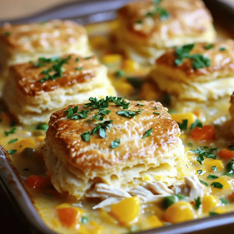 To make a Classic Chicken Pot Pie Casserole, you will need: - 2 cups cooked chicken, shredded or diced - 1 cup frozen mixed vegetables (peas, carrots, corn) - 1 cup chicken broth - 1 cup heavy cream - 1 teaspoon dried thyme - 1 teaspoon garlic powder - 1 teaspoon onion powder - Salt and pepper to taste - 1 cup biscuit mix (like Bisquick) - ¾ cup milk - 1 large egg, beaten - Fresh parsley, chopped (for garnish) These ingredients create a rich and creamy filling, topped with a fluffy biscuit layer. The mix of chicken and veggies makes this dish hearty. You can make your casserole more unique by adding a few extras: - Cooked bacon or ham for a smoky flavor - Fresh herbs like rosemary or dill for more taste - Mushrooms for an earthy touch - Cheese, like cheddar, for a creamy twist These add-ins can change the flavor profile and make it even more tasty. If you want to swap some ingredients, here are some ideas: - Use leftover turkey instead of chicken for a festive twist. - Swap the heavy cream for half-and-half or whole milk if you want a lighter dish. - Use fresh vegetables instead of frozen, but cook them first. - For a gluten-free version, choose gluten-free biscuit mix. These substitutions help you tailor the dish to your needs while keeping it delicious. First, gather your ingredients. You need cooked chicken, frozen mixed veggies, chicken broth, and heavy cream. Add thyme, garlic powder, onion powder, salt, and pepper. These spices add great flavor. Make sure the chicken is shredded or diced. This helps it mix well. In a large bowl, combine the chicken, veggies, broth, and cream. Add the spices next. Mix everything until coated. This step is key for taste. Pour the mixture into a greased 9x13 inch casserole dish. Spread it evenly for best cooking results. Now, in another bowl, mix the biscuit mix, milk, and beaten egg. Stir until just combined. The mix should be lumpy, and that's okay. Spoon the biscuit batter over the chicken filling. Spread it out gently. Avoid mixing them. This keeps the layers nice. Bake in your preheated oven for 30-35 minutes. Look for a golden top. A toothpick should come out clean. Let it cool for a few minutes before you serve. Garnish with fresh parsley for a pop of color. To make your filling pop with flavor, use fresh herbs. Dried thyme works great, but fresh is even better. Mix the chicken with frozen veggies for a quick bite. Make sure to season well with salt and pepper. Use good quality broth for richer taste. I recommend using low-sodium broth to control the salt level. You can also add garlic powder and onion powder for more depth. These spices bring out the best in the chicken and veggies. For a perfect biscuit topping, don’t overmix your batter. Mix until just combined, even if it’s a bit lumpy. This keeps the biscuits fluffy. Use a good-quality biscuit mix, like Bisquick, for best results. The milk and egg add richness and help the biscuits rise. Spoon the batter gently over the filling. Spread it out without blending it in. This way, the topping stays nice and fluffy when baked. One common mistake is overcooking the filling. Bake just until the biscuits are golden brown. If you leave it too long, the filling may dry out. Another mistake is not letting the casserole cool briefly. Cooling helps the filling set up a bit. Also, don’t skip the garnish! Fresh parsley adds color and a fresh taste. Lastly, always taste your filling before baking. Adjust seasoning as needed for the best flavor. {{image_2}} You can easily make a vegetarian version of this dish. Swap the chicken for hearty veggies. Use mushrooms, zucchini, or chickpeas for protein. This mix gives a rich, savory taste. Don’t forget to add your favorite herbs like thyme or rosemary for flavor. The cream and broth can stay the same or use vegetable broth for a lighter touch. This version offers all the comfort without meat. If you want to switch up the meat, try turkey or beef. Shredded turkey works great, especially after a holiday feast. Ground beef can be a fun twist too. Just brown it before mixing with the veggies and sauce. Each meat adds a unique flavor. You can also use rotisserie chicken for quick prep. This way, you save time and still enjoy a delicious meal. Seasonal veggies add variety and freshness. In spring, use asparagus and peas. Summer brings zucchini and bell peppers. Fall lets you add sweet potatoes or squash. Winter is perfect for carrots and root veggies. These options keep your casserole vibrant and exciting. Seasonal ingredients also boost flavor and nutrition. Always choose what’s fresh for the best taste. Mixing up the veggies makes each meal special and fun to share. I love to keep my chicken pot pie casserole fresh for later. First, let it cool completely at room temperature. Then, transfer the leftovers into an airtight container. You can store this in the fridge for up to three days. Make sure to label the container with the date. This way, you’ll know when to eat it again! Reheating is simple and quick. Preheat your oven to 350°F (175°C). Place the casserole in an oven-safe dish. Cover it with foil to keep moisture in. Heat for about 20-25 minutes or until it is warm throughout. You can also use a microwave. Just put a single serving on a microwave-safe plate. Heat for about two minutes, checking every 30 seconds to avoid overheating. Freezing is a great way to save time for busy days. After the casserole cools, portion it into freezer-safe containers. Leave some space at the top, as it may expand. Seal the containers tightly and label them. It can stay frozen for up to three months. When you're ready to eat, thaw it in the fridge overnight before reheating. This keeps the flavors intact and makes it easy to enjoy later! This casserole lasts about 3 to 4 days in the fridge. Make sure to store it in an airtight container. To keep the flavors fresh, let it cool before sealing. If you want to enjoy it longer, consider freezing it instead. Yes, you can make this dish ahead of time. Prepare the filling and store it in the fridge. You can also mix the biscuit batter and keep it separate. When you're ready to bake, just combine them and pop it in the oven. This makes meal prep easy! You can serve a simple green salad on the side. A fresh garden salad adds crunch and balance to the meal. You might also enjoy some bread rolls or garlic bread. These sides complement the rich flavors of the casserole nicely. This blog post covered all you need to know about making a chicken pot pie casserole. I outlined the key ingredients, from essentials to alternatives. We went through step-by-step instructions on prepping and combining everything. I shared tips to enhance flavors and avoid common mistakes. You even learned about tasty variations and storage methods. Enjoy this dish knowing you can customize it to your liking! Cooking can be fun and easy with the right guidance. Happy cooking!