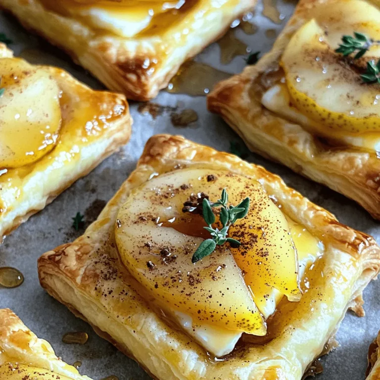 - 1 sheet of puff pastry, thawed - 2 ripe pears, thinly sliced - 4 ounces Brie cheese, sliced - 2 tablespoons brown sugar - 1 teaspoon cinnamon - 1/4 teaspoon nutmeg - 1 tablespoon unsalted butter - 1 tablespoon honey - Fresh thyme leaves for garnish - Egg wash (1 egg beaten with 1 tablespoon water) Gathering these ingredients is simple. Start with puff pastry, which adds that flaky texture. Choose ripe pears for the best flavor. Brie cheese melts wonderfully and pairs nicely with the sweet pears. For spices, brown sugar brings sweetness. Cinnamon adds warmth, and nutmeg gives depth. The unsalted butter helps caramelize the pears, adding a rich taste. Honey drizzled on top enhances sweetness. Fresh thyme leaves add a touch of herbal flavor, making each bite special. Finally, the egg wash will give your tarts a beautiful golden finish. To start, you need one sheet of puff pastry. Thaw it by leaving it in the fridge for a few hours. When it is soft, roll it out on a floured surface. Aim for a rectangle about 1/8 inch thick. Then, cut the dough into four equal squares. Each square will be the base of your tart. Next, melt one tablespoon of unsalted butter in a skillet over medium heat. Once the butter is hot, add two ripe pears that you have thinly sliced. Sprinkle in two tablespoons of brown sugar, one teaspoon of cinnamon, and a pinch of nutmeg (1/4 teaspoon). Stir the pears for about 5-7 minutes. They should become soft and caramelized. This step adds a sweet and rich flavor to your tarts. Now, it’s time to put everything together. Place sliced Brie cheese within the border of each pastry square. Once the cheese is in place, spoon the caramelized pears evenly on top. This layering builds a great flavor combo. For a beautiful finish, brush the edges of the puff pastry with an egg wash made from one beaten egg mixed with a tablespoon of water. Preheat your oven to 400°F (200°C). Once your tarts are assembled, place them on a parchment-lined baking sheet. Bake the tarts for 20-25 minutes. Keep an eye on them until the pastry is puffed and golden brown. When they come out of the oven, drizzle some honey on top. For a fresh touch, sprinkle some thyme leaves before serving. Choosing ripe pears is key. Look for pears that yield slightly when pressed. Varieties like Bartlett or Bosc work best. They are sweet and soft. For cooking, heat unsalted butter in a skillet. Add sliced pears, brown sugar, cinnamon, and nutmeg. Stir gently and watch them closely. Cook for about 5-7 minutes. You want them tender and golden. The sugar creates a nice glaze. To avoid soggy bottoms, keep the pastry cold. Work quickly. Roll it out on a floured surface. Score a border without cutting through. This helps the edges rise. For flaky pastry, brush the edges with an egg wash. This gives a beautiful golden color. Bake at 400°F for best results. Pair these tarts with a light white wine. A crisp Sauvignon Blanc or a sweet Riesling works well. It balances the richness of the Brie. Try alternate toppings like walnuts or arugula. They add crunch and freshness. You can also drizzle more honey for extra sweetness. Enjoy! {{image_2}} You can swap the Brie cheese for other tasty options. Goat cheese works well. It has a tangy flavor that pairs nicely with pears. Feta cheese is another choice. It adds a crumbly texture and a salty kick. Both cheeses can give your tarts a new twist. You can change the fruit in your tarts for variety. Apples are a great substitute. They caramelize nicely and add sweetness. Peaches are another fun option. They bring a juicy flavor that complements the cheese well. Experiment with these fruits for a different taste. For those with dietary needs, there are easy adjustments. You can make vegan tarts by using plant-based cheese. There are many brands that melt well. For a gluten-free version, use gluten-free puff pastry. This way, everyone can enjoy these delicious treats! To keep your tarts fresh, store any leftovers in the fridge. Place them in an airtight container. This helps prevent the pastry from getting soggy. You can also use a covered plate. Just make sure to cover it well. Enjoy your tarts within three days for the best taste. When reheating, use the oven for the best results. Set your oven to 350°F (175°C). Place the tarts on a baking sheet for even heat. Bake for about 10-15 minutes. This keeps the pastry crispy and warm. Avoid using a microwave, as it can make the pastry soggy. To freeze your tarts, let them cool completely first. Wrap each tart tightly in plastic wrap. Then, place them in a freezer-safe bag or container. They can last up to three months in the freezer. When ready to eat, thaw overnight in the fridge. Reheat them in the oven as mentioned above for best results. Yes, you can prepare the tarts ahead of time. You can make the caramelized pears and assemble the tarts. Store them in the fridge for up to one day. When ready to bake, add the egg wash and bake as directed. This saves time when you want to serve them fresh. You can use several cheeses if you don't have Brie. Goat cheese gives a tangy flavor. Cream cheese works well too, but it is less rich. For a stronger taste, try Camembert. Each cheese will change the tart's flavor a bit, but they all taste great. Absolutely! Frozen puff pastry is a fantastic option. Just thaw it according to the package instructions before using. It saves time and still gives you that flaky, delicious crust. Make sure to roll it out as directed in the recipe. You’ll know the tarts are done when they are golden brown and puffed up. The edges should be crispy, and the cheese should melt nicely. Keep an eye on them during the last few minutes to avoid burning. Pairing sauces can enhance your tarts. A balsamic reduction adds a sweet tang. Honey mustard gives a nice kick. For a sweet option, try a simple fruit glaze. These sauces can add flavor and make your tarts even more fun to eat. In this post, we explored how to make delicious tarts using simple ingredients like puff pastry, ripe pears, and creamy Brie cheese. We discussed key spices, preparation tips, and variations to suit your taste. You can serve these tarts warm or cold, and they’re easy to store and reheat. Remember, cooking should be fun! Adjust the ingredients as you like. Enjoy making these mouth-watering tarts at home. Your friends and family will love them!