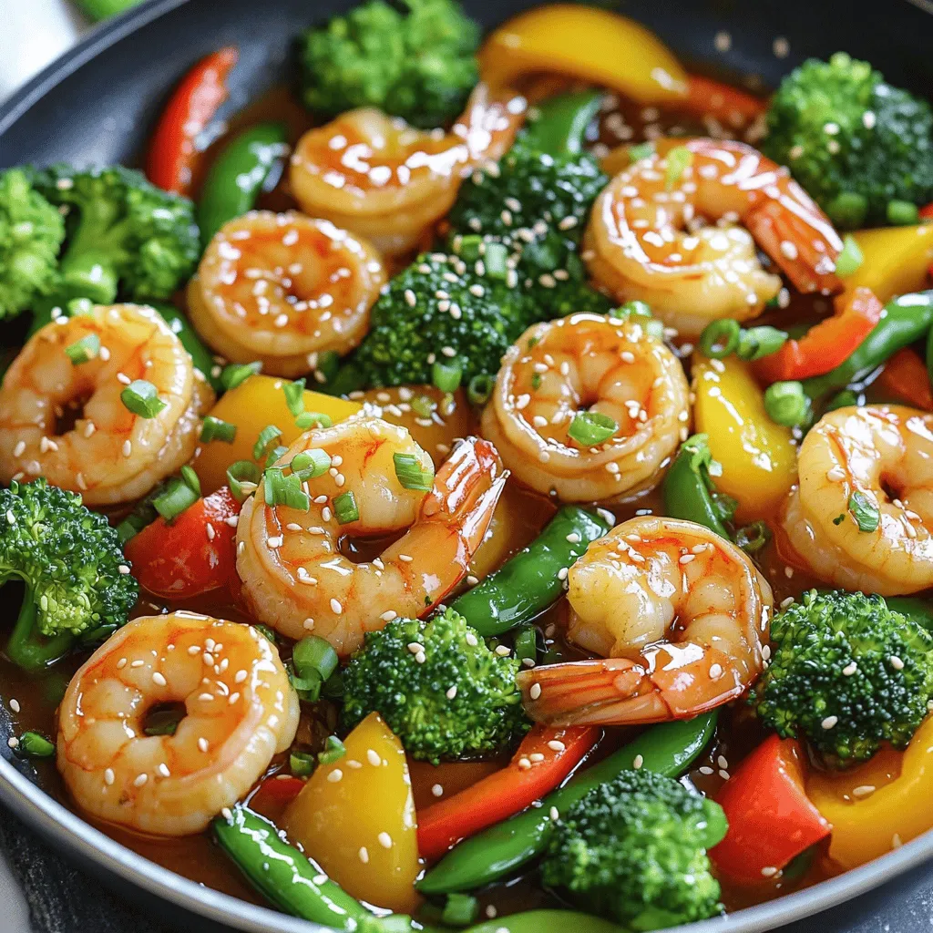 - 1 lb large shrimp, peeled and deveined - 2 tablespoons honey - 4 cloves garlic, minced For the main flavor, you need fresh shrimp. Choose large shrimp for this dish. The honey adds a sweet touch, while garlic gives it a savory kick. This simple combo makes the base for a tasty meal. - 1 bell pepper (red or yellow), sliced - 1 cup sugar snap peas - 1 cup broccoli florets Adding veggies boosts nutrients and color. I love using bell peppers for their crunch. Sugar snap peas add sweetness, and broccoli gives a nice texture. These vegetables complement the shrimp well. - 2 tablespoons vegetable oil - 1 tablespoon sesame oil - Additional seasonings (salt, pepper) You need cooking oil to fry the shrimp and veggies. Vegetable oil works best for high heat. Sesame oil adds a rich flavor. Seasoning with salt and pepper brings all the flavors together. These ingredients make for a fast and flavorful meal. Gather them all before you start cooking for the best results! - First, make the honey garlic sauce. In a small bowl, mix: - 2 tablespoons honey - 4 cloves garlic, minced - 2 tablespoons soy sauce - 1 tablespoon fresh ginger, grated - Set the sauce aside. - Next, prep the shrimp and vegetables. Peel and devein 1 pound of shrimp. Slice 1 bell pepper and measure 1 cup each of sugar snap peas and broccoli florets. - Heat 2 tablespoons of vegetable oil in a large skillet over medium-high heat. - When the oil is hot, add the shrimp. Season with salt and pepper. - Cook the shrimp for 2 to 3 minutes. They will turn pink and opaque. Remove the shrimp and set aside. - In the same skillet, add the broccoli, bell pepper, and sugar snap peas. - Stir-fry the veggies for about 4 to 5 minutes. You want them tender-crisp. - Return the cooked shrimp to the skillet with the veggies. - Pour the honey garlic sauce over everything. - Add 1 tablespoon of sesame oil, stir to combine, and cook for another 2 minutes. Make sure everything is heated through and well coated in the sauce. For the best shrimp, cook them for 2-3 minutes. They should turn pink and opaque. Overcooking makes shrimp tough. Keep an eye on the color for perfect results. To keep your vegetables crisp, stir fry them on high heat. Cook for about 4-5 minutes only. This will help them stay bright and crunchy. Want more spice? Add red pepper flakes or a splash of hot sauce. This will give your dish a nice kick. You can also try a bit of sriracha for extra heat. Use fresh herbs like cilantro or basil. They add a burst of flavor. Chop them and sprinkle on top right before serving. A large skillet or a wok works best for stir frying. The wide surface lets heat circulate well. This helps cook everything evenly and quickly. A good spatula is key to stir frying. Choose one that can handle high heat. This makes it easier to toss and mix your shrimp and veggies. {{image_2}} You can swap shrimp for chicken or tofu. Chicken should be cut into thin strips. Cook it for about 5-7 minutes until golden brown. For tofu, choose firm tofu and cut it into cubes. Sauté it for 4-5 minutes until it’s crispy on the outside. Adjust the cooking time as needed to ensure your protein is cooked through. Many veggies work great in stir fries. You can use carrots, snap peas, or bell peppers. Broccoli is a classic choice, but feel free to get creative. Seasonal vegetables like zucchini or asparagus add freshness and flavor. Just remember to cut them into similar sizes for even cooking. If you need a gluten-free dish, use tamari instead of soy sauce. It has a similar taste and is safe for gluten-free diets. For a low-sodium option, choose low-sodium soy sauce or skip salt altogether. You can still enjoy all the flavors without the extra sodium. To keep your honey garlic shrimp stir fry fresh, place it in the fridge. Use airtight containers for storage. This helps maintain flavor and texture. Cool the stir fry before sealing it. Leftovers last up to three days in the fridge. When reheating, keep the flavor intact. You can use a microwave or stovetop. For the microwave, place the stir fry in a bowl. Heat for 1-2 minutes, stirring halfway. On the stovetop, use low heat in a skillet. Stir gently for about 5 minutes until heated through. If you want to save some for later, freezing works well. First, let the stir fry cool completely. Then, transfer it to a freezer-safe container. It can stay frozen for up to three months. To thaw, move it to the fridge overnight before reheating. How to make shrimp tender and not rubbery? To keep shrimp tender, do not overcook them. Cook shrimp for just 2-3 minutes. They should turn pink and opaque. If they cook too long, they become rubbery. Always remove them from the heat when they are just done. Can you make this recipe ahead of time? Yes, you can prepare some parts in advance. You can mix the honey garlic sauce and chop the veggies. Store them in the fridge. Cook the shrimp and stir fry just before serving for the best flavor and texture. What can I use instead of honey? If you need a substitute for honey, try maple syrup or agave nectar. Both add sweetness and work well in the sauce. Adjust the amount to taste, as these may vary in sweetness. Are there any substitutions for soy sauce? Yes, you can use tamari for a gluten-free option. Coconut aminos are another great choice if you want a lighter flavor. Both options work well in this stir fry. Best sides to serve with Honey Garlic Shrimp Stir Fry Serve this dish with steamed rice or quinoa for a filling meal. You can also add a side of spring rolls for extra crunch. A simple cucumber salad pairs nicely too. How to make a meal out of this dish? To make this a full meal, add a protein-rich side like fried tofu. You can also include a mixed green salad. This way, you balance flavors and nutrients on your plate. Honey garlic shrimp stir fry combines fresh shrimp, vibrant veggies, and sweet sauce. You learned the best ingredients, cooking steps, and storage tips to enjoy this dish. Don't hesitate to get creative with proteins or veggies. The stir fry is easy to adjust and great for any meal. Following these steps ensures a tasty, quick dinner. Try it out, and impress yourself and others with your cooking! Enjoy every bite.