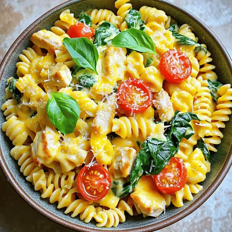 - 2 cups fusilli pasta - 1 lb boneless, skinless chicken breasts, diced - 1 tablespoon olive oil - 1 teaspoon garlic powder - 1 teaspoon onion powder - 1 teaspoon Italian seasoning - 2 cups spinach, roughly chopped - 1 cup cherry tomatoes, halved - 1 cup heavy cream - 1 ½ cups shredded mozzarella cheese - ½ cup grated Parmesan cheese For this cheesy chicken pasta, the ingredients shine through. First, you need the fusilli pasta. It twists and holds sauce well. Next, the boneless chicken breasts bring protein and flavor. Don’t forget the olive oil; it helps brown the chicken. Seasonings are key for taste. I use garlic powder and onion powder for depth. Italian seasoning adds a classic touch. Fresh spinach gives color and nutrition. Cherry tomatoes bring sweetness and a pop of flavor. Creamy sauces are what make this dish special. Heavy cream creates richness. I mix in shredded mozzarella for gooeyness and grated Parmesan for a salty bite. These ingredients come together to make a dish that is both simple and satisfying. - Bring a large pot of salted water to a boil. - Add 2 cups of fusilli pasta to the boiling water. - Cook the pasta until it is al dente, according to package instructions. - Drain the pasta and set it aside for later. - In a large skillet, heat 1 tablespoon of olive oil over medium heat. - Add 1 pound of diced chicken breasts to the skillet. - Season the chicken with 1 teaspoon of garlic powder, 1 teaspoon of onion powder, and 1 teaspoon of Italian seasoning. - Sprinkle in salt and pepper to taste. - Cook the chicken until it is browned and cooked through. This takes about 7-8 minutes. - Stir in 2 cups of roughly chopped spinach and 1 cup of halved cherry tomatoes. - Cook for an additional 2-3 minutes. This allows the spinach to wilt and the tomatoes to soften. - Pour in 1 cup of heavy cream and bring the mixture to a gentle simmer. - Simmer for about 3-4 minutes, stirring occasionally. - Reduce the heat to low. - Gradually add 1 ½ cups of shredded mozzarella cheese and ½ cup of grated Parmesan cheese. - Stir until both cheeses are melted. This creates a creamy sauce. - Add the drained pasta to the skillet with the sauce. - Toss the pasta with the sauce to coat it thoroughly. - Heat everything through for about one more minute. - Serve the pasta in shallow bowls for a lovely presentation. - Garnish with fresh basil leaves for a pop of color. - Sprinkle extra Parmesan cheese on top for added flavor. To make a smooth sauce, start with low heat. This helps to mix the cream and cheese well. Stir often to avoid lumps. If the sauce is too thick, add a splash of milk or broth. For the best cheese melt, use room temperature cheese. This helps it blend nicely. Gradually add the cheese while stirring. This method keeps the sauce creamy. To keep your chicken juicy, do not overcook it. Cook until the outside is golden and the inside is no longer pink. Use a meat thermometer to check for doneness; aim for 165°F (75°C). For seasoning, try adding smoked paprika or a pinch of cayenne pepper for a kick. You can also use fresh herbs like thyme or rosemary for a fresh taste. To stop pasta from sticking, stir it often in the boiling water. Make sure to use plenty of salted water. This adds flavor and helps keep it from clumping. To achieve al dente pasta, cook it just until firm but not hard. Check the package for cooking time, then taste a piece a minute before it’s done. This way, you'll get the perfect texture every time. {{image_2}} You can change the pasta type to suit your taste. Here are some ideas: - Penne: This shape holds sauce well. - Rotini: Its twists grab cheese and sauce nicely. - Zucchini Noodles: Great for a low-carb option. For cheese, try these alternatives: - Cheddar: Adds a sharp flavor. - Gouda: Gives a creamy, smoky taste. - Feta: Adds a tangy bite. If you need gluten-free options, use these: - Gluten-free Fusilli: Many brands offer good texture. - Chickpea Pasta: A protein-rich choice. For dairy-free options, consider: - Coconut Milk: Gives a creamy texture. - Nutritional Yeast: Offers a cheesy flavor without dairy. To make your dish more exciting, add spices like: - Cayenne Pepper: For a spicy kick. - Paprika: Adds a smoky flavor. You can also mix in different vegetables: - Bell Peppers: Add color and crunch. - Mushrooms: They bring earthiness to the dish. - Broccoli: Adds a nutritious crunch. These variations let you customize your cheesy chicken pasta. Enjoy experimenting with flavors! To keep your cheesy chicken pasta fresh, store it in an airtight container. Make sure the pasta cools down before sealing. This step helps prevent moisture buildup. In the fridge, it lasts up to three days. If you want to keep it longer, freezing is a great option. You can reheat pasta in a few ways. The microwave is quick; just cover it and heat in short bursts. Stir between each burst to heat evenly. You can also use the stovetop. Add a splash of water or cream to keep it moist. Heat it gently over low heat, stirring often. Yes, you can freeze cheesy chicken pasta! Make sure it’s in a freezer-safe container. It lasts well for about two months. To thaw, move it to the fridge overnight. Reheat it as mentioned above, adding a little cream or milk to restore creaminess. You can serve cheesy chicken pasta with a side salad. A simple green salad works well. Garlic bread is another great choice. You can also pair it with roasted vegetables for a healthy twist. Consider a light, zesty dressing to balance the richness of the dish. Yes, you can make this recipe ahead of time. Cook the pasta and chicken, then combine them with the sauce. Store it in an airtight container. Just reheat it when you are ready to eat. It’s best to add fresh spinach and tomatoes right before serving for the best texture. To keep your cheese sauce smooth, avoid high heat. Always melt the cheese on low heat. Stir it in gradually to help it blend well. Using freshly grated cheese can also help it melt evenly. Lastly, make sure to stir often to keep the sauce creamy. Fusilli pasta is perfect for this dish. Its spiral shape holds the sauce well. You can also use penne or rotini if you prefer. Both will work nicely and add a different texture. Just make sure to cook according to package instructions for the best results. This blog post covered how to make a delicious cheesy chicken pasta dish. We talked about the key ingredients, step-by-step instructions, and helpful tips. You learned how to perfect the sauce and cook the chicken. Also, we explored variations and ways to store leftovers. Remember, cooking can be fun and simple. Try new flavors and enjoy every bite of your dish. Happy cooking!