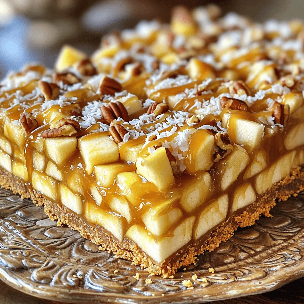 - 2 cups graham cracker crumbs - 1/2 cup unsweetened shredded coconut - 1/2 cup almond butter (or peanut butter) - 1/4 cup maple syrup - 1 teaspoon cinnamon - 2 medium apples, peeled and diced (preferably Granny Smith) - 1 cup caramel sauce (store-bought or homemade) - 1/2 cup chopped pecans (optional) - 1/4 teaspoon sea salt You will find these ingredients easy to get. The graham cracker crumbs make a great base. The almond butter adds creaminess, while the coconut gives a nice texture. The apples offer a fresh crunch, and the caramel sauce makes it sweet. - 1/2 cup chopped pecans Adding chopped pecans gives a lovely crunch. They also add a nutty flavor that pairs well with the apples. If you prefer no nuts, feel free to leave them out. - Almond butter can be swapped for peanut butter. - Maple syrup can be replaced with honey or agave syrup. - Granny Smith apples can be traded for Honeycrisp or Fuji apples. These swaps still keep the bars tasty. Adjust based on what you have at home. Each ingredient plays a role in the flavor. So, choose what you like best for your pie bars. To start, gather your ingredients. You need graham cracker crumbs, shredded coconut, almond butter, maple syrup, and cinnamon. In a mixing bowl, combine these ingredients. Mix them until they feel crumbly and well combined. Next, take an 8x8 inch baking dish. Line it with parchment paper, letting the paper hang over the sides. This makes it easy to lift the bars out later. Now, press the crumb mixture into the bottom of the dish. Make sure you pack it tightly. This will form a sturdy crust for your bars. Now it's time to prepare the filling. Take two medium apples and peel them. Then, dice the apples into small pieces, preferably using Granny Smith apples for their tartness. In a separate bowl, toss these diced apples with caramel sauce and sea salt. Make sure the apples are well coated. This mixture will give your bars a sweet and tangy flavor. Once the filling is ready, spread it evenly over the crust in the baking dish. If you want some crunch, sprinkle chopped pecans over the apple layer. Drizzle some extra caramel sauce on top for added sweetness. Cover the dish with plastic wrap. Place it in the refrigerator and chill for at least two hours. This helps the bars firm up. Once set, lift the bars out using the parchment. Cut them into squares or rectangles for serving. Enjoy your delicious no-bake caramel apple pie bars! To make a great crust, use fresh graham cracker crumbs. I like to pulse whole crackers in a food processor. This gives a nice, even texture. Mix the crumbs with coconut, almond butter, maple syrup, and cinnamon. Press this mix tightly into the dish. A compact crust holds up better when you cut the bars. After spreading the apple mix, consider adding toppings. Chopped pecans add a nice crunch. They also bring a nutty flavor that pairs well with the sweet apples. Don't forget the caramel drizzle! A little extra caramel on top makes it look fancy and adds sweetness. You can also sprinkle a pinch of sea salt for balance. For a beautiful finish, serve the bars on a colorful platter. Drizzle more caramel sauce over the top. Add a few apple slices for color. This makes the bars look fresh and inviting. Don't forget to cut them into even squares. This makes for a tidy presentation that impresses everyone. {{image_2}} You can change the nut butter in these bars. Almond butter gives a rich taste. However, you can use peanut butter for a classic flavor. Cashew butter works too. Each butter adds a unique twist. If you want a nut-free option, try sun butter. It has a mild flavor and is safe for schools. While apples are great, other fruits can shine here. Pears are soft and sweet, making a nice swap. Cherries add a tart punch that contrasts well with caramel. You can even try berries for a bright flavor. Mix fruits for an exciting blend. Just remember to keep the fruit chopped small for easy eating. Making these bars vegan is easy. Just switch to maple syrup for sweetening. Use a nut butter without added oils. For gluten-free, choose gluten-free graham crackers. There are many brands that make them. This way, everyone can enjoy these tasty treats. You can make them fit your diet without losing flavor. To keep your no-bake caramel apple pie bars fresh, store them in the fridge. Use an airtight container to keep them protected. If you have leftovers, layer parchment paper between the bars. This will help prevent sticking. Always cover the container tightly to stop moisture from getting in. These bars can last up to five days in the fridge. After that, they may lose their taste and texture. If you notice any changes in smell or look, it's best to throw them out. Always check before you eat! You can freeze these bars for longer storage. Wrap each bar in plastic wrap. Then, place them in a freezer bag or airtight container. They can last for up to three months in the freezer. When you are ready to enjoy them, thaw them in the fridge overnight. This keeps them tasty and fresh! Yes, you can use any apple you like. I often use Granny Smith for their tartness. They give a nice balance to the sweet caramel. Other good choices include Honeycrisp, Fuji, or Gala. Just make sure the apples are firm and fresh. Softer apples may turn mushy in the bars. To keep the apples from browning, you can do a few things. First, soak them in lemon juice for a few minutes. This helps slow down the browning process. You can also toss the diced apples in a bit of caramel sauce right after cutting. This adds flavor and keeps them looking fresh. Absolutely! You can make these bars a day in advance. Just prepare them as the recipe says. Then, cover the dish tightly and place it in the fridge. They will stay fresh and tasty. Just remember to let them sit at room temperature for a few minutes before cutting. Enjoy your sweet treat! We covered how to make tasty caramel apple bars. You learned about key ingredients, optional items, and swaps. The step-by-step guide helped you prepare the crust and filling. Tips on texture and presentation added flair. I shared fun variations and smart storage methods. Now, you can enjoy delicious bars any time. Experiment with flavors and storage ideas. Make these bars your own. Enjoy baking!