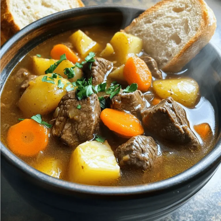 Here’s what you need to make Instant Pot Beef Stew: - 2 pounds beef chuck, cut into 1-inch cubes - 3 tablespoons olive oil - 1 large onion, diced - 3 cloves garlic, minced - 4 medium carrots, sliced - 3 medium potatoes, diced - 2 cups beef broth - 1 tablespoon Worcestershire sauce - 1 teaspoon dried thyme - 1 teaspoon dried rosemary - 1 bay leaf - 1-2 tablespoons cornstarch (optional for thickening) - Salt and pepper to taste Each ingredient plays a key role in making this stew rich and tasty. The beef chuck gives it that hearty flavor, while the vegetables add both texture and nutrition. The broth and Worcestershire sauce bring depth. Using fresh herbs like thyme and rosemary makes the aroma amazing. You can adjust salt and pepper to fit your taste. If you want a thicker stew, cornstarch helps create that perfect texture. Gather these ingredients before you start cooking, and you will be on your way to a delicious meal! Start by setting your Instant Pot to the Sauté mode. Pour in three tablespoons of olive oil. Let it heat up until it shimmers. Now, add the beef cubes in batches. Do not overcrowd the pot. Brown each side for about 3-4 minutes. This step adds rich flavor. Once browned, remove the beef and set it aside. In the same pot, add one diced large onion. Sauté until it turns translucent, about 3-4 minutes. This will soften the onion and release its sweet taste. Next, stir in three minced garlic cloves. Cook for another 30 seconds to bring out the garlic's aroma. Now, add four sliced carrots and three diced potatoes. Mix everything together well. Pour in two cups of beef broth. Add one tablespoon of Worcestershire sauce for depth. Be sure to scrape any browned bits from the bottom of the pot. This helps prevent burning. Return the seared beef to the pot. Now, add one teaspoon of dried thyme, one teaspoon of dried rosemary, a bay leaf, and some salt and pepper. Stir everything to combine. Close the Instant Pot lid and set the valve to sealing. Cook on Manual high pressure for 30 minutes. This will tenderize the beef and blend all the flavors. When the timer goes off, let the pot release pressure naturally for about 10 minutes. After that, switch to quick release for any remaining pressure. If you want a thicker stew, mix one or two tablespoons of cornstarch with cold water. Stir this into the stew. Use the Sauté function to simmer gently until it thickens. Taste and adjust seasoning if needed before serving. Browning the meat is key. It adds a rich taste and depth. When you sear the beef, it locks in juices. This step makes your stew much better. Using fresh herbs can enhance the flavor more than dried ones. Fresh thyme and rosemary bring a bright taste. Dried herbs are fine if fresh is not an option. Just remember, use less dried than fresh. A good rule is to use one-third the amount. To thicken your stew, cornstarch works well. Mix 1-2 tablespoons of cornstarch with cold water. This makes a slurry. Stir it in during the last few minutes of cooking. This method gives a smooth texture. If you want alternatives, try mashed potatoes or pureed beans. Both can thicken the stew without cornstarch. They also add extra nutrition and flavor. Garnish your stew with fresh chopped parsley. It adds color and freshness. You can also add a dollop of sour cream for creaminess. For side dishes, crusty bread is a great choice. It soaks up the stew's rich broth. A simple green salad can also add freshness. Consider serving roasted vegetables for more flavor and texture. {{image_2}} You can swap beef for chicken or pork. Chicken thighs work well, as they stay moist. For pork, choose a shoulder or tenderloin. Both options add unique flavors. Adjust cooking time based on the meat. Chicken usually cooks faster than beef. Use the same method and ingredients for a delicious twist. Feel free to boost your stew with more veggies. Peas and green beans are great choices. They add color and nutrition. You can also try corn or celery. Just chop them into bite-sized pieces. Add them to the pot with the carrots and potatoes. This way, you make the stew even heartier. Spices can change the flavor profile of your stew. Try adding paprika for a smoky taste. A dash of cayenne brings heat. Fresh or dried herbs like basil or oregano can also enhance the dish. Mix and match spices to find your favorite blend. Don’t be afraid to experiment; cooking should be fun! After enjoying your beef stew, let it cool down. Place it in an airtight container. This keeps the stew fresh. Store it in the fridge for up to three days. For best taste, eat it within two days. To freeze your beef stew, use freezer-safe containers. Leave some space at the top, as the stew expands when frozen. Label the container with the date. You can freeze it for up to three months. When you want to eat it, just thaw it overnight in the fridge. Reheat your stew on the stove for best results. Use a medium heat and stir often. If using a microwave, heat it in short intervals. Add a splash of beef broth if it seems thick. This keeps the flavor strong. Always check the stew's temperature before serving. It should reach 165°F to ensure it's safe to eat. Instant Pot beef stew lasts about 3 to 4 days in the fridge. Store it in an airtight container. You can also freeze it for up to 3 months. When you want to eat it, just thaw overnight in the fridge. Reheat it on the stove or in the microwave. Yes, you can cook beef stew on the stove or in a slow cooker. If using the stove, brown the beef in a pot. Then, add the veggies and broth. Simmer for about 2 to 3 hours until tender. In a slow cooker, add everything and cook on low for 6 to 8 hours. Both methods yield a tasty stew! Beef stew pairs well with many sides. Here are some tasty options: - Crusty bread for dipping - Mashed potatoes for extra comfort - Rice for a filling meal - A fresh salad for brightness Feel free to mix and match! This blog post guided you through making a tasty Instant Pot beef stew. You now know the key ingredients, steps, and helpful tips for perfect results. Experiment with different meats and veggies to find your favorite blend. Proper storage and reheating will keep your stew delicious for days. Enjoy your cooking journey and the warm flavors of comfort food!