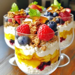 - 2 cups cottage cheese - 1 cup cream cheese, softened - 1/2 cup Greek yogurt The main ingredients create a creamy base for the parfait. Cottage cheese is the star. It gives a rich and smooth texture. Cream cheese adds a lovely creaminess, while Greek yogurt brings tang and a slight tartness. This trio makes the parfait a true delight. - 1/2 cup honey or maple syrup - 1 teaspoon vanilla extract - Zest of 1 lemon Sweeteners bring balance to the creamy base. You can use honey or maple syrup, depending on your taste. Honey adds floral notes, while maple syrup gives a warm flavor. The vanilla extract adds depth, and the lemon zest brightens everything. This combination makes your parfait sing. - 1 cup granola - 1 cup fresh mixed berries (strawberries, blueberries, raspberries) Toppings add texture and flavor to the parfait. Granola gives a satisfying crunch. Choose your favorite mix, or try different varieties. Fresh mixed berries bring sweetness and a pop of color. The berries also add vitamins and nutrients, making this dessert a bit healthier. First, grab a mixing bowl. Add 2 cups of cottage cheese, 1 cup of softened cream cheese, and 1/2 cup of Greek yogurt. Next, pour in 1/2 cup of honey or maple syrup, 1 teaspoon of vanilla extract, and the zest of 1 lemon. Use a hand mixer or blender to blend the mix until it is smooth and creamy. This step is key. You want a texture that is rich but airy. Taste the mixture and adjust the sweetness if needed. You can add a little more honey or maple syrup for extra sweetness. Now, it’s time to build your parfait. Start with the creamy mixture. Scoop a generous layer into the bottom of your serving glasses. Next, add a layer of granola on top of the creamy layer; about 1/4 cup works well. After that, add a layer of fresh mixed berries. You can use strawberries, blueberries, and raspberries. Repeat the layers until you fill the glasses. Make sure to finish with a layer of berries and a sprinkle of granola on top for a nice look. Once your parfaits are layered, it’s time to chill them. Place the glasses in the refrigerator for at least 30 minutes. This chilling time is important. It helps the flavors blend together and improves the taste. Enjoy the wait, as you’ll soon have a delicious treat ready to serve! To make your creamy mixture just right, start with the sweetness. You can taste it after blending. If it needs more sweetness, add honey or maple syrup. Just a little bit can make a big difference. This way, you can adjust it to your taste. For a smooth texture, blend your ingredients well. Use a hand mixer or blender. Blend until it looks creamy and fluffy. You want to avoid any lumps. A smooth mixture makes the parfait taste better. Layering is key to a great parfait. Start with a scoop of the creamy mixture at the bottom. Next, add a layer of granola. Use about 1/4 cup of granola for each layer. Then, pile on fresh mixed berries. Use a mix of strawberries, blueberries, and raspberries for color and flavor. Repeat these layers until you reach the top. Make sure each layer is visible. This adds to the look of your parfait. You want it to be a feast for the eyes as well as the stomach. Presentation makes a big impact. Drizzle honey on top for shine. Add a sprig of mint for a pop of color. This simple touch can elevate your parfait's look. Use clear glasses for serving. These showcase the beautiful layers. When guests see the layers of creamy mixture, granola, and berries, their mouths will water. A beautiful presentation makes every bite even more enjoyable. {{image_2}} You can change the taste of your parfait with fun fruit choices. Try bananas, peaches, or mangoes for a tropical twist. You can also mix berries for a colorful blend. If you want to swap sweeteners, use agave syrup or stevia. Each option can change the taste in a big way. The crunch factor is key. Try different types of granola, like maple or almond. This adds a new flavor and texture. You can also mix in nuts or seeds, like walnuts or chia seeds. They add a nice crunch and boost nutrition. If you want a dairy-free version, use almond or coconut yogurt instead of dairy. For a vegan treat, swap cream cheese for a plant-based option. You can also lower the calories by using low-fat cottage cheese and reducing sweetener. These changes keep the parfait tasty and fun for everyone. To keep your parfait fresh, use airtight containers. Glass jars or plastic containers work well. You can store your parfait in the fridge for up to three days. After that, it may lose its taste and texture. Yes, you can freeze the parfait! However, keep in mind that the texture may change. To freeze, layer the parfait in freezer-friendly containers. Use plastic wrap or foil to cover it well. When you want to eat it, thaw it in the fridge overnight. Avoid microwaving, as this can ruin the layers. Let the parfait chill for at least 30 minutes before serving. This helps the flavors blend well. When you take it out of the fridge, give it a gentle stir. This can help restore the creamy texture before you serve. Yes, you can make this parfait ahead of time. I suggest preparing it a day before serving. This allows the flavors to blend well. Store it in the fridge in an airtight container. It will stay fresh and tasty for up to three days. If you need a substitute for cottage cheese, try ricotta cheese. It has a similar texture and flavor. You can also use silken tofu for a dairy-free option. Cream cheese can work too, but it will change the taste a bit. Yes, this recipe is great for meal prep. You can easily portion it into jars. Layer the ingredients in advance. Just keep the granola separate until you're ready to eat. This way, it will stay crunchy and fresh. You now have a simple and tasty Cottage Cheese Cheesecake Parfait recipe. We covered the key ingredients, step-by-step instructions, and helpful tips. Remember to chill your parfait for the best flavor. Explore variations to match your taste. Store leftovers properly for freshness. Enjoy impressing friends with your delicious creation. You can even make it in advance for easy serving. Get creative and have fun with it!