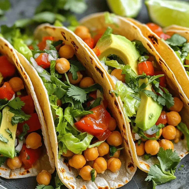 For these tasty tacos, you'll need: - 1 can (15 oz) chickpeas, drained and rinsed - 1 tablespoon olive oil - 1 teaspoon smoked paprika - 1 teaspoon garlic powder - 1 teaspoon cumin - ½ teaspoon chili powder - Salt and pepper to taste - 8 small corn or flour tortillas These ingredients create a great base for the dish. The chickpeas give a nice crunch. The spices add flavor that makes these tacos shine. You can customize your tacos with these tasty toppings: - 1 cup shredded lettuce - 1 cup diced tomatoes - ½ cup diced red onion - ½ avocado, sliced - Fresh cilantro for garnish - Lime wedges for serving These toppings add freshness and color to your tacos. You can mix and match to suit your taste. The lime juice will give a nice zing. You will need a few tools to make these tacos: - Air fryer - Medium bowl - Towel for drying chickpeas - Skillet for warming tortillas Using an air fryer helps achieve that perfect crispy texture. A skillet warms the tortillas quickly, making them soft and easy to fill. First, grab a can of chickpeas. Drain and rinse them well under cold water. This step removes extra salt and makes them taste fresh. Use a towel to pat them dry. This helps them get crispy later. Next, place the chickpeas in a bowl. Drizzle one tablespoon of olive oil over them. Then, add one teaspoon each of smoked paprika, garlic powder, and cumin. Include half a teaspoon of chili powder, plus salt and pepper to your taste. Toss the chickpeas until they are well-coated with the spices. Now, it’s time to air fry! Preheat your air fryer to 400°F (200°C). Once it’s ready, spread the seasoned chickpeas in a single layer in the basket. Cook them for 15 to 18 minutes. Halfway through, shake the basket. This helps the chickpeas cook evenly. They should turn golden brown and crispy when done. While the chickpeas cook, warm your tortillas. Use a dry skillet over medium heat. Heat each tortilla for about 30 seconds on each side. This makes them soft and easy to fold. Once the chickpeas are crispy, it’s time to build your tacos. Place a generous amount of chickpeas on each tortilla. Top with shredded lettuce, diced tomatoes, diced red onion, and slices of avocado. Don’t forget to garnish with fresh cilantro. Serve with lime wedges for a zesty kick. Enjoy your tasty, quick meal! To get crispy chickpeas, start by drying them well. Use a towel to pat them until no moisture remains. This step helps them crisp up in the air fryer. Next, coat them evenly with olive oil and spices. Use smoked paprika, garlic powder, cumin, and chili powder for flavor. Mix them well to ensure every chickpea gets seasoning. When you air fry, spread them out in a single layer. This helps them cook evenly. Shake the basket halfway through cooking. This action helps them crisp on all sides. Warming tortillas is key for soft and tasty tacos. Use a dry skillet over medium heat. Place each tortilla in the skillet for about 30 seconds. Flip it over and warm for another 30 seconds. You want them pliable but not crispy. If you have a large batch, wrap warmed tortillas in a clean towel. This keeps them warm until you are ready to serve. You can easily change the spice levels to fit your taste. If you like it hot, add more chili powder or a splash of hot sauce. For a milder flavor, cut back on the chili powder. You can also mix in fresh herbs like cilantro for added flavor without heat. Always taste your chickpeas before serving. This way, you can adjust the seasoning to your liking. {{image_2}} You can swap chickpeas for other beans. Black beans work well in tacos. They add a rich flavor. Pinto beans are another choice. They are soft and creamy. Kidney beans also taste great. Each bean gives a different texture. Feel free to mix and match to find your favorite. These tacos are already vegan. You can make them gluten-free by using corn tortillas. Check the label to ensure no gluten sneaks in. For a protein boost, add some quinoa or lentils. They are both tasty and healthy. This way, everyone can enjoy the meal. To spice things up, add herbs and spices. Try fresh cilantro or parsley for a fresh taste. A squeeze of lime adds zest. You can also use taco seasoning for a quick fix. If you like heat, add some cayenne pepper or jalapeños. Mix and match to create your perfect taco flavor! To store leftover chickpeas, first let them cool completely. Place them in an airtight container. Refrigerate them for up to three days. You can also freeze chickpeas for longer storage. They will last for about three months in the freezer. When ready to use, just thaw them overnight in the fridge. Assembled tacos do not store well. The tortillas can get soggy. If you have leftover tacos, separate the chickpeas and toppings from the tortillas. Store the chickpeas and toppings in airtight containers. You can keep them in the fridge for up to three days. To enjoy the tacos again, reheat the chickpeas and fill fresh tortillas. Reheat the chickpeas in an air fryer or skillet. For the air fryer, set it to 350°F (175°C) and heat for 5-7 minutes. If using a skillet, heat them over medium heat for 3-4 minutes. Warm tortillas in a dry skillet for about 30 seconds on each side. This will help them become soft and pliable again. Enjoy your tacos fresh and crispy! Yes, you can use canned chickpeas. They save time and still taste great. Just drain and rinse them well. This removes the extra salt and helps with texture. Canned chickpeas work perfectly in this recipe, making it quick and easy. To get chickpeas extra crispy, start by drying them well. Use a towel to pat them dry after rinsing. The less moisture, the crispier they get. Also, make sure to space them out in the air fryer. This allows hot air to circulate. Cook them at 400°F for 15-18 minutes. Shake the basket halfway through for even cooking. If you need substitutes for tortillas, consider lettuce wraps or cabbage leaves. These keep the meal low-carb. You can also try whole-grain or gluten-free tortillas. They work well and still taste great. Pita bread or naan can also be fun alternatives. These tacos are best eaten fresh. However, if you have leftovers, store them in an airtight container. They can last about 2-3 days in the fridge. Keep the chickpeas and toppings separate. This helps maintain the texture. When ready to eat, reheat the chickpeas in the air fryer for a few minutes. Crispy chickpea tacos are not just fun to make; they're tasty too. You learned about key ingredients, optional toppings, and equipment needed. I shared simple steps to prep, air fry, and assemble your tacos. Tips helped you achieve perfect crispiness and flavor. You can even explore fun variations with beans and spice levels. Lastly, I covered how to store and reheat leftovers. Now, you're ready to enjoy delicious tacos anytime!
