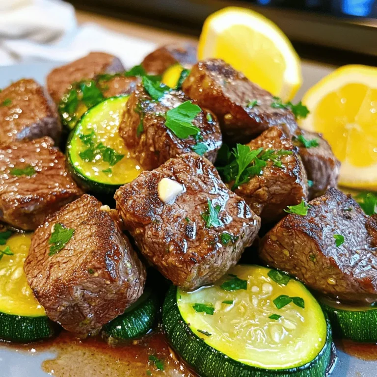 - 1 lb sirloin steak, cut into 1-inch cubes - 2 medium zucchinis, sliced into half-moons - 4 tablespoons unsalted butter The main ingredients for this dish are simple yet full of flavor. Sirloin steak gives a rich taste and tender bite. Zucchini adds a nice crunch and lightness to the meal. Unsalted butter brings everything together with its creamy goodness. - 4 cloves garlic, minced - 1 teaspoon fresh rosemary, finely chopped - 1 teaspoon fresh thyme, chopped - Salt and pepper to taste Seasoning is key to making your steak bites pop. Garlic adds a delicious aroma and taste. Fresh herbs like rosemary and thyme give a great earthy flavor. Don’t forget salt and pepper; they enhance all the other flavors. - 2 tablespoons olive oil - Fresh parsley, chopped (for garnish) - Lemon wedges (for serving) Olive oil adds a nice base for cooking. Fresh parsley makes a lovely garnish and adds a burst of color. Lemon wedges are perfect for adding a zesty kick when serving. This adds brightness to the rich flavors of the dish. Start by cutting the sirloin steak into 1-inch cubes. This bite-sized shape helps the steak cook evenly. Next, slice the zucchinis into half-moons. This shape looks nice and cooks well. Set both the steak and zucchini aside for now. In a bowl, season the steak cubes with salt and pepper. Add half of the fresh rosemary and thyme. Toss everything together to coat the steak well. This step is key for great flavor. Heat a large skillet over medium heat. Add 1 tablespoon of olive oil. When the oil is hot, add the zucchini slices. Sprinkle them with a bit of salt and pepper. Sauté for about 4-5 minutes. You want the zucchini to be tender and lightly browned. Once done, remove the zucchini from the skillet and set it aside. In the same skillet, add another tablespoon of olive oil and increase the heat to medium-high. Once the oil is hot, add the seasoned steak cubes in one layer. You may need to cook them in batches. Sear the steak for about 2-3 minutes on each side. This gives a nice crust while keeping the inside juicy. Remove the steak from the skillet and set aside. Now, lower the heat to medium. Add the unsalted butter and minced garlic to the skillet. Stir it until the butter melts and the garlic becomes fragrant, which takes about 1-2 minutes. This garlic butter is the star of the dish. Return the steak bites and zucchini to the skillet. Gently toss them in the garlic butter. This step helps to coat everything in that rich flavor. Cook for another 1-2 minutes to warm everything through. Transfer the garlic butter steak bites and zucchini to a serving platter. Garnish with fresh parsley for a pop of color. Serve with lemon wedges on the side for a zesty kick. Enjoy this dish hot and fresh for the best taste! - Best skillet for searing: A heavy cast-iron skillet works best. It holds heat well. This helps to get a nice sear on the steak bites. - Tips for perfect doneness: Use a meat thermometer. Aim for 130°F for medium-rare and 145°F for medium. Remember, the steak will cook a bit more after you remove it from the heat. - Alternative cuts of steak: You can use ribeye or tenderloin. These cuts are tender and flavorful. They also sear well, just like sirloin. - Other vegetables to add: Bell peppers, mushrooms, or asparagus all work great. They add color and flavor to your dish. - Additional seasonings: Try adding smoked paprika or chili flakes for a kick. A splash of soy sauce can also boost the umami flavor. - Using different herbs and spices: Fresh basil or parsley can change the flavor. You can also try using dried herbs like oregano or thyme if fresh is not available. {{image_2}} You can switch the steak for chicken or shrimp. Chicken thighs work well in this dish. Cut them into bite-sized pieces. Cook them just like the steak for a tasty meal. Shrimp can also add a nice twist. Use large shrimp and cook them until they turn pink. For a vegetarian option, try using mushrooms or tofu. Portobello mushrooms are a great choice. Slice them thick and sauté until golden. Firm tofu can soak up the garlic butter flavor well. Press it first to remove excess water, making it firmer. Pair these garlic butter steak bites with tasty side dishes. A simple salad or steamed broccoli makes a great choice. You can also serve the dish over rice or pasta. Both options soak up the garlic butter sauce nicely. If you want a heartier meal, consider serving it over mashed potatoes. The creamy texture pairs well with the steak and zucchini. You can add some herbs to the potatoes for extra flavor. For a low-carb meal, skip the rice or pasta. Instead, serve it with extra zucchini or other low-carb veggies. Cauliflower rice is another good choice. It mimics rice but has fewer carbs and calories. If you need a gluten-free option, this dish is already safe. Just check that your seasonings and butter are gluten-free. You can enjoy this meal worry-free, knowing it fits your dietary needs. To store leftover garlic butter steak bites with zucchini, let them cool first. Place them in an airtight container. This keeps them fresh and safe. Make sure to consume leftovers within 3 days. Use glass or plastic containers with tight lids. For reheating, the best method is using a skillet. Heat it on medium-low. Add a splash of olive oil or a bit of butter. Then, add the steak bites and zucchini. Cook gently to warm them through. Avoid high heat to prevent overcooking the steak. It should remain juicy and tender. You can freeze leftovers for later. Store them in freezer-safe containers or bags. Remove as much air as possible. This helps prevent freezer burn. For best taste, use them within 2 months. When ready to eat, thaw in the fridge overnight. This keeps the meat tender and tasty. Yes, you can use frozen steak for garlic butter steak bites. First, thaw the steak in the fridge overnight. If you need it faster, submerge the sealed steak in cold water for about an hour. After thawing, cut it into cubes and season as usual. This process ensures a tender steak with great flavor. To check if your steak is done, use a meat thermometer. Here are the internal temperatures to aim for: - Rare: 120°F (49°C) - Medium rare: 130°F (54°C) - Medium: 140°F (60°C) - Medium well: 150°F (66°C) - Well done: 160°F (71°C) Remember, steak cooks a bit more after you take it off the heat. Keep this in mind when checking for doneness. Yes, you can prep some parts ahead. Cut the steak and zucchini and store them in the fridge for up to a day. You can also mix the garlic butter ahead. Just keep it in the fridge and warm it in the pan when you're ready to cook. This makes dinner quick and easy! Several sides complement garlic butter steak bites nicely. Here are some ideas: - Creamy mashed potatoes - Crisp green salad - Roasted asparagus - Garlic bread - Rice pilaf These sides enhance the meal and add variety to your plate. Enjoy experimenting with different combinations! This recipe combines sirloin steak and zucchini, seasoned with garlic and fresh herbs. Start by preparing and cooking the ingredients. Use the right techniques for cooking and enhancing flavors. Explore variations with proteins and sides to suit your taste. Proper storage and reheating will keep your dish fresh. With these tips, you can enjoy a delicious meal any night. Happy cooking, and enjoy sharing this flavorful dish with friends and family!