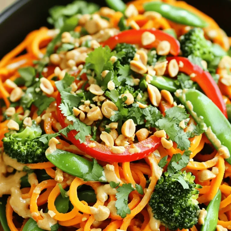 - 2 medium sweet potatoes, spiralized - 1 tablespoon coconut oil - 1 red bell pepper, thinly sliced - 1 cup snap peas, trimmed - 1 cup broccoli florets - 2 cloves garlic, minced - 1 tablespoon freshly grated ginger - 1/4 cup creamy peanut butter - 2 tablespoons soy sauce (or tamari for gluten-free) - 2 tablespoons lime juice - 1 tablespoon maple syrup - 1 teaspoon sriracha (adjust to taste) - Chopped cilantro - Crushed peanuts - Salt and pepper to taste When I make this dish, I love using sweet potatoes. Their natural sweetness pairs perfectly with the salty sauce. I spiralize the sweet potatoes into noodles. It gives a fun twist to the dish. A spiralizer works best, but you can use a peeler if needed. Coconut oil adds a nice flavor. It works well for cooking at high heat. I add garlic and ginger for a fragrant base. The red bell pepper, snap peas, and broccoli add crunch and color. You can change these veggies if you prefer others. For the sauce, I mix creamy peanut butter with soy sauce. Lime juice adds a zesty kick. Maple syrup brings a hint of sweetness, while sriracha gives it some heat. You can adjust the spice to your liking. Finally, I garnish the stir fry with cilantro and crushed peanuts. They add freshness and crunch. Don't forget to season with salt and pepper. Enjoy this colorful, tasty meal! To start, you need to spiralize the sweet potatoes. This makes long, fun noodles. Use a spiralizer to get perfect shapes. If you don’t have a spiralizer, don’t worry! You can use a vegetable peeler. Just peel the sweet potatoes into thin ribbons. Set your noodles aside when finished. Now, let’s make that tasty peanut sauce. In a small bowl, whisk together these ingredients: - 1/4 cup creamy peanut butter - 2 tablespoons soy sauce (or tamari for gluten-free) - 2 tablespoons lime juice - 1 tablespoon maple syrup - 1 teaspoon sriracha Whisk until it’s smooth. You can adjust the spice by adding more sriracha if you like it hot. Set the sauce aside for later. First, heat the coconut oil in a large skillet or wok. Use medium-high heat until the oil looks shiny. Next, add minced garlic and grated ginger. Sauté these for about 30 seconds. This will make your kitchen smell amazing! Then, throw in the sliced red bell pepper, snap peas, and broccoli florets. Stir-fry the veggies for 3-4 minutes. You want them tender but still crisp. Now it’s time for the sweet potato noodles. Add them to the skillet and pour the peanut sauce over everything. Stir well to coat the noodles and veggies. Cook for an additional 3-5 minutes. You want the sweet potato noodles to be tender, but don’t let them get mushy. Finally, taste your dish. Adjust the seasoning with salt and pepper if needed. Remove it from the heat and toss in sliced green onions for a fresh touch. To serve, plate your stir fry. Garnish it with chopped cilantro and crushed peanuts. This adds a nice crunch and flavor! To make the best stir fry, timing is key. Cook your veggies just right. I usually sauté bell peppers, snap peas, and broccoli for about 3-4 minutes. This keeps them crisp and colorful. Sweet potato noodles can turn mushy fast. To avoid this, cook them for only 3-5 minutes. Stir them gently with the sauce until they are just tender. Not a fan of certain veggies? No problem! You can use carrots, zucchini, or even bok choy. Each brings its own flavor and color. If you have a peanut allergy, try sunflower seed butter or almond butter. They work well and taste great too. Want to boost your meal? Adding protein can make it heartier. You can toss in tofu, chicken, or shrimp. Cook them first, then set aside before adding the veggies. Feeling adventurous? Swap the sauce! Try hoisin sauce or teriyaki for a different taste. Just keep the balance of flavors in mind for a tasty dish. {{image_2}} To make this dish gluten-free, use gluten-free soy sauce or tamari. These options give the same great flavor without gluten. You can also swap out regular peanut butter for a gluten-free brand. Check labels to ensure all ingredients fit your needs. To keep this recipe vegan, ensure all your ingredients are plant-based. Use maple syrup instead of honey. Double-check your peanut butter, as some brands may contain animal products. This way, you’ll enjoy a tasty meal that fits a vegan diet. If you like spice, adjust the heat with more sriracha. You can also try chili paste or hot sauce for a different kick. Fresh herbs like cilantro can add a burst of flavor. For even more depth, consider adding crushed red pepper or a dash of curry powder. To keep your Thai peanut sweet potato noodle stir fry fresh, store it in an airtight container. Place the container in the fridge. This dish stays good for about 3 to 5 days. If you want to keep it longer, consider freezing it. When reheating, the goal is to keep the noodles tender and the veggies crisp. For best results, use the stovetop. Heat a bit of oil in a pan, add the stir fry, and toss until warm. If you choose the microwave, heat in short bursts. Stir in between to avoid sogginess. You can freeze sweet potato noodles, but be careful. They can become mushy once thawed. To freeze, place your stir fry in a freezer-safe bag. Remove as much air as possible. For thawing, take it out the night before and leave it in the fridge. When ready to eat, reheat on the stovetop for the best taste and texture. Sweet potato noodles cook faster than regular pasta. They usually take about 3-5 minutes. If you cook them too long, they can turn mushy. Keep an eye on them while cooking. They should be tender but firm. This quick cooking time makes them perfect for stir-fries. Just add them to the pan after the veggies are almost done. Yes, you can use regular pasta. However, there are pros and cons. Regular pasta has a different taste and texture. It also takes longer to cook, about 8-12 minutes. Sweet potato noodles add more nutrition and a slight sweetness. If you need a gluten-free option, sweet potato noodles are great. Think about your dietary needs before choosing. The best way to spiralize sweet potatoes is with a spiralizer. Choose firm sweet potatoes for the best noodles. Cut off the ends to make them easier to spiralize. If you don't have a spiralizer, you can use a vegetable peeler. This will make thin ribbons. Just make sure to cut them evenly for even cooking. You learned how to make a tasty stir-fry using sweet potato noodles and a creamy peanut sauce. We covered the main ingredients, step-by-step cooking instructions, and tips for perfecting your dish. Remember, you can easily swap ingredients to fit your diet or taste. Whether you want a vegan or gluten-free meal, this recipe works well. Enjoy your stir-fry, and don’t be afraid to get creative! Cooking should be fun and tasty for everyone.