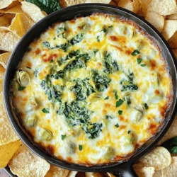 - 1 cup fresh spinach, chopped - 1 cup canned artichoke hearts, drained and chopped - 1 cup cream cheese, softened - 1/2 cup sour cream - 1 cup shredded mozzarella cheese - 1/2 cup grated Parmesan cheese - 2 cloves garlic, minced - 1 teaspoon onion powder - 1/2 teaspoon red pepper flakes (optional, for a kick) - Salt and pepper to taste - Tortilla chips or baguette slices, for serving To start, you need fresh spinach. It adds bright green color and a healthy touch. Next, grab canned artichoke hearts. They give a nice, tender bite. Cream cheese is a must for a smooth base. Sour cream adds creaminess and tang. For that cheesy goodness, use shredded mozzarella. Grated Parmesan brings a salty flavor that enhances the dip. Don’t forget the garlic. It adds a rich aroma. Onion powder gives depth. If you enjoy a bit of heat, add red pepper flakes. Lastly, season with salt and pepper to taste. These simple ingredients come together to create a delicious dip. When serving, tortilla chips or slices of baguette work best. They make for perfect dippers. You will love how this dip brings everyone together. It’s a tasty treat for any gathering. 1. Preheating the oven: Start by preheating your oven to 350°F (175°C). This step is key for getting that perfect, bubbly top. 2. Sautéing garlic: In a medium skillet, heat a teaspoon of olive oil over medium heat. Add minced garlic and sauté for about 30 seconds. You want it fragrant but not burnt. 1. Cooking spinach: Add 1 cup of chopped fresh spinach to the skillet. Cook it until it wilts, which takes about 2 to 3 minutes. Stir it gently to combine with the garlic. 2. Mixing cheese and seasonings: In a large bowl, combine 1 cup of softened cream cheese, 1/2 cup of sour cream, 1 cup of shredded mozzarella cheese, and 1/2 cup of grated Parmesan cheese. Add 1 teaspoon of onion powder, 1/2 teaspoon of red pepper flakes, and salt and pepper to taste. Mix until smooth and creamy. 3. Combining ingredients: Now, fold in the cooked spinach and 1 cup of drained and chopped canned artichoke hearts. Make sure everything is well mixed and coated. 4. Transferring to the skillet: Pour the cheesy mixture back into your skillet. Spread it out evenly so it bakes nicely. 5. Baking to perfection: Place the skillet in your preheated oven. Bake for about 20 minutes, or until the cheese is bubbly and lightly golden on top. Let it cool a bit before serving. Enjoy your Cheesy Spinach Artichoke Dip with tortilla chips or baguette slices. To get that creamy texture, use softened cream cheese. This makes mixing easy. Blend the cream cheese with sour cream and cheeses until smooth. If you want extra creaminess, add a bit more sour cream. Garnishes can elevate your dip. Fresh herbs like parsley or cilantro add color and taste. You can also sprinkle some extra cheese on top before baking for a golden finish. Tortilla chips or baguette slices are the best accompaniments for this dip. They add crunch and make dipping fun. You can also serve it with fresh veggies like carrots and celery for a healthier option. This dip is perfect for game nights, parties, or casual gatherings. It’s a crowd-pleaser that everyone loves. Serve it warm from the skillet for a cozy touch. {{image_2}} You can switch up the cheese for different flavors. Try using goat cheese or feta for a tangy twist. Creamy ricotta also works well if you want a lighter dip. Adding veggies can make the dip even better. You can include chopped bell peppers, mushrooms, or even jalapeños for a kick. These add color and crunch to your dip. Spices can change the whole taste of your dip. You might add smoked paprika for a smoky vibe. A pinch of cayenne pepper can bring some heat. Want to explore different dips? Try adding sun-dried tomatoes for a Mediterranean flair. A dash of pesto can give it an Italian twist. You can even mix in some cooked bacon for a savory surprise. To keep your Cheesy Spinach Artichoke Dip fresh, follow these tips: - Refrigeration: Place leftovers in an airtight container. Keep in the fridge for up to four days. Make sure to cool the dip to room temperature before sealing it. - Freezing Options: If you want to save it for later, you can freeze the dip. Use a freezer-safe container and keep it for up to three months. To thaw, move it to the fridge overnight before reheating. Reheating the dip properly is key to keeping its creamy texture. Here are some methods: - Oven Method: Preheat your oven to 350°F (175°C). Place the dip in a baking dish. Cover it with foil to avoid burning. Heat for about 15-20 minutes until it is warm and bubbly. - Microwave Method: Transfer the dip to a microwave-safe bowl. Heat in short bursts of 30 seconds, stirring in between. This helps to heat it evenly without drying it out. Using these tips will help you enjoy your dip just as much as when it was freshly made! Can I make this dip ahead of time? Yes, you can prepare this dip in advance. Mix the ingredients and store them in the fridge. Bake it when you are ready to serve. This saves time during your gathering. How long does it take to bake? It takes about 20 minutes to bake this dip. You want the cheese to be bubbly and slightly golden. Keep an eye on it as it bakes. What can I serve with Cheesy Spinach Artichoke Dip? Serve this dip with tortilla chips or baguette slices. Fresh veggies like carrots and celery also work well. You can even use pita chips for a fun twist. Is it possible to make this dip healthier? Yes, you can make swaps to lighten it up. Try using Greek yogurt instead of sour cream. You can also use reduced-fat cheese to cut calories. Can I use frozen spinach instead of fresh? Yes, you can use frozen spinach. Just make sure to thaw and drain it well. Excess water can make your dip watery, so squeeze out any liquid before mixing. This blog post covered a delicious Cheesy Spinach Artichoke Dip recipe. You learned about the key ingredients, step-by-step cooking, and helpful tips to make it perfect. We also discussed variations and storage methods for leftovers. Enjoy your dip with tortilla chips or baguette slices! Whether for a party or just a snack, this recipe feels special. I hope these ideas inspire you to dive into your cooking adventure!
