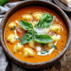 To make Creamy Tomato Basil Gnocchi Soup, gather these simple ingredients: - 1 tablespoon olive oil - 1 medium onion, diced - 3 cloves garlic, minced - 2 cups diced tomatoes (canned or fresh) - 4 cups vegetable broth - 1 teaspoon dried oregano - 1 teaspoon sugar (to balance acidity) - 250g potato gnocchi (store-bought or homemade) - 1 cup heavy cream (or coconut cream for dairy-free) - 1 cup fresh basil leaves, chopped - Salt and pepper to taste - Grated Parmesan cheese (optional, for serving) You can swap some ingredients if needed. Use canola oil instead of olive oil. Yellow onions work well if you can’t find a medium onion. For the tomatoes, any canned variety is fine. You could also use tomato sauce if you prefer. Vegetable broth can be replaced with chicken broth for a non-vegetarian option. If you want a lighter soup, use milk instead of heavy cream. Coconut cream is great for a dairy-free version. Fresh basil is best, but dried basil can work in a pinch. Using fresh ingredients makes a big difference in this soup. Fresh basil adds a vibrant flavor that dried herbs cannot match. Good-quality olive oil enhances the overall taste. If you use fresh tomatoes, they should be ripe for the best results. Quality gnocchi is also important; it should be soft and not too chewy. When you focus on quality, the flavors will shine through, making your soup a hit! First, gather your ingredients. You need olive oil, onion, garlic, tomatoes, vegetable broth, oregano, sugar, gnocchi, heavy cream, basil, salt, and pepper. Make sure everything is ready. This will help you cook faster. Start by heating one tablespoon of olive oil in a large pot over medium heat. Next, add the diced onion and sauté for about five minutes. You want the onion to become soft and clear. Then, add three cloves of minced garlic and cook for another one to two minutes. This will bring out the garlic's nice smell. Now, add two cups of diced tomatoes and four cups of vegetable broth to the pot. Also, stir in one teaspoon of dried oregano and one teaspoon of sugar. The sugar helps balance the tomato's acidity. Bring the mixture to a simmer and let it cook for about ten minutes. Once it simmers, use an immersion blender to blend the soup until it is smooth. If you don't have one, carefully transfer the soup to a blender in batches. After blending, return the soup to the pot. Next, add 250 grams of potato gnocchi. Cook them for three to five minutes. You'll know they are done when they float to the top. Lower the heat and stir in one cup of heavy cream. Let it warm through, but don’t boil it. Finally, add one cup of chopped fresh basil and season with salt and pepper. Stir everything well to combine. Your soup is now ready to serve! To boost flavor in your creamy tomato basil gnocchi soup, use fresh herbs. Fresh basil adds a bright taste that dried herbs can’t match. You can also try adding a pinch of red pepper flakes for a gentle kick. A splash of balsamic vinegar can add depth, too. Another tip is to roast your tomatoes before adding them. This step brings out their sweetness and enhances the overall flavor. Many people skip sautéing the onion and garlic. Don't rush this step! Cooking them until soft builds a great flavor base. Also, avoid boiling the soup after adding cream. High heat can curdle the cream, ruining its smooth texture. Lastly, be careful with seasoning. Taste your soup before adding more salt and pepper. The broth can vary in saltiness, so adjust accordingly. Making this soup ahead is easy! Cook the soup up to the point before you add the gnocchi. Let it cool, then store it in the fridge for up to three days. When you’re ready to eat, just reheat it and add the gnocchi. They will cook perfectly in the warm soup. For freezing, do not add the gnocchi. Freeze the soup base and add fresh gnocchi when you reheat. This keeps everything fresh and tasty! {{image_2}} You can easily make this soup vegetarian or vegan. For a vegetarian version, just stick with the heavy cream. If you want it vegan, use coconut cream instead. It gives a lovely taste and keeps it creamy. You can also add more veggies like carrots or spinach. These add nutrients and make the soup heartier. While gnocchi is great, you can use other pasta types too. Try small shapes like shells or elbows. Cook them separately and add to the soup. You can even use gluten-free pasta if needed. Just ensure they are cooked al dente, so they don’t get too soft in the soup. Feel free to switch up the ingredients based on the season. In the fall, add roasted pumpkin or butternut squash for a sweet touch. In the summer, use fresh corn or zucchini for a light flavor. These changes give a new twist to the classic soup, keeping it exciting all year round! After making this creamy tomato basil gnocchi soup, let it cool down. Pour the soup into an airtight container. Store it in the fridge. It will stay fresh for about three days. This way, you can enjoy it later without losing its flavor. To freeze the soup, use a freezer-safe container. Leave some space at the top for expansion. The soup can last up to three months in the freezer. When you are ready to eat it, thaw it overnight in the fridge. This helps keep the texture nice. Reheat the soup on the stove over medium heat. Stir it often so it warms up evenly. If you find it too thick, add a splash of vegetable broth or water. You can also microwave it. Use a microwave-safe bowl and cover it with a lid. Heat it in short bursts, stirring in between. This keeps the soup warm and tasty. Creamy Tomato Basil Gnocchi Soup lasts about 3 to 4 days in the fridge. Store it in an airtight container. Make sure to cool it down before you put it in the fridge. If you notice any change in color or smell, it is best to throw it out. Yes, you can use frozen gnocchi. Just add them directly to the soup without thawing. The cooking time may be a bit longer, so check them after 5 to 7 minutes. They are done when they float to the top of the soup. This soup pairs well with crusty bread or a fresh salad. You can also serve it with grilled cheese for a classic combo. If you want to keep it light, a simple green salad adds a nice touch. Enjoy your meal with a sprinkle of Parmesan on top for extra flavor! In this article, we explored every aspect of making Creamy Tomato Basil Gnocchi Soup. We covered the essential ingredients, how to prepare and cook, and tips to enhance flavor. We also discussed variations, storage methods, and common FAQs. Remember, the right ingredients make a big difference. Avoid common mistakes, and don’t hesitate to make this dish your own. Enjoy your cooking journey and savor every bite of your creation!