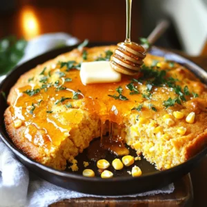 To make Honey Butter Skillet Cornbread, you will need a few simple ingredients. Here’s what you’ll gather: - 1 cup cornmeal - 1 cup all-purpose flour - ½ cup granulated sugar - 1 tablespoon baking powder - ½ teaspoon salt - 1 cup milk - 2 large eggs - ¼ cup unsalted butter, melted - ½ cup honey - ½ cup corn kernels (fresh or canned) - 2 tablespoons additional unsalted butter (for skillet) Each ingredient plays a key role in the dish. The cornmeal gives it a rich flavor and a nice texture. The all-purpose flour helps with the structure. Sugar adds sweetness, while baking powder gives it rise. Salt enhances all the flavors. Milk and eggs create a moist batter. The melted butter adds richness, and honey brings a sweet touch. Lastly, corn kernels add bursts of sweetness in every bite. Gather these ingredients first to ensure a smooth cooking experience. Each item is important, so don’t skip any! Start by preheating your oven to 400°F (200°C). This heat is key for a crispy crust. Place your cast-iron skillet in the oven too. This makes the skillet hot, which helps the cornbread cook evenly. In a large bowl, mix the dry ingredients. Add 1 cup of cornmeal, 1 cup of all-purpose flour, ½ cup of granulated sugar, 1 tablespoon of baking powder, and ½ teaspoon of salt. Use a whisk to combine them well. This step is important for even flavor and texture. In another bowl, whisk together the wet ingredients. Combine 1 cup of milk, 2 large eggs, ¼ cup of melted unsalted butter, and ½ cup of honey. Mix until smooth. This blend adds sweetness and moisture to the cornbread. Now, pour the wet mixture into the dry ingredients. Gently fold them together. Be careful not to overmix; a few lumps are okay. Lastly, stir in ½ cup of corn kernels. This adds a nice texture and burst of flavor. After mixing, take the hot skillet out of the oven. Add 2 tablespoons of unsalted butter to the skillet, swirling it around to coat. Pour the cornbread batter into the skillet and spread it evenly. Place it back in the oven and bake for 20-25 minutes. You want the top to be golden brown. Check with a toothpick; it should come out clean. Once baked, remove the skillet from the oven. Let it cool for a few minutes. This helps the cornbread set. Slice it into wedges and serve warm. Drizzle with extra honey and a pat of butter for extra flavor. Enjoy this sweet and warm treat! To get the best texture, use fresh cornmeal. Fresh cornmeal adds great flavor. Mix your dry and wet ingredients gently. Overmixing can make the cornbread tough. You want a light and fluffy texture. The batter should be slightly lumpy. This helps keep it moist when baked. For even cooking, preheat your cast-iron skillet. A hot skillet helps create a nice crust. Pour the batter into the skillet quickly. This way, it stays hot while baking. Check for doneness by inserting a toothpick. It should come out clean when the cornbread is ready. Serve the cornbread warm for the best taste. Slice it into wedges and drizzle with honey. A pat of butter adds richness. For a pop of color, sprinkle fresh herbs on top. This makes it look and taste even better! Enjoy this tasty treat with your favorite meals. {{image_2}} You can make your cornbread special by adding cheese or spices. Cheese adds a creamy texture and rich flavor. Try sharp cheddar for a bold taste. If you want heat, mix in some jalapeños or chili powder. For a warm touch, add cinnamon or nutmeg. Just remember to keep your cheese to about one cup. This way, the cornbread stays fluffy and delicious. While honey is great, you can try other sweeteners too. Maple syrup gives a unique flavor. Brown sugar can add a deeper taste. For a low-calorie option, use a sugar substitute like stevia or erythritol. Each sweetener will change the flavor a bit, so pick one that fits your taste. No matter what you choose, stay close to the half-cup measurement for the best texture. If you want gluten-free cornbread, it’s easy to swap the flour. Use a gluten-free all-purpose flour blend. Make sure it has xanthan gum in it for the right texture. You can also use almond flour or coconut flour, but these will change the taste and texture. Keep in mind, you may need to adjust the liquid in your recipe. Always check for a good consistency before baking. Store leftover cornbread in an airtight container. It keeps well at room temperature for up to two days. If you want it to last longer, place it in the fridge. It stays fresh for about five days. Make sure to wrap it tightly if you use the fridge. To reheat cornbread, preheat your oven to 350°F (175°C). Place slices on a baking sheet. Heat for about 10-15 minutes until warm. You can also use the microwave. Heat each slice for 15-20 seconds. Add a pat of butter for extra flavor when reheating. You can freeze cornbread for later. First, let it cool completely. Then, wrap slices in plastic wrap and place them in a freezer bag. Remove as much air as possible. Cornbread can last in the freezer for up to three months. To use frozen cornbread, thaw it overnight in the fridge. Reheat it as needed for a warm treat. You can use water, almond milk, or oat milk in place of regular milk. Each option will give a slightly different taste. Just make sure to use the same amount as the recipe calls for. Yes, you can use honey instead of sugar. Use about half the amount of honey as sugar. This will make the cornbread sweet and moist. Adjust for liquid by cutting back on milk slightly. You can check if the cornbread is done by inserting a toothpick into the center. If it comes out clean, it's ready. The top should be golden brown, too. Honey butter cornbread pairs well with chili, soups, or grilled meats. You can also enjoy it with butter and extra honey for a sweet treat. Fresh herbs or a side salad can brighten the meal. Leftover cornbread can last for up to three days if stored in an airtight container. You can also freeze it for up to three months. Just wrap it tightly in plastic wrap before freezing. In this post, we explored how to make delicious cornbread. We covered the ingredients, step-by-step instructions, and helpful tips. Variations add fun twists, while storage info keeps cornbread fresh. I feel confident you'll enjoy making your own cornbread. It offers comfort and flavor. Experiment with different ingredients to find your favorite. Happy baking!