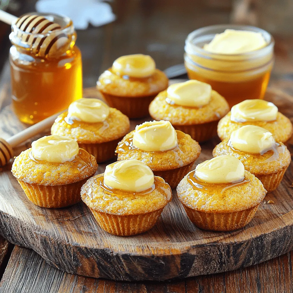 - 1 cup cornmeal - 1 cup all-purpose flour - 1 tablespoon baking powder - 1/2 teaspoon salt - 1/4 cup granulated sugar - 1 cup milk - 2 large eggs - 1/4 cup unsalted butter (melted) - 1/2 cup honey - 2 tablespoons unsalted butter (softened for honey butter) - Additional honey for drizzling Gather these ingredients before you start. Each one plays a key role in making your muffin bites soft and sweet. The cornmeal gives a nice texture, while the flour helps them rise. Baking powder is your leavening agent, making them fluffy. Salt balances the flavors, and sugar adds sweetness. Milk and eggs provide moisture and richness. You melt the butter for flavor and use honey for a sweet touch, especially in the honey butter. - Adding jalapeños for a spicy kick - Including cheese for a savory twist Feel free to mix things up! Jalapeños add heat, making these bites exciting. Cheese can bring a savory depth, perfect for those who enjoy rich flavors. These options let you customize your muffin bites to match your taste. Enjoy exploring different flavors! - First, preheat your oven to 400°F (200°C). - Next, grease your mini muffin tin. This helps the muffins pop out easily. - In a mixing bowl, combine 1 cup cornmeal, 1 cup flour, 1 tablespoon baking powder, 1/2 teaspoon salt, and 1/4 cup sugar. - Stir well to break up any lumps. It’s key to have a smooth mix. - In another bowl, whisk together 1 cup milk, 2 large eggs, and 1/4 cup melted butter. - Make sure it blends well. This mix gives the muffins moisture. - Pour the wet mix into the dry ingredients. - Stir gently until just combined. It’s okay if there are a few lumps; overmixing can make them tough. - Fill each muffin cavity about two-thirds full with batter. - Bake for 12-15 minutes. Look for golden tops. A toothpick should come out clean. - In a small bowl, mix 2 tablespoons softened butter and 1/2 cup honey until smooth. - This honey butter is a sweet touch for your muffins. To make the best cornbread honey butter muffin bites, avoid overmixing your batter. When you combine the wet and dry ingredients, stir until just combined. A few lumps are perfectly fine. This keeps your muffins light and fluffy. Overmixing can make them tough. Check for doneness using a toothpick. Insert it into the center of a muffin. If it comes out clean, your muffins are done. If there’s batter on the toothpick, bake them a bit longer. These muffin bites are best served warm. Drizzle them with honey for a sweet touch. Add a dollop of honey butter on top for extra flavor. The warm muffins soak up the honey and butter, making them a delightful treat. Keep your muffin bites fresh by storing them in an airtight container. They can last for about three days at room temperature. For longer storage, freeze them. Place them in a freezer bag and they can last for up to three months. To reheat, microwave them for about 15-20 seconds. You can also pop them in an oven at 350°F (175°C) for 5-7 minutes. This keeps them soft and warm. {{image_2}} You can change cornbread honey butter muffin bites to match your taste. Adding sweet fruits makes them fun. Try blueberries or chocolate chips for a sweet twist. These add bursts of flavor in each bite. If you want a savory option, think about herbs or spices. Chopped jalapeños give a spicy kick. Adding cheese can create a rich, savory taste. Herbs like thyme or rosemary bring a fresh flavor. For those who avoid gluten, you can use almond flour. This makes a tasty gluten-free muffin bite. Just replace the all-purpose flour with almond flour in equal amounts. If you need vegan options, swap out the eggs and butter. Use flaxseed meal mixed with water as an egg substitute. For butter, try coconut oil or vegan butter. These small changes keep the muffins delicious and friendly for all diets. To keep your cornbread honey butter muffin bites fresh, follow these steps: - Refrigeration: Place the cooled muffin bites in an airtight container. They will stay fresh for up to 5 days. You can also wrap them tightly with plastic wrap for extra protection. - Freezing: For longer storage, freeze the muffin bites. Wrap each bite in plastic wrap, then place them in a freezer-safe bag. They can last up to 3 months in the freezer. When you're ready to enjoy them, thaw overnight in the fridge. Cornbread muffin bites have a few different shelf lives based on how you store them: - Room Temperature: If left out, they stay good for about 1-2 days. Store them in a cool, dry place. - Refrigerated: As mentioned, they last up to 5 days when stored properly. - Frozen: When frozen, they can remain tasty for up to 3 months. Just remember to label the bags with the date to keep track. By following these tips, you can enjoy these delightful treats any time you want! To make cornbread muffin bites, start with mixing the dry and wet ingredients. Combine cornmeal, flour, baking powder, salt, and sugar in one bowl. In another bowl, blend milk, eggs, and melted butter. Pour the wet mix into the dry mix and stir gently. Fill your mini muffin tin and bake at 400°F for 12-15 minutes. Yes, you can use a regular muffin tin. Just fill each cup halfway to avoid overflow. The baking time will change. Bake for about 18-20 minutes instead of 12-15 minutes. Always check for doneness with a toothpick. To reheat, preheat your oven to 350°F. Place your muffin bites on a baking sheet. Heat for about 5-7 minutes until warm. This keeps them soft and tasty. Avoid microwaving, as this can make them tough. Yes, you can prepare the batter a day in advance. Store it in the fridge until you are ready to bake. You can also bake them ahead and store them in an airtight container. They stay fresh for 2-3 days. You can find the full recipe in the recipe section of this article. It includes detailed steps and measurements to guide you perfectly. These cornbread muffin bites are easy to make and full of flavor. We covered the key ingredients, like cornmeal, butter, and optional spices, to customize your muffins. The step-by-step guide ensures great results while tips help perfect your baking. Remember, you can adjust flavors to suit your taste, whether you like sweet or savory. Enjoy these bites warm with honey butter. They make a delightful snack or side. With the right storage, they can last too. Try this recipe today and surprise your family with a tasty treat!