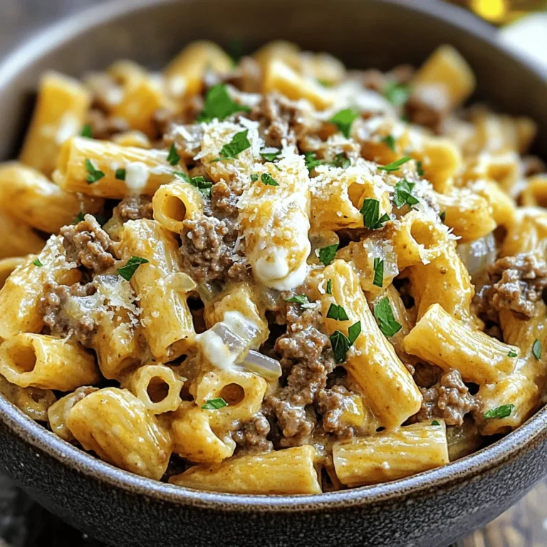 - 8 ounces whole wheat pasta - 1 pound lean ground beef (90% lean) - 1 cup low-fat cottage cheese - 1 cup Greek yogurt - 1 cup beef broth (low-sodium) - 1 tablespoon olive oil - 1 medium onion, finely chopped - 3 cloves garlic, minced - 1 teaspoon Italian seasoning - Salt and pepper to taste - ½ cup grated Parmesan cheese (optional for sprinkling) - Fresh parsley, chopped for garnish For this High-Protein Creamy Beef Pasta, I love using whole wheat pasta. It adds a nice texture and more fiber. Lean ground beef keeps the dish hearty without too much fat. The low-fat cottage cheese and Greek yogurt give us that creamy sauce we crave, while also boosting the protein. Using low-sodium beef broth keeps the flavor rich without too much salt. I sauté the chopped onion and minced garlic in olive oil. This step adds a great flavor base. Italian seasoning brings all the tastes together. Salt and pepper are key for balance. Finally, I like to sprinkle grated Parmesan cheese on top for extra flavor. Fresh parsley makes the dish colorful and fresh. This combination of ingredients makes a quick and easy meal that is also high in protein. It’s simple to gather everything for a delicious pasta dish you can enjoy any day of the week! Start by boiling salted water in a large pot. This salt will help flavor the pasta. Once the water is boiling, add your whole wheat pasta. Cook it according to the package instructions. Aim for al dente, which means it should be firm but not hard. This usually takes about 8-10 minutes. Remember to stir occasionally to prevent sticking. When it’s done, drain the pasta and set it aside. In a large skillet, heat one tablespoon of olive oil over medium-high heat. Add your finely chopped onion. Sauté the onion for about 3-4 minutes until it looks soft. Next, add the minced garlic and cook for one more minute. This will create a lovely aroma. Now, it’s time to add the lean ground beef. Season it with salt, pepper, and Italian seasoning. Cook the beef for about 5-7 minutes until it turns brown. Use a spatula to break it apart as it cooks. Lower the heat to medium-low. Pour in one cup of beef broth and stir well. Now, add one cup of low-fat cottage cheese and one cup of Greek yogurt. Mix everything together until it’s smooth. Let the mixture simmer for about 3-4 minutes. This helps the flavors blend and makes the sauce creamy. Once the sauce is creamy, add the cooked pasta to the skillet. Gently toss everything together until the pasta is well coated in the sauce. Taste it and adjust the seasoning, if needed. You want it to be just right for your palate. Now, your high-protein creamy beef pasta is ready to enjoy! To ensure your pasta is perfectly cooked, start with plenty of salted water. This adds flavor right from the start. Bring the water to a rolling boil. Add the whole wheat pasta and stir gently. Cook according to package instructions, aiming for al dente. This means the pasta should be firm to the bite. Drain the pasta but save a bit of the cooking water. This can help adjust the sauce later. To achieve the right creaminess in your sauce, first keep the heat low when adding your ingredients. The cottage cheese and Greek yogurt should blend smoothly. Stir constantly to prevent lumps. If the sauce is too thick, use a splash of the reserved pasta water to loosen it up. This keeps everything creamy and delightful. For visual appeal, serve the creamy beef pasta in deep bowls. The sauce clings to the pasta, making it look rich and inviting. Garnish with fresh parsley for a pop of color. A sprinkle of grated Parmesan cheese adds a touch of class. Drizzle with a little olive oil before serving for an elegant finish. Pair this dish with a simple green salad or crusty bread. These sides complement the creamy pasta. They also make your meal more filling and balanced. To include additional protein sources in your dish, consider adding beans or lentils. These ingredients blend well with the sauce and boost nutrition. You can also top your pasta with chopped nuts for added texture and protein. To make this meal even healthier, use low-sodium beef broth, which cuts down on salt. You can also swap out some ground beef for finely diced vegetables. This not only adds fiber but also enhances the flavors in your dish. {{image_2}} You can switch the beef for ground turkey or chicken. Both options keep the meal lean and tasty. They also offer a different flavor profile that can be nice. For a vegetarian twist, try plant-based proteins like lentils or chickpeas. They add protein and fiber while keeping the dish rich and filling. If you're looking for dairy-free options, you can use coconut milk or cashew cream. These will keep the sauce creamy without dairy. You can also add vegetables like spinach or bell peppers into the sauce. This adds color, flavor, and extra nutrients. While whole wheat pasta is a great choice, you can try other types like penne or rotini. Each pasta shape holds sauce differently, giving you a new experience. For gluten-free options, use rice or chickpea pasta. These swaps keep the dish delicious while meeting dietary needs. Always cool the pasta dish before storing. Place the creamy beef pasta in an airtight container. This keeps moisture in and prevents drying out. Store it in the fridge for up to three days. Make sure to label the container with the date. To keep the pasta creamy, reheat it gently. Use the stove over low heat. Add a splash of beef broth or water to help restore creaminess. Stir often to prevent sticking. You can also use the microwave. Heat in short bursts, stirring in between. This helps it warm evenly. You can freeze the creamy beef pasta for later use. Divide it into portions and place in freezer-safe containers. Make sure to leave space for expansion. It can last up to three months in the freezer. When ready to use, thaw it overnight in the fridge. Reheat as mentioned above for the best texture. To boost protein, consider adding these ingredients: - Chopped chicken breast: Lean and packed with protein. - Tofu or tempeh: Great for a plant-based option. - Beans or lentils: They mix well and add fiber too. - Protein powder: Stir in a scoop of unflavored protein for a quick fix. Using these options can make your dish more filling and nutritious. Yes, you can use regular pasta. Here are some points to think about: - Flavor: Regular pasta may be milder in taste. - Texture: Whole wheat pasta has a nuttier flavor and chewier texture. - Nutritional value: Whole wheat pasta has more fiber and protein. If you prefer regular pasta, just know you might miss out on some nutrients. If you have dietary restrictions, try these alternatives: - Ricotta cheese: Similar texture and taste, but richer. - Greek yogurt: Adds creaminess and more protein. - Silken tofu: Blends smoothly for a vegan option. These swaps help maintain creaminess while catering to your needs. To check pasta for doneness, look for these signs: - Texture: It should be firm but not hard. - Bite: When you bite, it should have a slight chew. - Color: It should be a light yellow, not cloudy. If you see these, your pasta is ready to be drained and tossed into the sauce! This blog post guides you through making a delicious and healthy pasta dish. We covered key ingredients like whole wheat pasta and lean ground beef. I detailed the step-by-step cooking process and shared tips for perfect texture and flavor. You can explore variations based on your needs, plus smart storage methods for leftovers. Remember, cooking can be flexible. Enjoy personalizing this dish while keeping it healthy and tasty! Now, get cooking and savor your creation!
