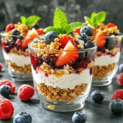 - 2 cups cottage cheese - 1 cup mixed berries (strawberries, blueberries, raspberries) - 2 tablespoons honey or maple syrup - 1 teaspoon vanilla extract - 1/2 cup granola (your choice) - Mint leaves for garnish (optional) You will need simple ingredients for a tasty Cottage Cheese Berry Parfait. Cottage cheese gives a creamy base. Mixed berries add color and flavor. Honey or maple syrup sweetens the dish. The vanilla extract brings warmth. Granola adds a crunchy layer. - Other berries like blackberries or cherries - Yogurt for a creamier texture - Nuts or seeds for extra crunch - Coconut flakes for a tropical twist Feel free to mix things up! You can use other berries or even yogurt. Nuts or seeds give a nice crunch. Coconut flakes add a fun flavor. - Mixing bowl - Spoon or spatula - Serving glasses or bowls - Measuring cups and spoons You need basic kitchen tools. A mixing bowl helps you blend the cottage cheese. Use a spoon for layering. Serving glasses make it pretty. Measuring cups and spoons ensure you get the right amounts. Start by gathering your ingredients. You need cottage cheese, honey or maple syrup, and vanilla extract. In a mixing bowl, add 2 cups of cottage cheese. Next, pour in 2 tablespoons of honey or maple syrup. Then, add 1 teaspoon of vanilla extract. Mix everything with a spatula until smooth and blended. This creamy mixture is the base of your parfait. Now it's time to layer your parfaits. Grab some serving glasses or bowls. Begin by adding a generous spoonful of the cottage cheese mixture to the bottom. Smooth it out for an even base. Next, take 1 cup of mixed berries. You can use strawberries, blueberries, and raspberries. Place a colorful layer of berries on top of the cottage cheese. This makes the parfait look fresh and inviting. Then, sprinkle 1/2 cup of granola over the berries. This adds a nice crunch. Repeat these layers until your glasses are full. Finish with a layer of berries on top, followed by a sprinkle of granola. For a final touch, consider garnishing your parfaits with fresh mint leaves. This adds a pop of color and a hint of freshness. Serve your Cottage Cheese Berry Parfaits right away for the best taste. They are perfect for breakfast or a light snack. Enjoy the burst of flavors and textures in every bite! To make the perfect parfait, start with fresh ingredients. Use creamy cottage cheese for a smooth base. Mix cottage cheese, honey, and vanilla well. This gives a sweet and tasty flavor. Layer carefully in a glass. Begin with cottage cheese, then add berries. Keep layers even for a nice look. Finish with granola for crunch and berries for color. Pair cottage cheese with many fruits. Strawberries bring sweetness, while blueberries add a pop of color. Raspberries offer a tart taste that contrasts well. You can also try bananas or peaches. For a twist, add a sprinkle of cinnamon. This will boost the flavor without extra sugar. Make your parfaits look great! Use clear glasses to show off layers. A tall glass or jar works well. Add a mint leaf on top for a fresh touch. You can also drizzle extra honey on top for shine. Set them on a colorful plate for a nice display. This makes your dish more inviting and fun! {{image_2}} You can change up the fruit in your parfait. Try bananas, peaches, or kiwi. Each fruit adds its own flavor. For a tropical twist, use mango and pineapple. You can also mix in citrus fruits like oranges for a zesty kick. The key is to balance sweet and tart flavors. This keeps each bite exciting. If you want to switch sweeteners, there are many options. Maple syrup works well if you prefer a rich taste. Agave nectar is a great choice for a milder flavor. Stevia or monk fruit can help if you want less sugar. Always taste as you mix, so you find your perfect sweetness. For a dairy-free version, swap the cottage cheese for almond or coconut yogurt. These options give you a creamy texture without dairy. They also add subtle flavors that pair well with fruits. You can still use honey or maple syrup as sweeteners. This keeps your parfait both delicious and healthy, meeting various dietary needs. To keep your parfaits fresh, store them in the fridge. Use airtight containers to prevent air from drying them out. If you make them in advance, it's best to keep the granola separate. This keeps it crunchy. Combine the layers just before serving for the best taste. Cottage cheese berry parfaits last about 2-3 days in the fridge. After that, the berries may start to lose their flavor and texture. Always check for any signs of spoilage. If it smells sour, it's time to toss it. For the best flavor, enjoy them within the first couple of days. You don't need to reheat parfaits. They taste best cold. If you find the granola has gone soft, add a fresh sprinkle on top. This will give you that nice crunch again. If you want, you can mix in a little more honey or syrup for added sweetness. Yes, you can use frozen berries. They work well in this recipe. Just thaw them first. This helps them mix better with cottage cheese. Frozen berries may be softer, but they still taste great. You can also enjoy their rich color and flavor. To lower calories, use low-fat cottage cheese. You can also cut down the honey or syrup. Consider using a sugar substitute if you like sweetness. A smaller amount of granola can help, too. Choose a lighter granola that has fewer calories. These small changes keep the taste while making it healthier. If you need a substitute for cottage cheese, try Greek yogurt. It has a similar texture and is creamy. You can also use ricotta cheese for a different flavor. For a dairy-free option, try tofu blended with a bit of lemon juice. Each option brings a unique taste to the parfait while keeping it nutritious. This blog covered making delicious parfaits using simple ingredients and easy steps. We discussed how to mix cottage cheese, layer your parfait, and add final touches. You learned tips for perfecting flavors and presentation. We also shared different variations, storage tips, and answered common questions. Experiment with your combinations to find what you enjoy most. With these easy recipes and tips, you can create parfaits that excite your taste buds every time.