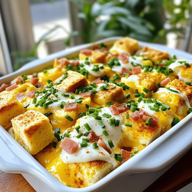 To make Overnight Eggs Benedict Casserole, you need: - 10 large eggs - 2 cups milk - 1 teaspoon Dijon mustard - Salt and pepper to taste - 1 loaf of English muffins, split and toasted - 1 cup cooked Canadian bacon, chopped (or substitute with smoked turkey) - 1 cup shredded white cheddar cheese - 1/2 cup chopped fresh chives - 1/2 cup prepared hollandaise sauce (store-bought or homemade) - 2 tablespoons unsalted butter, melted You can switch some ingredients if you wish. For a lighter option, use egg whites instead of whole eggs. You can replace Canadian bacon with smoked turkey or even sautéed spinach for a vegetarian twist. If you don’t have white cheddar cheese, try using mozzarella or Monterey Jack. For a dairy-free recipe, use almond milk and a plant-based cheese. When choosing eggs, look for ones with bright, hard shells. Fresh eggs have a clean smell and a vibrant yolk. For milk, check the expiration date and opt for organic if you can. Choose English muffins that are soft on the inside and crisp on the outside for the best texture. If you can, get fresh chives from your local market; they add a lovely flavor. Fresh cheese should smell clean and have a smooth texture. Start by gathering your ingredients. You will need 10 large eggs, 2 cups of milk, and 1 teaspoon of Dijon mustard. Add salt and pepper to taste. For the base, grab one loaf of English muffins and toast them. Chop 1 cup of cooked Canadian bacon, or use smoked turkey if you prefer. You’ll also need 1 cup of shredded white cheddar cheese and 1/2 cup of chopped fresh chives. Lastly, get 1/2 cup of hollandaise sauce and 2 tablespoons of melted butter. In a large bowl, whisk together the eggs, milk, Dijon mustard, salt, and pepper until well mixed. Cut the toasted English muffins into small cubes. Place half of these cubes in a greased 9x13-inch casserole dish. Sprinkle the chopped Canadian bacon evenly on top of the muffin cubes. Pour half of the egg mixture over the muffin and bacon layer. This helps the bread soak up the flavors. Now, sprinkle half of the shredded white cheddar cheese and half of the chopped chives on top. Layer the rest of the muffin cubes on this. Then, pour the remaining egg mixture over it, ensuring every piece is moist. Top with the rest of the cheese and chives. Finally, drizzle the melted butter for added taste. Cover the dish with foil and place it in the fridge overnight. This allows the flavors to blend and the bread to absorb the egg mix. The next morning, preheat your oven to 350°F (175°C). Once hot, take the casserole out of the fridge. Bake it covered with foil for the first 30 minutes. This helps set the eggs. After 30 minutes, remove the foil and bake for another 15-20 minutes. You want the top to turn golden and bubbly. Once done, take the casserole out of the oven. Let it cool for a few minutes before slicing. This resting time helps the layers hold together. Slice the casserole into squares and place them on plates. Drizzle each serving with prepared hollandaise sauce for that classic touch. For a pop of color, garnish with fresh chives and a sprinkle of smoked paprika. You can also serve this dish with fresh fruit or a light salad. This adds a nice balance to the rich flavors of the casserole. Enjoy your delicious meal! For a great texture in your casserole, use fresh eggs. Fresh eggs will make your dish fluffy. Use soft English muffins for a nice bite. Toasting them first adds a little crunch. Let the casserole sit overnight. This helps the bread soak up the egg mixture well. To boost flavor, add fresh herbs like chives. They add a nice touch. A little Dijon mustard brings depth to the dish. Consider using smoked turkey for a different taste. If you love cheese, mix in a blend of cheeses. This will elevate your casserole. Don’t skip the overnight soak. This step is key for flavor and texture. Avoid overcooking the casserole. Check it at 30 minutes to see if it's set. Using cold ingredients can lead to a less creamy dish. Make sure all your ingredients are at room temperature for best results. {{image_2}} If you want a meat-free dish, skip the Canadian bacon. Try using sautéed spinach or mushrooms instead. You can also add diced bell peppers for extra flavor. These veggies add color and nutrients without losing taste. Feel free to switch out the Canadian bacon for smoked turkey. You can also use ham or crumbled sausage. If you want a lighter choice, try diced chicken. Each protein brings its own unique flavor to the dish. Cheddar is great, but you can try different cheeses. Swiss cheese adds a nutty flavor. Goat cheese can give a tangy twist. For a creamy option, use cream cheese. Each cheese choice will change the taste of your casserole. To store your leftover Overnight Eggs Benedict Casserole, let it cool down first. Cover it tightly with plastic wrap or transfer it to an airtight container. This keeps the casserole fresh. You can store it in the fridge for up to 3 days. Keep in mind that the longer it sits, the softer it may become. When you're ready to enjoy your leftovers, preheat your oven to 350°F (175°C). Place the casserole in the oven covered with foil. Heat it for about 20-25 minutes until warm. If you prefer the top to be crispy, remove the foil for the last 5 minutes. You can also warm individual slices in the microwave for 1-2 minutes, but the oven gives you the best texture. If you want to save the casserole for later, freezing is a great option! Let it cool completely, then cut it into portions. Wrap each piece in plastic wrap and place them in a freezer-safe bag or container. This keeps your casserole fresh for up to 2 months. When you're ready to eat it, thaw it overnight in the fridge before reheating. Yes, you can skip Canadian bacon. Try smoked turkey or cooked ham instead. Both options taste great in this dish. They will add a nice flavor. If you want a vegetarian version, use sautéed mushrooms or spinach. These will give you a hearty meal without meat. You can store the casserole in the fridge for up to three days. Make sure to cover it well to keep it fresh. If you want to keep it longer, consider freezing it. Just remember to thaw it in the fridge before baking. Yes, you can make this casserole dairy-free. Use almond milk or oat milk instead of regular milk. Choose dairy-free cheese for a creamy texture. Also, look for a dairy-free hollandaise sauce if you want to keep it rich and tasty. This casserole pairs well with fresh fruit or a light salad. Consider serving a side of sliced strawberries or a simple green salad. These options balance the richness of the casserole. You can also add crispy bacon or sausage on the side for a heartier meal. This blog post covered everything you need to know to make a great casserole. We looked at the best ingredients and how to choose fresh ones. You learned step-by-step instructions for preparing, baking, and serving. I shared tips for texture, flavor, and common mistakes to avoid. There are many tasty variations and easy storage tips. Remember, you can adapt the recipe to fit your needs. Enjoy your cooking!